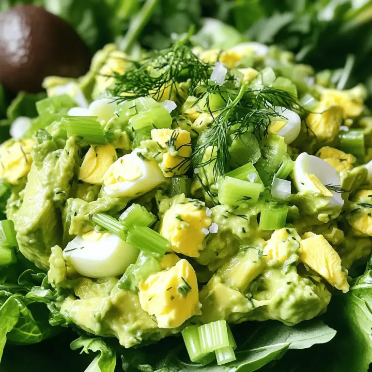 To make a tasty avocado egg salad, gather these simple ingredients: - 4 large eggs - 1 ripe avocado - 2 tablespoons plain Greek yogurt - 1 tablespoon Dijon mustard - 1 tablespoon lemon juice - 2 green onions, finely chopped - 1 small celery stalk, finely diced - Salt and pepper to taste - Fresh dill or cilantro for garnish (optional) These ingredients come together to create a creamy and flavorful dish. Eggs and avocado are both rich in healthy fats and protein. Greek yogurt adds creaminess without excess calories. The mustard and lemon juice give the salad a zesty kick. Onions and celery add crunch and freshness. You can use fresh herbs for an aromatic touch, too. This avocado egg salad is not just easy to make, but it also packs a nutrient punch. You can enjoy it on bread, crackers, or even lettuce wraps. For the full recipe, please refer to Avocado Egg Salad Delight 🥑🥚. To hard boil eggs, place them in a medium saucepan. Cover the eggs with water. Bring the water to a boil. Once boiling, reduce the heat. Let the eggs simmer for about 10-12 minutes. This time is key for a firm yolk. After cooking, remove the eggs from the hot water. Place them in an ice bath for about 5 minutes. This cools the eggs quickly and makes peeling easier. While the eggs cool, take your ripe avocado. Look for one that feels slightly soft but not mushy. Cut the avocado in half and remove the pit. Use a spoon to scoop the flesh into a bowl. Mash the avocado with a fork until smooth. You can leave a few chunks for texture if you prefer. Now, peel the cooled eggs and chop them into small pieces. Add the chopped eggs to the bowl with the mashed avocado. Mix in the Greek yogurt, Dijon mustard, and lemon juice. Stir until everything is well combined. Next, gently fold in the chopped green onions and diced celery. Season with salt and pepper to taste. Taste your salad and adjust seasoning if needed. If you want, add fresh dill or cilantro for a nice touch. You can find the full recipe [here](#). To get a creamy texture in your avocado egg salad, mash the avocado well. Use a fork to break it down until smooth. Mix in Greek yogurt for added creaminess. This yogurt also gives a slight tang that works well with the eggs. You can adjust the salt and pepper to your taste. Start with a pinch of salt and a dash of pepper. Taste it, then add more if needed. For a lovely dish, serve the salad on a bed of fresh greens. This adds color and nutrients. You can also serve it in halved avocado shells for a fun twist. Garnish with fresh herbs for a pop of green. This makes the plate look bright and inviting. Adding fresh herbs can boost the flavor of your salad. Dill and cilantro work really well with avocado. They add a fresh taste that complements the creaminess. Chop herbs finely and mix them in right before serving. You can also sprinkle them on top for a nice touch. {{image_2}} To keep it simple, the classic avocado egg salad uses just a few core ingredients. You need eggs, ripe avocado, Greek yogurt, mustard, lemon juice, green onions, and celery. This version highlights the creamy texture of the avocado. Each bite is rich and satisfying. You can easily adjust the salt and pepper to taste. This recipe is all about comfort and ease. Want some heat? Spice it up with jalapeños or sriracha. Start with the basic classic recipe. After mixing the main ingredients, add finely chopped jalapeños. For a kick, stir in a spoonful of sriracha. Taste as you go to find your perfect balance of flavors. The spiciness pairs well with the cool, creamy avocado. This version is great for those who enjoy bold flavors. Transforming your salad into a wrap is easy and fun. Use a large tortilla or lettuce leaves as your wrap base. Spread a layer of the egg salad in the center. Add fresh veggies like spinach, cucumbers, or bell peppers for crunch. You can also include sliced turkey or chicken for extra protein. Roll it up tightly and slice it in half. This makes a great lunch option! For the full recipe, check out the Avocado Egg Salad Delight. After you make avocado egg salad, store it in an airtight container. This keeps it fresh and tasty. Always place it in the fridge right away. The salad stays good for about 3 days. After that, the avocado may brown, and the eggs may lose their flavor. Can avocado egg salad be frozen? I do not recommend it. Freezing changes the texture of both the avocado and the eggs. They can become watery when thawed. If you still choose to freeze, consider this: only freeze it if you plan to use it within a day or two. Thaw in the fridge before serving. Always check for any off smells or changes in color before eating. To hard boil eggs perfectly, follow these simple steps: - Place the eggs in a medium saucepan. - Cover the eggs with cold water. - Bring the water to a boil over medium heat. - Once boiling, reduce the heat and let them simmer for 10-12 minutes. - After that, remove the eggs and put them in an ice bath for about 5 minutes. This method helps prevent a green ring around the yolk. Ice baths also stop the cooking process, keeping the eggs tender and tasty. Yes, you can make avocado egg salad ahead of time. Here are some tips: - Prepare the salad but store it in an airtight container. - Add lemon juice to prevent browning of the avocado. - Keep it in the fridge for up to 2 days. For the best taste, eat it fresh. But if you need to prep early, this method works well. Yes, there are tasty vegan substitutes. Try these: - Replace the eggs with chickpeas. Mash them to mimic the egg texture. - Use avocado for creaminess, as in the original recipe. - Swap Greek yogurt with vegan yogurt or silken tofu. These swaps keep the dish creamy and delicious while making it plant-based. This blog post gave you a clear guide to make avocado egg salad. We covered ingredients, cooking steps, and tips for the best flavor. Remember to choose ripe avocados and use fresh herbs for a burst of taste. You can also explore variations, like a spicy twist or a wrap. Store leftovers properly so they stay fresh. Whether you enjoy it classic or with a twist, this recipe is a winner. Enjoy your delicious creation and share it with those you love!