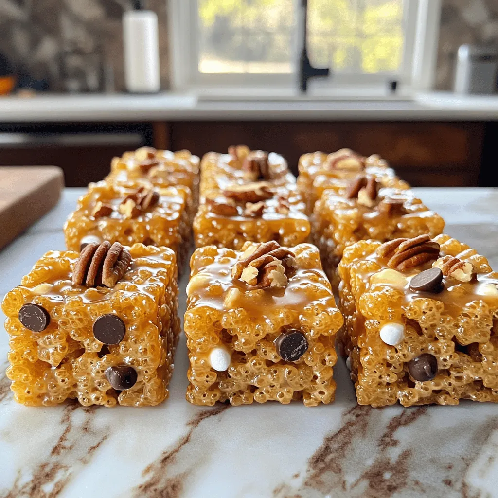 To make Brown Butter Rice Krispie Treats, you need some simple and tasty ingredients. Here’s what you’ll need: - 4 tablespoons unsalted butter - 1 package (10 oz) mini marshmallows - 6 cups Rice Krispie cereal - 1/2 teaspoon vanilla extract - 1/4 teaspoon sea salt - Optional: 1/2 cup chocolate chips - Optional: 1/4 cup chopped nuts (like pecans or walnuts) These ingredients blend together to create a sweet and crunchy treat. The unsalted butter gives a rich flavor, while the mini marshmallows add that classic gooeyness. Rice Krispie cereal brings the crispiness that makes these treats so fun to eat. You can also add chocolate chips or nuts to make them even tastier. The chocolate adds a nice sweetness, and the nuts give a lovely crunch. You can find the full recipe to guide you through the cooking process and help you create these delightful snacks. First, melt the butter in a large saucepan over medium heat. You need to stir it often to keep it from burning. Watch closely as the butter foams. After about 4 to 5 minutes, it will turn golden brown. This step adds a nutty flavor that makes these treats special. Once the butter is browned, lower the heat to low. Add the mini marshmallows to the pan. Stir constantly until the marshmallows melt and blend with the brown butter. You want a smooth mixture without lumps. This is the base of your Rice Krispie treats. After the marshmallows melt, take the pan off the heat. Now, stir in the vanilla extract and sea salt. This step adds depth to the flavor. Mix well to make sure everything combines nicely. Next, gradually add the Rice Krispie cereal to the mixture. Use a spatula to fold it in gently. You want to coat every piece of cereal evenly. This ensures each bite is full of flavor and texture. If you like, now is the time to fold in chocolate chips and chopped nuts. These extras add more flavor and crunch. Mix until they are evenly spread throughout the mixture. Lightly grease a 9x13 inch baking pan with cooking spray. You can also line it with parchment paper for easier removal. Pour the Rice Krispie mixture into the pan. Press it down firmly with your hands or a spatula to create an even layer. Let the treats cool for about 30 minutes. For the full recipe, follow the steps carefully to ensure your Brown Butter Rice Krispie Treats turn out perfectly! To avoid burning your butter, keep the heat at medium. Stir it often. Watch closely for the color change. The butter should turn a lovely golden brown. You’ll know it’s perfect when it has a nutty aroma. This process takes about 4-5 minutes. To prevent hard treats, do not over-press the mixture. Use buttered hands or a spatula. Lightly press down to create a flat layer. For sticky treats, ensure the butter and marshmallows blend well. This helps keep the treats soft and chewy. Want more flavor? Try adding a pinch of cinnamon or a splash of almond extract. For fun mix-ins, consider adding crushed cookies or dried fruit. Chocolate chips or nuts are great for extra texture. Be creative and make your treats unique! For the full recipe, click [Full Recipe]. {{image_2}} You can switch up Rice Krispies for other cereals. Try using Fruity Pebbles for a fun twist. Cornflakes also work well. They give a different crunch and taste. For themed treats, use cereal colors to match events. For Halloween, use orange and black cereals. For birthdays, pick bright, colorful options. These changes can make treats more exciting. Get creative with flavors! Add peanut butter for a nutty taste. You could also mix in cinnamon or coconut. For seasonal fun, try pumpkin spice in fall. In winter, consider peppermint extract for a fresh touch. Sprinkles can add color and a festive feel. These ideas can make your treats stand out. If you need gluten-free options, use gluten-free Rice Krispies. There are many brands that offer these now. For a vegan version, swap butter for coconut oil. Use vegan marshmallows instead of regular ones. These adjustments let everyone enjoy this treat, no matter their diet. To keep your Brown Butter Rice Krispie Treats fresh, store them in an airtight container. This helps prevent the treats from becoming hard or stale. You can also layer them with parchment paper to avoid sticking. Always let them cool completely before storing. For best taste and texture, enjoy your treats within three days. After that, they may become dry or tough. Look for signs of spoilage, like a hard texture or changes in smell. If they smell off, it’s best to toss them. You can freeze these treats for longer storage. To freeze, wrap them tightly in plastic wrap, then place them in a freezer-safe bag. When you're ready to eat, thaw them in the fridge overnight. They may lose some texture, so try to enjoy them fresh when possible. Brown butter has a nutty flavor. You create it by heating butter until it turns golden brown. Regular butter tastes creamy but lacks that deep flavor. This extra step makes a big difference in your treats. You can use margarine, but the flavor will change. Margarine lacks the rich taste of brown butter. If you want the best flavor, stick with real butter. It gives your treats the best taste and texture. Rice Krispie Treats stay fresh for about a week. Store them in an airtight container at room temperature. If you want them to last longer, you can freeze them. Just wrap them well to avoid freezer burn. Yes, you can use alternatives like peanut butter or vegan marshmallows. However, the texture and taste will change. Marshmallows provide sweetness and chewiness that is hard to replace. If you want a different flavor, consider adding some honey or agave. To cut the treats easily, use a sharp knife. Lightly grease the knife to prevent sticking. Let the treats cool completely before cutting. This helps them hold their shape better and makes serving easier. For fun shapes, use cookie cutters! Brown Butter Rice Krispie Treats are simple and fun to make. We covered the essential ingredients and detailed steps, from browning the butter to mixing in extras. I shared tips to help you achieve the perfect texture and delicious flavors. You can even explore different variations to suit your taste. Remember to store your treats properly for the best taste. Enjoy making these treats, and feel free to experiment with new ideas! Your kitchen adventure is just beginning.