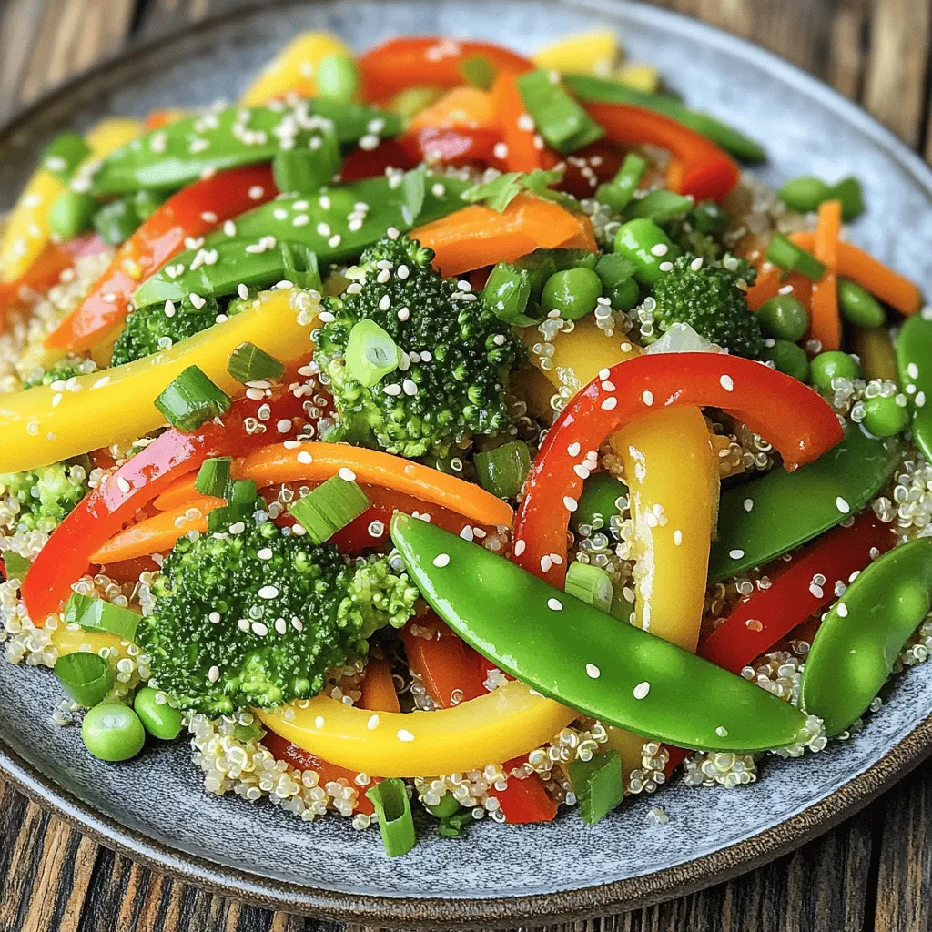 To make Rainbow Veggie Quinoa Stir-Fry, gather these ingredients: - 1 cup quinoa - 2 cups vegetable broth - 1 red bell pepper, sliced - 1 yellow bell pepper, sliced - 1 cup broccoli florets - 1 cup snap peas - 1 carrot, julienned - 1 small red onion, sliced - 3 cloves garlic, minced - 2 tablespoons soy sauce (or tamari for gluten-free) - 1 tablespoon sesame oil - 1 tablespoon olive oil - Salt and pepper to taste - 2 green onions, chopped (for garnish) - Sesame seeds (for garnish) These ingredients bring bright colors and great flavors to your plate. Each one plays a role in the dish's taste and look. You can swap some ingredients if needed. For the quinoa, use brown rice or farro. If you want a different veggie, try zucchini or bok choy. For the soy sauce, coconut aminos or liquid aminos work well too. If you prefer a different oil, avocado oil can be a good choice. You can also skip the sesame oil if you do not have it. Fresh ingredients make a big difference in this dish. They add vibrant colors and crisp textures. Fresh vegetables have better flavor. They also have more nutrients. Using fresh ingredients helps you create a dish that feels alive. Always try to shop for seasonal produce. This way, you not only support local farmers but also enjoy the best taste. Start by rinsing 1 cup of quinoa. This removes bitterness. Use a fine mesh strainer to make this easy. Next, bring 2 cups of vegetable broth to a boil in a medium saucepan. Once boiling, add the rinsed quinoa. Lower the heat to a simmer and cover. Let it cook for about 15 minutes. When done, fluff the quinoa with a fork. Set it aside while you cook the veggies. In a large skillet or wok, heat 1 tablespoon of olive oil over medium-high heat. Add sliced red onion and minced garlic. Sauté them for 2-3 minutes until fragrant. Now, add sliced red and yellow bell peppers, broccoli florets, snap peas, and julienned carrot. Stir-fry these colorful veggies for about 5-7 minutes. Aim for tender-crisp vegetables that still have some snap. After the veggies are cooked, it is time to combine everything. Add the cooked quinoa to the skillet. Pour in 2 tablespoons of soy sauce and 1 tablespoon of sesame oil. Toss all the ingredients together. Make sure everything is heated through, about 2-3 minutes. Season with salt and pepper to taste. Garnish your dish with chopped green onions and sesame seeds before serving. For the full recipe, check out the Rainbow Veggie Quinoa Stir-Fry. Enjoy this bright and healthy meal! To make your stir-fry shine, focus on timing. Start with high heat. This helps to keep the veggies crisp and bright. Cut your veggies into even pieces for uniform cooking. Always add the tougher veggies first, like carrots and broccoli. They need more time to cook. Follow with softer ones like bell peppers and snap peas. Stir often to avoid burning. Using the right tools makes cooking easier. A large skillet or wok is key for stir-frying. The wide surface allows for even cooking. A wooden spatula helps to toss the veggies without breaking them. Don’t forget a good knife for chopping. A cutting board is also a must-have. If you have a lid for your skillet, keep it handy. It can help steam the veggies when needed. Start simple with your seasonings. The soy sauce brings a savory flavor. If you like heat, add chili flakes or sriracha. Always taste as you go. You can adjust the salt and pepper to your liking. Fresh herbs can also brighten up the dish. Try cilantro or basil for a fresh twist. This will make your Rainbow Veggie Quinoa Stir-Fry even more lively and tasty. For the full recipe, check it out [here](#). {{image_2}} You can change the veggies in this stir-fry. Try adding bell peppers in different colors or even zucchini. Carrots add crunch, while mushrooms bring umami. You can also use leafy greens like spinach or kale. Each veggie changes the taste and look. Feel free to mix and match for your favorite combo. To make this dish filling, add some protein. Cooked chicken, shrimp, or tofu work great. You can also use chickpeas or edamame for a plant-based option. Just sauté them with the veggies. This way, you create a balanced meal full of nutrients. If you need a gluten-free option, use tamari instead of soy sauce. It tastes just as good! For a vegan twist, ensure your protein choice is plant-based. This dish is very flexible. You can enjoy it no matter your dietary needs. For the full recipe, check the section above. To store your Rainbow Veggie Quinoa Stir-Fry, let it cool first. Place it in an airtight container. Keep it in the fridge for up to four days. If you want to store it longer, freeze it. Use freezer-safe bags or containers for best results. This method helps keep the flavors fresh. When you're ready to eat, reheating is easy. You can use a microwave or a skillet. For the microwave, place it in a bowl and cover it. Heat for one to two minutes. Stir halfway through for even heating. If you prefer a skillet, add a bit of water or oil. Heat over medium heat for about five minutes, stirring often. Meal prep can save you time during the week. Cook a big batch of quinoa and veggies. Store them separately in the fridge. Mix them together when you're ready to eat. You can also prepare the sauce ahead of time. Just add it when you stir-fry. This makes for quick and healthy lunches or dinners. For the full recipe, check out the entire guide. Yes, you can use other grains. Brown rice or farro work well. They add texture and flavor. Each grain has a unique taste. Adjust cooking times based on the grain you choose. For example, brown rice takes longer to cook than quinoa. Experiment to find what you like best! This stir-fry lasts up to four days in the fridge. Store it in an airtight container. To keep it fresh, allow it to cool down first. Reheat it in the microwave or on the stovetop. If you notice any strange smells or colors, toss it out. Food safety is key! Rainbow Veggie Quinoa Stir-Fry pairs well with many foods. Grilled chicken or shrimp adds protein. You can serve it with a side salad for extra crunch. A light sauce, like sweet chili or peanut, complements the dish nicely. Feel free to mix and match based on your taste. Enjoy exploring flavors! For the full recipe, check out the Rainbow Veggie Quinoa Stir-Fry. This blog post covered how to create a vibrant Rainbow Veggie Quinoa Stir-Fry. We explored key ingredients and their substitutes, emphasizing the need for freshness. The step-by-step guide made cooking simple. I shared tips for perfecting your dish and offered various options for customization. Lastly, we discussed storage and reheating methods to keep your leftovers tasty. Remember, with fresh ingredients and a little creativity, you can make this dish your own. Enjoy your cooking journey!