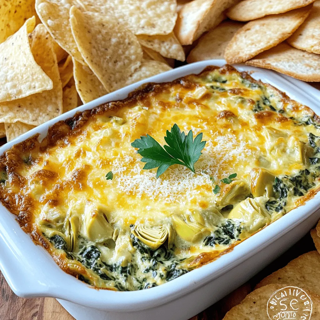 To make the best spinach artichoke dip, you need a few key items: - 2 cups fresh spinach, chopped - 1 cup canned artichoke hearts, drained and chopped - 1 cup cream cheese, softened - 1 cup shredded mozzarella cheese - 1/2 cup grated Parmesan cheese These main ingredients give the dip its creamy texture and rich flavor. Along with the main items, a few more ingredients help enhance the taste: - 1/2 cup sour cream - 1/2 cup mayonnaise These creamy elements add even more richness, making each bite delicious. To really bring out the flavors, add these seasonings: - 2 cloves garlic, minced - 1 teaspoon onion powder - 1 teaspoon red pepper flakes (optional) Garlic and onion powder add depth, while red pepper flakes can add a nice kick. Adjust these to your taste! For the full recipe, check out the details provided above. To start, preheat your oven to 350°F (175°C). This temperature helps the dip bake evenly, making it creamy and delicious. Next, choose a suitable baking dish. A 9-inch pie dish or an 8x8 inch square dish works well. Make sure it’s oven-safe and easy to handle. In a large mixing bowl, combine 1 cup of softened cream cheese, 1/2 cup of sour cream, and 1/2 cup of mayonnaise. Mix until the blend is smooth and creamy. Then, add in 2 cups of chopped spinach and 1 cup of chopped artichoke hearts. Don’t forget to include 2 cloves of minced garlic, 1 teaspoon of onion powder, and 1 teaspoon of red pepper flakes if you like some heat. Stir everything together until it’s well mixed. Finally, fold in 1 cup of shredded mozzarella cheese and 1/2 cup of grated Parmesan cheese. Season with salt and pepper to taste. Once your mixture is ready, transfer it to your chosen baking dish. Spread it out evenly to ensure even cooking. Place the dish in the preheated oven. Bake for 25 to 30 minutes. Keep an eye on it; the dip should be bubbly and golden brown on top. When it’s done, take it out and let it cool for a few minutes before serving. Enjoy every bite of this cheesy goodness! For the complete steps, check the [Full Recipe]. To make your spinach artichoke dip creamy, mix your cheeses well. Combine cream cheese, sour cream, and mayonnaise in a bowl until smooth. This helps avoid lumps. For seasoning, taste as you go. Start with salt and pepper. Add garlic and onion powder for depth. Don't forget the red pepper flakes if you want a little kick. Adjust flavors to your liking. Serve this dip warm. It pairs well with tortilla chips or toasted bread. Both options give a nice crunch. For a pop of color, sprinkle extra Parmesan on top. Add a fresh parsley sprig as a garnish. This makes your dish look fancy. Serve your dip hot from the oven. It stays best at around 350°F. After baking, let it cool for about 5-10 minutes. This helps it set and makes serving easier. You can enjoy it warm or at room temperature. For the full recipe, check out the details above. {{image_2}} To make a vegan version of spinach artichoke dip, you can swap out creamy ingredients. Instead of cream cheese, use cashew cream or silken tofu. These can give you that smooth texture without dairy. For sour cream, try coconut yogurt or a homemade nut-based cream. For cheese, many plant-based cheese options exist. Look for brands that offer vegan mozzarella. These melt well and keep the dip creamy. Nutritional yeast also adds a cheesy flavor and is a great addition. If you're looking for a gluten-free dip, the good news is that most ingredients are already gluten-free. Just ensure that your mayonnaise and any other packaged items are marked gluten-free. This way, you can enjoy the dip without worry. Serve it with gluten-free crackers or fresh veggie sticks. Sliced cucumbers, carrots, or bell peppers make great dippers. They add crunch and freshness to your snack. Want to jazz up your dip? Try adding extra seasonings. A dash of smoked paprika can give it a warm, smoky flavor. A splash of lemon juice brightens up the taste. Fresh herbs like basil or chives can also enhance the flavor profile. You can include other vegetables too. Diced bell peppers or sautéed mushrooms can add texture and taste. Feel free to experiment with what you have on hand. Each addition can create a new twist on this classic dish. For the full recipe, check out the previous section. To store leftovers of spinach artichoke dip, place it in an airtight container. This keeps it fresh. You can enjoy it for up to four days in the fridge. Before serving, check for any signs of spoilage. If it smells strange or looks off, it's best to toss it out. Yes, you can freeze spinach artichoke dip! To do this, let it cool completely. Then, transfer it to a freezer-safe container. It can last for about three months in the freezer. When you're ready to eat it, thaw it overnight in the fridge. For reheating, you can warm it in the oven at 350°F (175°C) until hot. This usually takes about 20 minutes. Stir it occasionally to ensure even heating. The best way to reheat spinach artichoke dip is in the oven. This keeps the top nice and crispy. You can also use a microwave for a quicker option. Just heat it in short bursts, stirring in between, until warm. If you have leftovers, think about adding them to meals! You can spread it on sandwiches, mix it into pasta, or even use it as a topping for baked potatoes. This dip is so versatile and adds flavor to many dishes. Enjoy your cheesy spinach artichoke bliss! For the full recipe, check out the details above. To spice up your dip, add more red pepper flakes. This simple step brings heat and flavor. You can also try other spices, like cayenne pepper or jalapeños. These options add a nice kick without changing the dip's creamy base. Yes, you can prepare this dish ahead of time. Mix all the ingredients and store them in the fridge. Cover the dish tightly to keep it fresh. When you're ready to bake, just pop it in the oven. If you want to reheat it, warm it slowly to keep the texture smooth. This dip is perfect for many occasions. It shines at parties, game days, and family gatherings. Pair it with drinks like wine or beer for a fun touch. It also goes well with other appetizers, like chips, veggies, or bread. Enjoy this dish at any event for a tasty treat! This blog post covered all you need to know about making Spinach Artichoke Dip. We explored the key ingredients, step-by-step instructions, and helpful tips. You learned about variations for different diets and how to store your leftovers. Now, you can prepare a tasty dip for any gathering. With these insights, impress your friends and family with a dish they will love. Don't be afraid to experiment and make it your own! Enjoy the process and, most importantly, the delicious results.