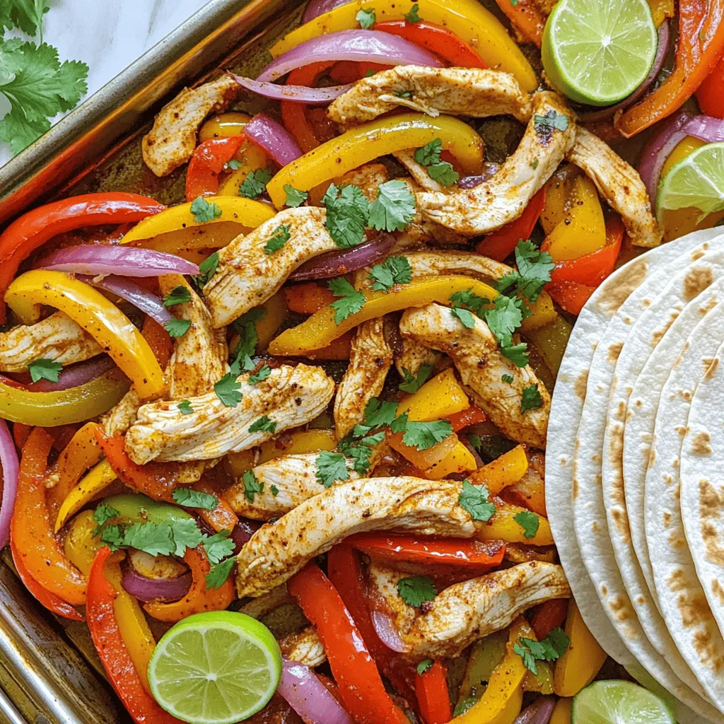 - 1.5 pounds boneless, skinless chicken breasts, sliced into strips - 2 bell peppers (one red, one yellow), sliced - 1 large red onion, sliced - 3 cloves garlic, minced - 2 tablespoons olive oil - 2 teaspoons chili powder - 1 teaspoon cumin - 1 teaspoon smoked paprika - 1 teaspoon garlic powder - Salt and black pepper, to taste For this Fajita Chicken Sheet Pan Dinner, you start with juicy chicken and fresh veggies. The chicken gives a nice protein boost, while bell peppers and onions add sweetness and crunch. The garlic packs a flavor punch, making each bite tasty. Next, we spice it up! Chili powder and cumin bring warmth and depth. Smoked paprika adds a hint of smokiness, while garlic powder rounds out the flavors. Salt and black pepper balance the dish, enhancing every ingredient. - Fresh cilantro, for garnish - Lime wedges, for serving - Tortillas, for serving Once your fajitas are ready, garnishing makes them shine! Fresh cilantro adds a pop of green and a burst of flavor. Lime wedges give a zesty kick when squeezed over the dish. Don’t forget the warm tortillas; they are perfect for wrapping the tasty filling. For a complete meal, consider some sides. You might add a simple salad or some rice. They pair well with the fajitas and round out your dinner. If you want to dive deeper into the recipe, check out the [Full Recipe]. It’s simple yet full of flavor, perfect for any night of the week! 1. First, preheat your oven to 400°F (200°C). This helps cook everything evenly. 2. In a large bowl, combine the chicken strips, sliced bell peppers, sliced onion, and minced garlic. 3. Drizzle 2 tablespoons of olive oil over the mixture. This adds flavor and helps the spices stick. 4. In a small bowl, mix 2 teaspoons of chili powder, 1 teaspoon of cumin, 1 teaspoon of smoked paprika, 1 teaspoon of garlic powder, salt, and black pepper. Sprinkle this spice mix over the chicken and veggies. 5. Toss everything together. Make sure each piece is coated with oil and spices. 1. Next, spread the mixture out in a single layer on a large parchment-lined baking sheet. 2. Bake in the preheated oven for 20-25 minutes. Check that the chicken is cooked through and the veggies are tender. Toss halfway through for even cooking. 3. Keep an eye on it. You want a nice golden color on the chicken and veggies. 1. Once done, remove the pan from the oven and let it rest for a couple of minutes. This helps keep the chicken juicy. 2. For plating, serve the fajita mixture in warm tortillas. You can garnish it with fresh cilantro and serve with lime wedges on the side. 3. Presentation matters! Serve on a large platter with tortillas stacked neatly and lime wedges tucked in for color. Add a small bowl of salsa or guacamole for dipping. Enjoy your Fajita Chicken Sheet Pan Dinner! For a full recipe, be sure to check out the details. - Marinating chicken: To make your chicken extra tasty, marinate it. Use lime juice, garlic, and spices. Even 30 minutes makes a big difference. Marinating adds flavor and keeps the chicken juicy. - Spice adjustments: Feel free to change the spices. If you like heat, add more chili powder or paprika. For a milder taste, cut back on the spices. Experiment until you find your favorite mix. - Overcrowding the pan: Don't pile the chicken and veggies too close. If they are too crowded, they will steam instead of roast. This can make them soggy. Spread everything out for crispier edges. - Not preheating the oven: Preheat your oven to 400°F (200°C). This step is key for even cooking. If the oven is not hot enough, your fajitas will not cook right. Always give it time to heat up before baking. For the full recipe, check out the [Full Recipe]. {{image_2}} You can easily switch up the protein in this dish. If you prefer beef, use flank steak or sirloin. For a lighter meal, try shrimp or even tofu. Each option brings a unique taste and texture. When it comes to veggies, feel free to swap in your favorites. Zucchini or mushrooms work great here. You can also add corn or snap peas for a sweet crunch. Experiment with different colors and flavors to make your dish pop. For gluten-free options, use corn tortillas instead of flour. They hold up well and taste great. If you follow a vegan diet, replace the chicken with jackfruit or chickpeas. These ingredients soak up the spices nicely. To make it dairy-free, skip any cheese toppings. You can add avocado or a cashew cream for creaminess instead. Enjoy this dish no matter your dietary needs! For the Full Recipe, check here! To keep your fajita chicken fresh, store it in the fridge. Place the leftovers in an airtight container. They will last about three to four days. If you want to keep them longer, consider freezing. For freezing, let the dish cool completely. Then, transfer it to freezer-safe bags or containers. Squeeze out as much air as possible. This helps prevent freezer burn. Fajitas can last up to three months in the freezer. When it’s time to enjoy your leftovers, reheating is key. The best way to reheat fajitas is in the oven. Preheat your oven to 350°F (175°C). Spread the chicken and veggies on a baking sheet. Heat for about 10-15 minutes, until warmed through. You can also use the microwave for a quicker option. Place the fajita mix in a microwave-safe bowl. Cover it with a damp paper towel. Heat in 30-second intervals, stirring in between, until hot. For a crispy finish, try the stovetop. Heat a skillet over medium heat. Add a little oil and toss in the fajitas. Stirring often, cook until heated through. This method adds a nice crispiness to the veggies. No matter how you reheat, enjoy the tasty flavors of your fajita chicken! For the full recipe, check out the main article. How long to cook chicken in fajitas? Cook the chicken for 20-25 minutes at 400°F. Make sure it reaches 165°F inside. This keeps it juicy and safe to eat. Always check with a meat thermometer for best results. Can I use frozen vegetables? Yes, you can use frozen vegetables. They save time and are still tasty. Just thaw them first and drain excess water. This helps keep the fajitas from getting soggy. What other spices work well? You can try adding cayenne for heat or oregano for depth. Paprika adds a lovely color. Experiment with your favorites to find the best mix for you. How to make it spicier? Add more chili powder or toss in fresh jalapeños. A dash of hot sauce can also boost the heat. Just remember to taste as you go! What to serve with Fajita Chicken Sheet Pan Dinner? Tortillas are a must! You can also serve rice or beans on the side. Top it with salsa, guacamole, or sour cream for extra flavor. Can I make this recipe ahead of time? Yes, you can prep the chicken and veggies a day early. Just store them in the fridge until you're ready to cook. This makes dinner quick and easy! For the full recipe, click here. In this article, we explored easy steps to make a delicious Fajita Chicken Sheet Pan Dinner. You learned about key ingredients, cooking tips, and how to avoid common mistakes. We also covered variations to suit your taste and dietary needs. Remember, the right spices and good prep can make all the difference. Enjoy cooking, and have fun serving your tasty dish!