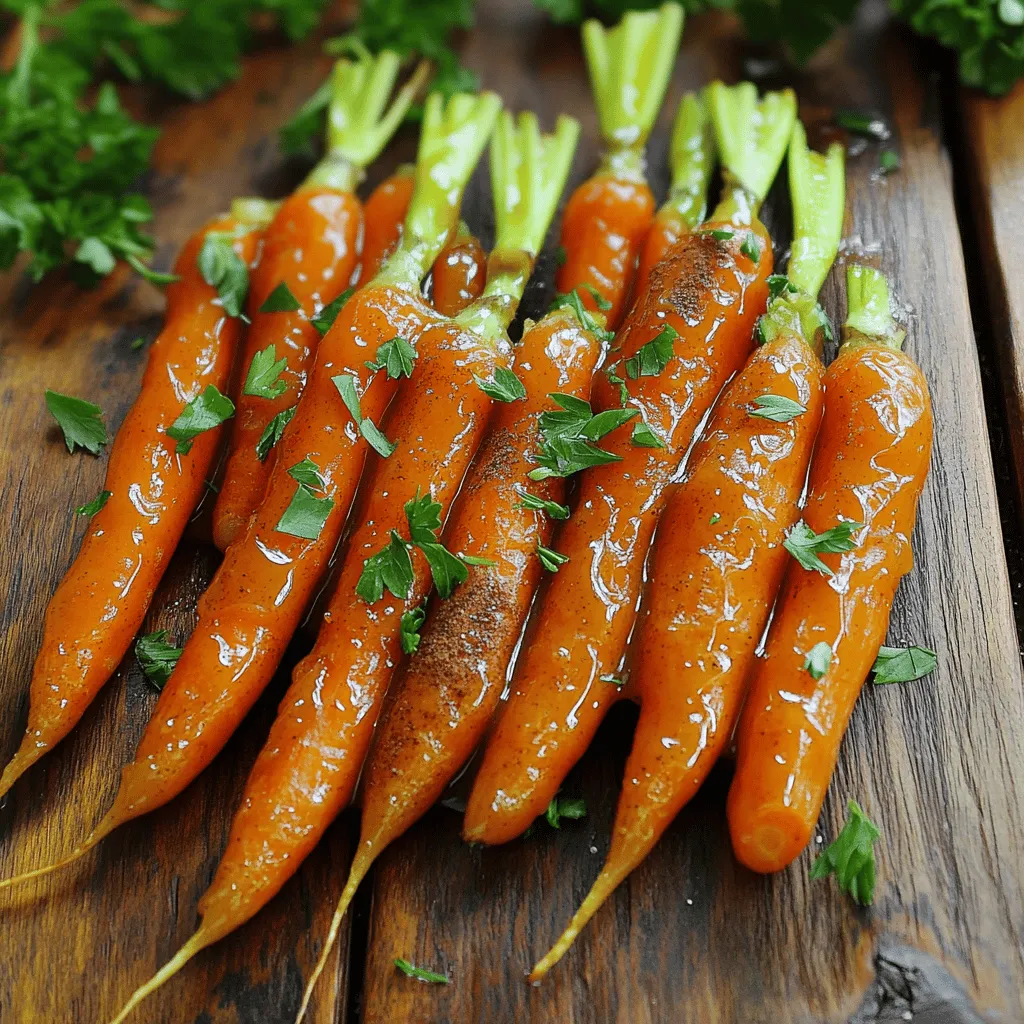 - 1 pound baby carrots (or regular carrots, peeled and cut into sticks) - 3 tablespoons maple syrup - 2 tablespoons olive oil - 1 teaspoon cinnamon - 1/2 teaspoon nutmeg (optional) - Salt and pepper to taste - Fresh parsley for garnish (optional) The key to delicious roasted maple glazed carrots lies in simple, fresh ingredients. Baby carrots work best, but you can use regular carrots too. Just peel and cut them into sticks for even cooking. Maple syrup adds a sweet touch that pairs well with the earthy flavor of carrots. Olive oil helps the glaze stick and adds a nice richness. Cinnamon brings warmth, while nutmeg offers a hint of spice. Remember to season with salt and pepper to enhance all the flavors. For a pop of color, fresh parsley makes a great garnish. This blend creates a perfect balance of sweet and savory in every bite. Roasted maple glazed carrots are not only tasty but also healthy. Each serving contains about 100 calories. - Carbohydrates: 22g - Fats: 4g - Proteins: 1g This dish is a great way to enjoy vegetables without feeling deprived. The natural sugars in the carrots and maple syrup fuel your body, making it a smart choice. Carrots are rich in vitamins, especially vitamin A. This vitamin supports eye health and boosts your immune system. They also provide fiber, which aids digestion. Maple syrup, while sweet, has some health perks too. It contains antioxidants that help fight inflammation. It also has minerals like manganese and zinc, which are good for your body. Using maple syrup instead of refined sugar makes this dish both tasty and healthier. By using these ingredients, you create a dish that not only pleases the palate but also nourishes the body. Try this recipe for a simple, flavorful side that you can enjoy any time! For the complete recipe, check the Full Recipe section. 1. Preheating the oven: First, set your oven to 400°F (200°C). This temperature helps the carrots roast evenly and develop a nice glaze. 2. Mixing the glaze ingredients: In a large bowl, combine three tablespoons of maple syrup, two tablespoons of olive oil, one teaspoon of cinnamon, and half a teaspoon of nutmeg if you want. Add salt and pepper to taste. Whisk them together until well mixed. The glaze should look smooth and shiny. 1. Tossing the carrots in the glaze: Take one pound of baby carrots, or regular carrots that you’ve peeled and cut into sticks. Add them to the bowl with the glaze. Toss the carrots well, making sure each piece is coated in that sweet maple mix. This step is key for flavor. 2. Recommended baking times and temperatures: Spread the glazed carrots on a baking sheet in a single layer. Roast them in your preheated oven for 20 to 25 minutes. Halfway through, stir the carrots to ensure they cook evenly. You'll know they are ready when they feel tender and have a nice caramelized look. 1. How to check for doneness: To check if your carrots are done, use a fork or knife. If it goes in easily, they are ready. You want them soft but not mushy. 2. Serving suggestions: Once they are roasted, take them out of the oven and let them cool for a few minutes. If you like, sprinkle some fresh parsley on top for color and taste. These carrots make a great side dish for any meal. You can serve them with chicken, fish, or even on their own. For the full recipe, check out the complete guide! - Overcrowding the baking sheet: When you place too many carrots on the sheet, they won't roast well. They will steam instead. Leave some space between each carrot piece. - Underestimating cooking time: Each oven is different. Check your carrots a bit earlier. If they are not tender yet, give them a few more minutes. - Marinating the carrots before roasting: Letting the carrots soak in the maple glaze for 30 minutes can boost flavor. This extra time helps the carrots absorb the sweet and spicy notes. - Adding spices or herbs for extra depth: Try adding fresh thyme or rosemary. These herbs blend well with maple and cinnamon, making your dish even more savory. - Pairing with main dishes: Roasted Maple Glazed Carrots go well with chicken, pork, or even a hearty grain dish. They add a sweet touch to any meal. - Presentation tips for gatherings: For a festive look, arrange the carrots on a large platter. Sprinkle fresh parsley on top for color. You can also use small bowls with different dips for a fun twist. For the full recipe, check out the Roasted Maple Glazed Carrots section. {{image_2}} You can change the sweetener in this recipe. Honey or agave syrup works well instead of maple syrup. Both options add a nice sweetness. If you want to try different vegetables, consider using parsnips or sweet potatoes. They bring new flavors and textures to the dish. To make the recipe vegan, use maple syrup as your sweetener. It is already vegan-friendly. For a gluten-free option, this recipe is safe as is. If you want a low-carb version, swap carrots for zucchini or cauliflower. These options still taste great and keep the dish light. Adding citrus can brighten the dish. A splash of orange juice or some zest gives it a nice kick. For extra crunch, toss in some nuts or seeds like walnuts or pumpkin seeds. They add a lovely texture and make the dish even more interesting. For the full recipe, check out the Roasted Maple Glazed Carrots recipe. To keep your Roasted Maple Glazed Carrots fresh, store leftovers in the fridge. Place them in an airtight container. This helps keep them from drying out. You can store them for up to five days. If you want to keep them longer, freezing is a good option. Place cooled carrots in a freezer bag. Squeeze out the air before sealing. They can last up to three months in the freezer. When it’s time to enjoy your carrots again, reheating is easy. For the best taste, use the oven. Preheat it to 350°F (175°C). Spread the carrots on a baking sheet. Heat for about 10-15 minutes. Stir halfway for even warmth. If you’re in a hurry, the microwave works too. Place the carrots in a microwave-safe dish. Cover with a lid or wrap. Heat in short bursts of 30 seconds until hot. Roasted Maple Glazed Carrots last up to five days in the fridge. Keep an eye on them for any signs of spoilage. If they smell sour or look strange, it’s best to throw them away. If frozen, they should be good for three months. Always label your bags with the date. This way, you’ll know when to use them. Enjoy your tasty carrots later without worry! To make this dish vegan, you can swap out the honey for maple syrup. This keeps the sweet taste. You can also use a plant-based oil instead of olive oil. Just make sure to check the label. Yes, you can prep these carrots ahead of time. You can mix the glaze and coat the carrots early. Store them in the fridge until you are ready to cook. This helps save time on busy days. These carrots pair well with many dishes. Try them with roasted chicken or grilled fish. They also go nicely with a fresh salad or quinoa. Their sweet taste balances savory meals perfectly. Yes, these carrots are healthy! They are full of vitamins, especially vitamin A. The maple syrup adds natural sweetness without processed sugars. Plus, carrots are low in calories. This makes them a great side for any meal. Roasted Maple Glazed Carrots are easy to make and taste great. This blog covered the key ingredients, health benefits, and step-by-step instructions. I shared tips to avoid common mistakes and ways to enhance flavor. You can also explore fun variations and storage tips. These carrots can fit many diets and pair well with any meal. Try them at your next gathering or as a tasty side. Enjoy this simple recipe that brings flavor and health to your plate. Happy cooking!