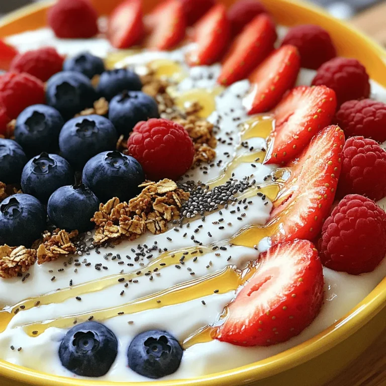 To make Greek yogurt berry bark, you need: - 2 cups Greek yogurt (plain or vanilla) - 1/4 cup honey or maple syrup - 1 cup mixed berries (strawberries, blueberries, raspberries) - 1/4 cup granola - 1 tablespoon chia seeds (optional) - A pinch of sea salt These ingredients create a tasty treat that is both healthy and fun to eat. The Greek yogurt gives it a creamy base. The honey or maple syrup adds sweetness. Mixed berries provide a burst of flavor and color. Granola adds a nice crunch, while chia seeds can boost nutrition. You can customize your Greek yogurt berry bark with some fun add-ins. Here are a few ideas: - Nuts like almonds or walnuts - Seeds such as pumpkin or sunflower seeds - Dark chocolate chips for a touch of indulgence - Coconut flakes for a tropical twist These options enhance flavor and texture. They also help you tailor the bark to your taste. This Greek yogurt berry bark is not only tasty but also nutritious. Here’s a quick look at the benefits: - Greek yogurt is high in protein and calcium. - Berries are packed with vitamins and antioxidants. - Honey or maple syrup provides natural sweetness. - Granola adds fiber and healthy fats. Each serving, which is about a piece of bark, is low in calories and high in nutrients. Enjoying this treat helps you stay healthy while satisfying your sweet tooth. For the full recipe, check out the details in the cooking section. Start by grabbing a baking sheet. Line it with parchment paper. Make sure the paper hangs over the edges. This helps you lift the bark out later. In a mixing bowl, add 2 cups of Greek yogurt. You can use plain or vanilla yogurt. Next, pour in 1/4 cup of honey or maple syrup. Stir the mixture well until it becomes smooth and creamy. This will be the base of your bark. Now, pour the yogurt mixture onto the prepared baking sheet. Spread it evenly with a spatula. Aim for about 1/4 inch thick. Next, scatter 1 cup of mixed berries over the yogurt. You can use strawberries, blueberries, or raspberries. Press the berries in lightly so they stick. Then sprinkle 1/4 cup of granola on top. If you want, add 1 tablespoon of chia seeds and a pinch of sea salt. Once everything is in place, place the baking sheet in the freezer. Freeze the bark for about 3 to 4 hours. You want it to be completely frozen. After that, take it out and lift the bark using the parchment overhang. Break it into pieces with your hands or a knife. Enjoy your Greek Yogurt Berry Bark! For the full recipe, check the earlier section. To make Greek yogurt berry bark smooth, use thick Greek yogurt. It keeps the bark from becoming icy. Mix the yogurt with honey or maple syrup well. This ensures a creamy taste. Spread the yogurt evenly on the baking sheet. Aim for about 1/4 inch thick. If it's too thick, it may not freeze well. For a little crunch, sprinkle chia seeds before freezing. They help add texture and nutrients. For a beautiful look, break the bark into even pieces. Place them in a bright bowl. Add a light drizzle of honey on top for shine. You can also garnish with a few extra berries. This adds color and fun. Use a colorful plate to enhance the visual appeal. Serve it at parties or family gatherings. Everyone loves a treat that looks as good as it tastes! Enjoy Greek yogurt berry bark as a snack or dessert. It’s great for hot days. Pair it with fresh fruit or a dollop of yogurt. You can also serve it with granola for added crunch. Try it with a scoop of ice cream for a fun twist. This bark is both healthy and tasty. Kids love it, and it’s simple to make. For the full recipe, follow the steps outlined earlier. {{image_2}} You can change the berries based on the season. In spring, use fresh strawberries. Summer is perfect for blueberries. In fall, you can try blackberries or cranberries. Each berry adds a unique taste. Mix and match for fun flavors. You can even add sliced peaches in summer for a twist. This keeps the recipe fresh and exciting. You can easily flavor the Greek yogurt. Try adding cocoa powder for a chocolatey treat. A bit of vanilla extract gives a sweet touch. You can also mix in some nut butter for extra creaminess. For a zesty taste, add a bit of lemon zest. These small changes can make your bark even more delightful. If you need a dairy-free option, use coconut yogurt. It still tastes great, and it’s creamy too. For a lower sugar option, try using stevia or skip the sweetener. If you want to add protein, mix in some protein powder. You can also make it nut-free by skipping granola or using seeds instead. There are many ways to enjoy this treat while fitting your diet. To store your Greek Yogurt Berry Bark, first, let it cool completely. After it’s frozen, wrap the bark in plastic wrap or foil. This keeps it fresh and protects it from freezer burn. You can also place it in an airtight container. Just make sure to layer the pieces with parchment paper to prevent sticking. Greek Yogurt Berry Bark will stay good in the freezer for about two months. If you want to keep it longer, check for any signs of freezer burn. To avoid this, wrap it tightly. When you’re ready to enjoy, simply pull out a piece and let it thaw for a few minutes before eating. There’s no need to reheat this treat. It’s best served straight from the freezer. Let it sit at room temperature for about five minutes before you dig in. This makes it easier to break into pieces. You can also drizzle a little honey on top before serving for extra flavor. Enjoy this refreshing snack anytime! Yes, you can use low-fat yogurt, but the texture may change. Greek yogurt is thick and creamy. Low-fat yogurt is often thinner. This can affect how the bark sets and its final crunch. If you want a firmer bark, stick with Greek yogurt. It takes about 3 to 4 hours to freeze Greek Yogurt Berry Bark. The yogurt needs to get very hard. Check it after 3 hours. If it is still soft, let it freeze longer. Once frozen, the bark should be solid and easy to break. You can add many fun toppings! Here are some ideas: - Nuts like almonds or walnuts - Seeds such as pumpkin or sunflower - Dark chocolate chips - Coconut flakes - Dried fruit like cranberries or apricots Feel free to mix and match your favorite toppings. This makes each batch unique and tasty! For the full recipe, check the earlier section. Greek yogurt berry bark is simple to make and delicious to enjoy. You learned about the key ingredients, step-by-step instructions, and handy tips. Variations allow you to create your own unique treats, while storage info keeps your bark fresh. Experiment with flavors and textures to find your favorite. Now that you have all the knowledge you need, grab your ingredients and start making your own Greek yogurt berry bark today. Enjoy your tasty and healthy snack!