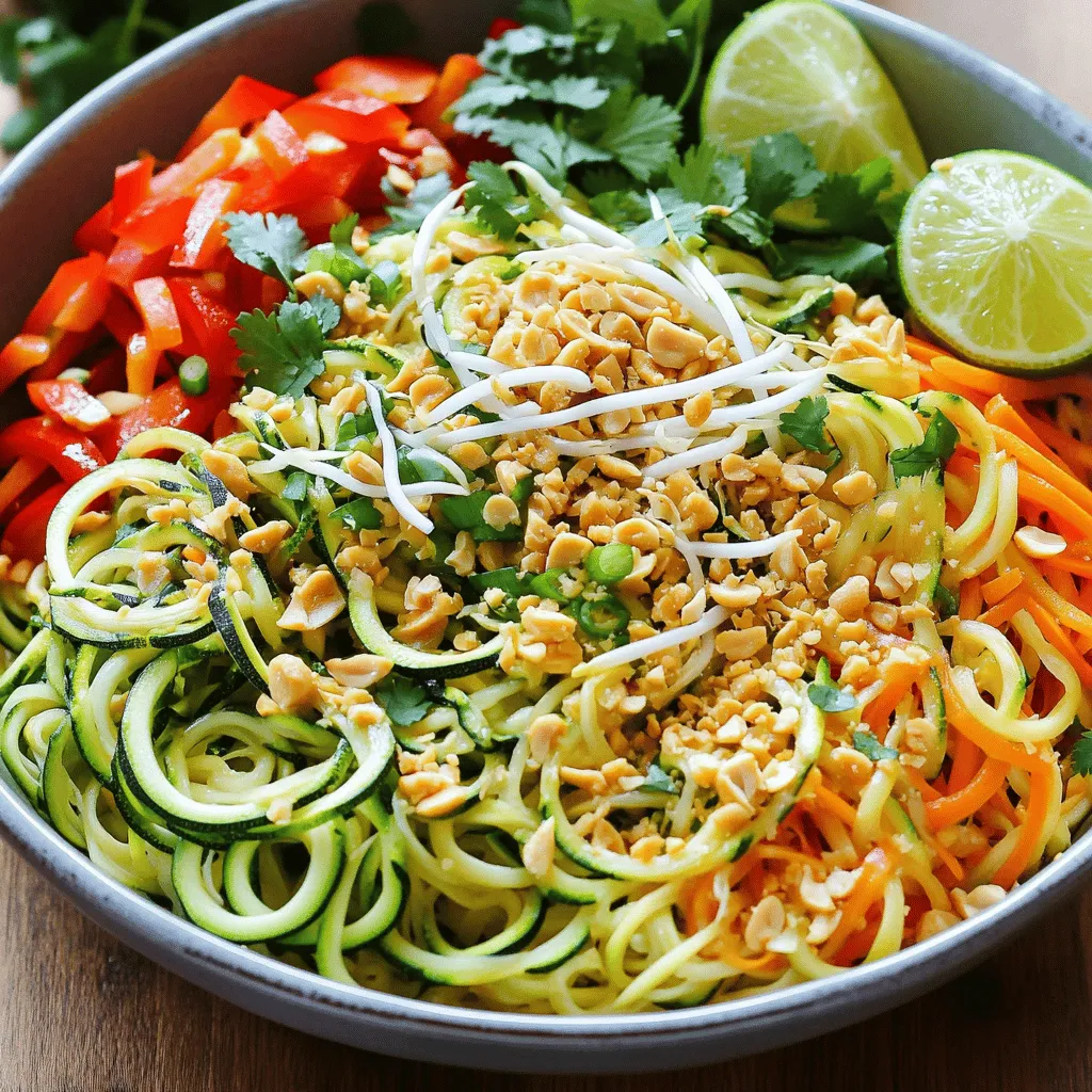 - 3 medium zucchinis, spiralized into noodles - 1 cup bean sprouts - 1 red bell pepper, sliced - 1 carrot, julienned - 2 large eggs, lightly beaten - 3 tablespoons tamari (or soy sauce) - 1 tablespoon fish sauce (optional) - 1 tablespoon peanut butter - 2 tablespoons lime juice - 1 tablespoon sesame oil - 2 cloves garlic, minced - 1 tablespoon fresh cilantro, chopped (for garnish) - Crushed peanuts (for garnish) - Lime wedges (for serving) - Salt and pepper to taste When I make Zucchini Noodle Pad Thai, I love using these fresh ingredients. The spiralized zucchini noodles create a fun twist. They soak up the flavors well and keep the dish light. The bean sprouts add a nice crunch, while the red bell pepper brings sweetness. The carrot gives it a lovely color and texture. The eggs make the dish hearty. They also help bind all the ingredients together. Tamari or soy sauce is key for that savory taste. Fish sauce adds depth, but it’s okay to skip it if you prefer. Peanut butter gives the sauce a creamy feel, and lime juice adds zing. Garlic is a must for flavor. Fresh cilantro and crushed peanuts not only taste great but also make the dish look appealing. I always serve it with lime wedges for extra brightness. You can find the full recipe for a detailed guide on how to bring all these ingredients together. Enjoy crafting your own Zucchini Noodle Pad Thai! To start, spiralizing the zucchinis is key. Use a spiralizer to make long, thin noodles. If you lack a spiralizer, a vegetable peeler works too. Just peel the zucchini into thin strips. Set your noodles aside for later. Next, heat sesame oil in a large skillet over medium heat. Once hot, add minced garlic and sauté it for about 30 seconds. The smell will be amazing! Then, pour in the beaten eggs. Scramble them until fully cooked. Move the eggs to one side of the skillet to make space. Now, it’s time to add the veggies. Toss in the sliced bell pepper, julienned carrot, and your zucchini noodles. Stir well for 2-3 minutes. You want the zucchini to be soft but still crunchy. Then, mix in the tamari, fish sauce (if using), peanut butter, and lime juice. Toss everything well until heated through. Finally, stir in the bean sprouts and chopped green onions. Cook for one more minute. Season with salt and pepper to your taste. Now, remove the skillet from heat. Plate your Zucchini Noodle Pad Thai and top it with fresh cilantro and crushed peanuts. For added flair, serve with lime wedges on the side. Enjoy this simple and savory delight! For the full recipe, check out the details above. To avoid sogginess in your zucchini noodles, keep a few things in mind. First, don't cook them for too long. Just a few minutes in the pan is enough. This keeps them firm and crunchy. Second, spiralize your zucchini and let it sit on paper towels for a bit. This helps remove some water before cooking. Maintaining a crunch is key to a great dish. Use high heat when you cook zucchini noodles. Toss them quickly to get that nice texture without making them mushy. To boost the flavor of your Zucchini Noodle Pad Thai, think about adding spices and herbs. A pinch of red pepper flakes gives a nice kick. Fresh basil or mint also adds a great aroma. If you want to add protein, consider cooked shrimp or grilled chicken. Tofu is a great option for a vegetarian twist. Just sauté it with the veggies for extra flavor. Serve your Zucchini Noodle Pad Thai in a large, colorful bowl. This makes the dish look lively and inviting. Top it with lime wedges and fresh cilantro. The lime adds a bright touch just before eating. Choosing the right bowl can make a big difference. A bowl with a wide rim allows for easy serving and looks great. Don't forget to add crushed peanuts on top for a nice crunch! For the full recipe, check out the details above. {{image_2}} You can switch zucchini noodles for other fun options. Spaghetti squash is a great choice. It has a sweet taste and a nice texture. To use it, bake the squash until tender. Scrape the insides with a fork to create strands. Other veggie noodles work well too. Try spiralized carrots or sweet potatoes. They add different flavors and colors. This makes your dish even more exciting. Adding protein boosts the meal's heartiness. For meats, shrimp, chicken, or tofu are tasty. Cook them first, then mix them in with the veggies. If you prefer vegetarian options, try chickpeas or tempeh. They give you a good protein punch. Adjust your protein based on your diet. If you're vegan, skip the eggs and fish sauce. You can still enjoy a filling meal! Soy sauce is key in Pad Thai, but there are other choices. Tamari is a good gluten-free option. Coconut aminos also work well and add a sweet touch. To make it vegan-friendly, skip the fish sauce. You can replace it with extra tamari or a splash of vinegar. These options keep the flavor strong and delicious! For more details, check the Full Recipe! To keep Zucchini Noodle Pad Thai fresh, store it in an airtight container. This helps prevent moisture loss and keeps flavors intact. Place it in the fridge within two hours of cooking. For best taste, use it within three days. If you want to freeze it, portion out the noodles and sauce separately. Place them in freezer bags, removing as much air as possible. This way, they freeze better and maintain their taste. When reheating, use a skillet over medium heat. This method keeps the noodles from getting mushy. Add a splash of water or broth to help steam them back to life. Stir gently to avoid breaking the noodles. Heat until warmed through, about 5 minutes. Aim for a temperature of 165°F (74°C) to ensure food safety. You can keep leftovers in the fridge for up to three days. After that, the flavors may fade. If you freeze it, the Zucchini Noodle Pad Thai can last up to three months. Watch for signs of spoilage, such as off smells or slimy noodles. If you see any of these, it’s best to toss it. For the full recipe, check out the section above. Yes, you can make Zucchini Noodle Pad Thai ahead. Prepare the dish, but skip adding the bean sprouts and green onions. Store the cooked Pad Thai in an airtight container in the fridge. When you're ready to eat, reheat it in a skillet. Add fresh bean sprouts and green onions just before serving. This keeps them crunchy and fresh. To prevent watery noodles, start by salting the zucchini. After spiralizing, sprinkle salt on the noodles. Let them sit for about 10 minutes to draw out moisture. Then, pat them dry with a paper towel. Another tip is to cook them briefly. This helps maintain their crunch and prevents them from releasing too much water. Zucchini Noodle Pad Thai pairs well with many sides. Try serving it with: - Fresh spring rolls. - Thai cucumber salad. - A light fruit salad. - Iced green tea or a coconut drink. These options enhance the meal and add freshness. Enjoy your delicious dish! Zucchini Noodle Pad Thai offers a fresh twist on a classic dish. You can use simple ingredients, from zucchinis to tasty sauces, to create a meal that's both healthy and delicious. Remember to adjust flavors and add proteins as you like. With the right tips and tricks, your meal will impress. Whether you serve it for dinner or save some for later, this dish thrives on creativity and fun. Enjoy your cooking adventure with zucchini noodles!