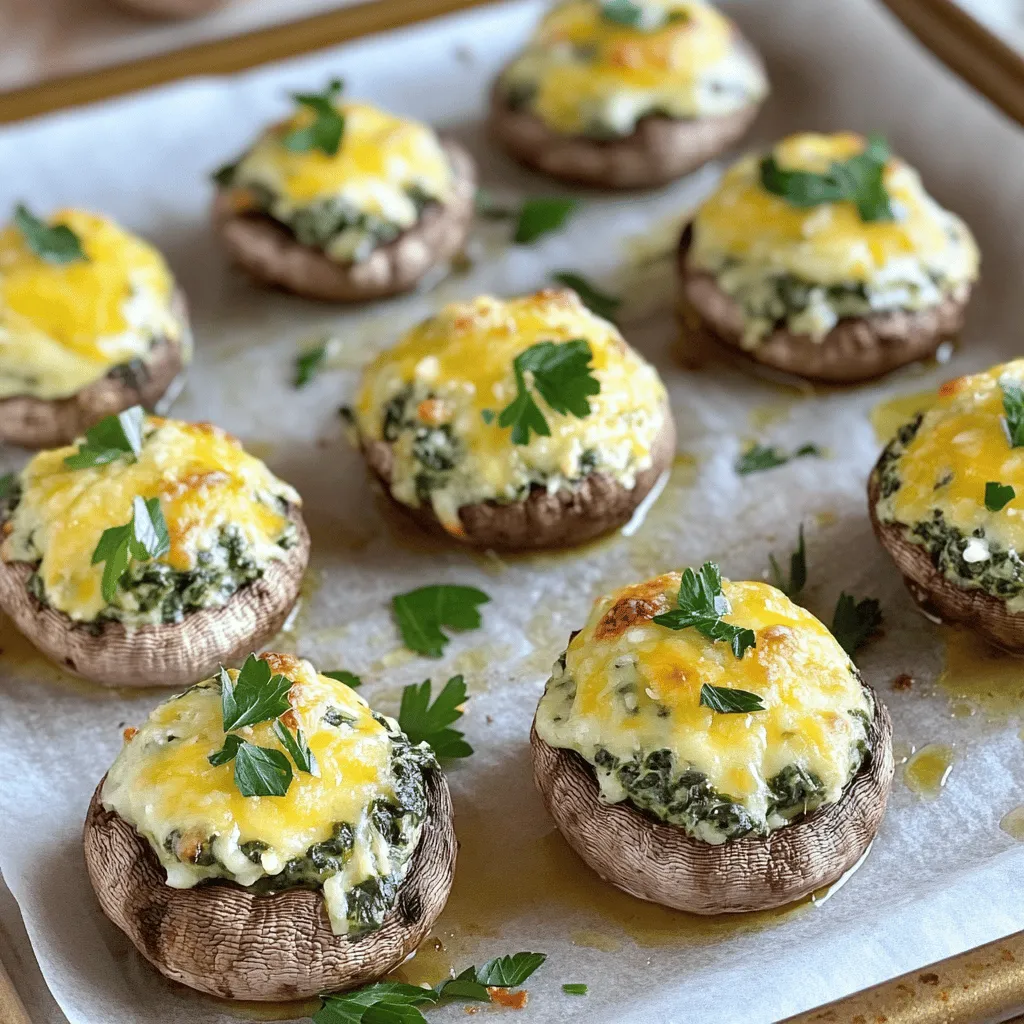 To make cheesy spinach stuffed mushrooms, gather these main ingredients: - 12 large button mushrooms, stems removed - 1 cup fresh spinach, chopped - 1/2 cup cream cheese, softened - 1/2 cup shredded mozzarella cheese - 1/4 cup grated Parmesan cheese - 2 cloves garlic, minced - 1/4 teaspoon red pepper flakes (optional) - Salt and pepper to taste - 2 tablespoons olive oil - 1 tablespoon fresh lemon juice - 1 tablespoon fresh parsley, chopped (for garnish) Measuring each ingredient accurately helps you get the best flavor. Make sure to chop the spinach and garlic finely. This way, they mix well with the cheeses. Each serving has about 200 calories. Here’s a breakdown of key nutrients: - Protein: 8g - Carbohydrates: 6g - Fat: 16g - Fiber: 1g These mushrooms pack a tasty punch while being low in carbs. They offer a great way to enjoy veggies with rich flavors. You can feel good about serving these as an appetizer or snack. For the full recipe, check out the complete guide. To start, rinse the mushrooms. Use a damp paper towel to gently clean them. Make sure to remove any dirt. Next, take off the stems. You can set the caps aside on a plate. Now, let's prepare the stuffing. First, finely chop the mushroom stems. Set them aside in a bowl. In a skillet, heat olive oil over medium heat. Add minced garlic and chopped stems. Cook for about 2-3 minutes until they soften. Then, add the chopped spinach to the skillet. Stir it until it wilts, which takes about 2 minutes. Remove the skillet from heat and let it cool a bit. In a mixing bowl, combine the cooked mixture with cream cheese, mozzarella cheese, and Parmesan cheese. Add in red pepper flakes, lemon juice, salt, and pepper. Mix everything together until it's smooth and well combined. This will be your cheesy filling, full of flavor. Now it's time to bake! Preheat your oven to 375°F (190°C). This step is key for even cooking. While the oven heats, stuff each mushroom cap with your cheesy spinach mixture. Fill them generously for the best taste. Next, place the stuffed mushrooms on a baking sheet. If you want, line it with parchment paper to make cleanup easy. Bake them in the oven for 15-20 minutes. Watch for the tops to get golden brown and bubbly. When they are done, take them out and let them cool for a few minutes. This will help set the filling. Before serving, sprinkle fresh parsley on top to add a pop of color. Enjoy your delicious cheesy spinach stuffed mushrooms! You can find the full recipe [here](#). To make cheesy spinach stuffed mushrooms shine, seasoning is key. Use salt and pepper to enhance the taste. Red pepper flakes add a nice kick, but they are optional. Fresh lemon juice brightens the filling. You can swap cream cheese for ricotta for a lighter option. If you want a stronger cheese flavor, use feta or goat cheese. One big mistake is overcooking the mushrooms. Bake them just until they are tender, about 15 to 20 minutes. Keep an eye on them. If the tops get too dark, they may burn. Also, be careful with the stuffing. Fill each mushroom cap generously, but don’t overstuff. If they overflow, they can make a mess while baking. Follow the *Full Recipe* for the right stuffing ratio. {{image_2}} You can change this recipe to suit your taste. Try different cheeses for a fun twist. Cream cheese adds a rich base, but you can swap it for ricotta or goat cheese. Both give a creamy texture and unique flavor. Mozzarella melts well, but you could use cheddar or gouda for a stronger taste. If you want more protein, consider adding cooked sausage or bacon. These options give a hearty touch to the dish. You can also mix in other veggies, like diced bell peppers or artichokes, for extra color and taste. For those who follow a vegan diet, making these mushrooms plant-based is simple. Use vegan cream cheese and nutritional yeast instead of dairy cheese. This will keep the creamy texture while adding a cheesy flavor. If you need a gluten-free version, just make sure your ingredient labels are clear. The mushrooms are naturally gluten-free, but check any added sauces or bread crumbs. By adapting the recipe this way, everyone can enjoy cheesy spinach stuffed mushrooms. For the [Full Recipe], refer to the earlier sections to guide your cooking experience. To store leftovers, place them in an airtight container. Keep the container in the fridge. Cheesy spinach stuffed mushrooms can last for about three days. When reheating, use the oven for best results. Set your oven to 350°F (175°C) and heat for about 10 minutes. This keeps the mushrooms tender and the cheese gooey. For freezing, first, let the stuffed mushrooms cool completely. Place them on a baking sheet in a single layer. Freeze them for about two hours until solid. Once frozen, transfer them to a freezer-safe bag or container. They can last up to three months in the freezer. When you want to enjoy them again, take them out and thaw them in the fridge overnight. To reheat, bake them directly from frozen at 375°F (190°C) for about 20-25 minutes. This will help keep the texture just right. For the full recipe, check the earlier section. Cheesy spinach stuffed mushrooms last about 3 to 5 days in the fridge. Store them in an airtight container to keep them fresh. If you notice any mold or an off smell, it is best to toss them. Always check for signs of spoilage before eating. Yes, you can prepare cheesy spinach stuffed mushrooms ahead of time. You can mix the stuffing and fill the mushrooms up to a day before baking. Just cover them and place them in the fridge. When ready to cook, pop them in the oven directly. This saves you time and effort for your gathering. Cheesy spinach stuffed mushrooms pair well with many dishes. You can serve them as an appetizer with a fresh salad. They also go great with grilled chicken or steak for a complete meal. For a fun twist, try them with a side of garlic bread or a tangy dipping sauce. These options enhance the meal and make it more fulfilling. For the full recipe, check out the detailed steps to create these delicious bites. This blog post covered the essential ingredients, preparation steps, and cooking tips for cheesy spinach stuffed mushrooms. You learned about nutritional information and ways to enhance flavor. We also discussed storage methods and answered common questions to guide you. In summary, making these stuffed mushrooms is easy and fun. You can customize them to suit your taste. Enjoy cooking and sharing this dish with others!