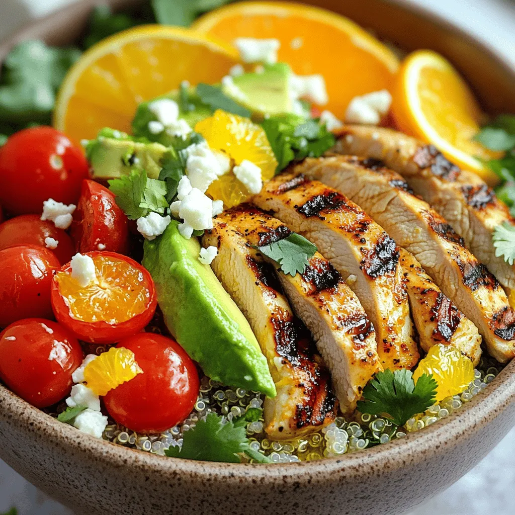Summer Citrus Grilled Chicken Bowls give you bright, fresh flavors. This recipe is easy to follow. It takes just one hour to make four delicious servings. You’ll love the mix of citrus and honey that brings out the chicken's taste. Here's what you need for this recipe: - 2 cups cooked quinoa - 2 boneless, skinless chicken breasts - 1 orange, zested and juiced - 1 lemon, zested and juiced - 1 lime, zested and juiced - 2 tablespoons honey - 3 tablespoons olive oil - 1 teaspoon garlic powder - Salt and pepper to taste - 1 cup cherry tomatoes, halved - 1 avocado, sliced - ½ cup fresh cilantro, chopped - ½ cup feta cheese, crumbled (optional) You can customize your bowls with these tasty add-ins: - Sliced radishes for extra crunch - Grilled corn for sweetness - Cucumber slices for freshness - A dollop of Greek yogurt for creaminess Feel free to mix and match to suit your taste! Start by making the marinade. In a bowl, mix juice from the orange, lemon, and lime. Add honey and olive oil. Then, sprinkle in garlic powder, orange zest, lemon zest, lime zest, salt, and pepper. Whisk it all together until it blends well. Next, take your chicken breasts. Place them in a resealable plastic bag or a shallow dish. Pour the marinade over the chicken. Seal the bag or cover the dish. Let it sit in the fridge for at least 30 minutes. If you have time, marinate for up to 2 hours. This helps the flavors soak into the meat. Now, it’s time to grill. Preheat your grill to medium-high heat. Take the chicken out of the marinade and throw the marinade away. Place the chicken on the grill. Cook it for about 6-7 minutes on each side. You want the chicken to be fully cooked. It needs to reach 165°F or 74°C inside. Once done, take the chicken off the grill. Let it rest for 5 minutes before slicing it into strips. This keeps the juices inside, making it more tasty. While the chicken rests, prepare your quinoa. Cook it as per the package instructions if you haven’t already. Now, it’s time to build your bowls. Start with a base of quinoa in each bowl. Top it with your sliced grilled chicken. Add cherry tomatoes, avocado slices, and chopped cilantro. If you like, sprinkle some feta cheese on top. For extra flavor, drizzle more olive oil and a bit of citrus juice over everything. This step makes the dish bright and fresh. That’s it! You now have a colorful, flavorful meal that is perfect for summer. Try this [Full Recipe] for more details! To make the best grilled chicken, start with good marination. The citrus juices add flavor and keep the chicken moist. I let the chicken sit in the marinade for at least 30 minutes. You can go up to 2 hours for more taste. Always preheat your grill. A hot grill sears the chicken well. This gives you a nice crust. Grill each side for 6-7 minutes. Use a meat thermometer to check the doneness. It should reach 165°F (74°C). Let the chicken rest for 5 minutes before slicing. This keeps the juices inside. Cooking quinoa is easy. Rinse the grains under cold water first. This removes any bitter taste. Use a ratio of 1 cup quinoa to 2 cups water. Bring the water to a boil, then add the quinoa. Let it simmer for about 15 minutes. Once the water absorbs, remove it from heat. Fluff the quinoa with a fork for a light texture. If you want extra flavor, use broth instead of water. When serving your chicken bowls, make it look pretty. Use a big bowl or plate. Start with a layer of quinoa as the base. Then, add sliced chicken on top. Arrange the cherry tomatoes and avocado slices next to it. Sprinkle fresh cilantro over the dish. If you use feta cheese, add it for an extra touch. Drizzle olive oil and citrus juice on top. This adds shine and flavor. A colorful bowl looks inviting and tastes even better. {{image_2}} You can swap chicken for other proteins. Try shrimp for a quick cook. Marinate shrimp like chicken. Grill them for about 3-4 minutes on each side. You can also use pork tenderloin. Cook it the same way as chicken. Slice it thin for a tasty bowl. For a veggie twist, use grilled tofu or tempeh. Marinate tofu in the same citrus mix. Grill until crispy and golden. You can also use chickpeas. Roast them with some olive oil and spices. They add a nice crunch and protein. Add more zing with fresh herbs like mint or basil. They brighten the dish. You can also include diced bell peppers or zucchini for extra color and texture. A sprinkle of chili flakes adds heat. For a sweet touch, toss in some dried cranberries or pomegranate seeds. Each adds a unique flavor to your bowl. Check out the Full Recipe for more ideas. After enjoying your Summer Citrus Grilled Chicken Bowls, store any leftovers in an airtight container. Make sure the chicken and quinoa cool down before sealing. This keeps them fresh and safe to eat later. Leftovers can last about three to four days in the fridge. To reheat, you can use the microwave or stovetop. If using a microwave, place the chicken and quinoa in a bowl. Heat for about 1-2 minutes, checking halfway to avoid overcooking. On the stovetop, warm them in a pan over low heat. Add a splash of water or broth to keep moisture. Heat until warm, stirring often. If you want to save your chicken bowls for later, freezing is a great choice. Place the cooled chicken and quinoa in freezer-safe bags. Squeeze out any air before sealing. You can freeze them for up to three months. Defrost overnight in the fridge before reheating. This way, you'll have a tasty meal ready to go! For the full recipe, check the details above. You should marinate the chicken for at least 30 minutes. This time helps the chicken soak up all the citrus flavors. For even better taste, try marinating for up to 2 hours. Just remember not to go longer than that. The citrus can start to cook the chicken, making it tough. Yes, you can grill chicken indoors using a grill pan. A grill pan has ridges that help get those nice grill marks. Just ensure your kitchen is well-ventilated. You can also use a stovetop grill. Both methods will give you tasty chicken. A few great sides pair well with these bowls. You can serve a fresh green salad with a light vinaigrette. Roasted vegetables also add color and flavor. If you want something warm, try corn on the cob. These sides complement the bright, fresh flavors of the chicken bowls very well. This article covered all you need to know about Summer Citrus Grilled Chicken Bowls. We explored the key ingredients, how to prepare and grill chicken, and assemble your tasty bowls. I shared useful tips for perfect chicken and served-up ideas for variations. Don't forget how to store leftovers, and check the FAQs for quick answers. Now, you can make healthy, delicious meals easily. With practice, your culinary skills will shine. Enjoy each bite of your creation!