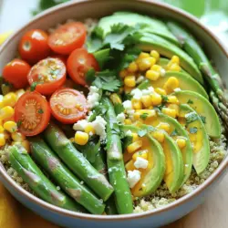 - 1 cup quinoa, rinsed - 2 cups vegetable broth (or water) - 1 cup cherry tomatoes, halved - 1 cup asparagus, trimmed and cut into 2-inch pieces - 1 cup snap peas, trimmed - 1 cup corn kernels (fresh, frozen, or canned) - 1 avocado, sliced - 1/4 cup feta cheese, crumbled (optional) - 1/4 cup fresh parsley, chopped - 2 tablespoons extra virgin olive oil - 1 tablespoon lemon juice - Salt and pepper to taste Each vegetable in this bowl brings its own perks. - Quinoa is a great source of protein. It has all nine essential amino acids. - Cherry tomatoes add a juicy burst and are full of vitamins A and C. - Asparagus is rich in fiber and helps with digestion. - Snap peas bring a sweet crunch and are low in calories. - Corn gives a pop of sweetness and has fiber for gut health. - Avocado is full of healthy fats that support heart health. - Feta cheese adds flavor and calcium, if you choose to use it. - Fresh parsley is packed with antioxidants and adds a bright taste. If you want to change things up, use what’s in season or what you have. - Swap asparagus for zucchini or broccoli. Both work well when sautéed. - Use bell peppers instead of snap peas for extra color and crunch. - Sweet potatoes can replace corn for a different texture and taste. - Try spinach or kale instead of parsley for a leafy green boost. - Change up your grains! Use brown rice or farro if you want variety. These choices make your bowls fun and unique. You can mix and match to fit your taste or what you have on hand. For the full recipe, check out the details above. Start by rinsing 1 cup of quinoa under cold water. This helps remove the bitter coating. In a medium pot, combine the rinsed quinoa with 2 cups of vegetable broth. Bring it to a boil over high heat. Once boiling, lower the heat to low. Cover the pot and let it simmer for about 15 minutes. The quinoa will absorb the liquid and become fluffy. When it’s done, remove it from heat and fluff it with a fork. Set it aside while you cook the veggies. Next, grab a large skillet and heat 2 tablespoons of olive oil over medium heat. Once hot, add 1 cup of trimmed and cut asparagus and 1 cup of trimmed snap peas. Sauté them for about 3-4 minutes. You want them tender but still crisp. Then, add in 1 cup of halved cherry tomatoes and 1 cup of corn kernels. Continue to sauté for another 2-3 minutes until everything is warmed through. Season with salt and pepper to taste. Remove the skillet from heat. Now it’s time to put your power bowls together! Start with a generous scoop of the fluffy quinoa as the base in each bowl. Next, add the sautéed vegetable mix on top. Slice 1 avocado and arrange it nicely on each bowl. If you like, sprinkle 1/4 cup of crumbled feta cheese on top for extra flavor. Finally, drizzle 1 tablespoon of lemon juice over everything and garnish with 1/4 cup of chopped fresh parsley. Enjoy your beautiful Spring Veggie Power Bowls! For the full recipe, check out the detailed instructions. To make meal prep easy, cook your quinoa ahead. Store it in the fridge for up to four days. You can also sauté the veggies in advance. Just keep them in a sealed container. This lets you grab your meals quickly during busy weeks. When ready to eat, combine everything in a bowl. You can warm it up in the microwave or eat it cold. Flavor is key in any dish. For these power bowls, I love to use fresh herbs. Mint and basil add bright notes. You can also try spices like cumin or paprika. A dash of garlic powder brings warmth too. If you want more zing, add hot sauce or chili flakes. Taste as you go to find what you like best. How you present your food matters. It makes meals more fun! Use colorful bowls to show off your fresh veggies. Arrange the ingredients in layers for a beautiful effect. A sprinkle of parsley on top adds a nice touch. You could even add lemon wedges on the side. This adds color and a hint of freshness. For the full recipe, check the link above. {{image_2}} Adding protein to your Spring Veggie Power Bowls makes them more filling. You can use chicken, tofu, or beans. For chicken, grill or roast it first. Then, slice it and add it on top. If you choose tofu, press it to remove extra moisture. Cube and sauté it until golden. Black beans or chickpeas can also boost protein. They add flavor and nutrition without much fuss. The grain base is key to your power bowl. Quinoa works well, but you can swap it out. Brown rice is a great option. It has a nutty taste and adds fiber. Farro is another choice; it’s chewy and packed with nutrients. If you want something gluten-free, try millet or cauliflower rice. Each grain brings a unique flavor and texture. The dressing can change the whole dish. You can stick with lemon juice and olive oil, but feel free to mix it up. For a creamy touch, try tahini or yogurt. A splash of soy sauce gives it an Asian twist. Want some heat? Add a pinch of chili flakes or sriracha. For herby flavors, mix in fresh herbs like dill or basil. Experiment with ratios until you find your perfect blend. For the full recipe, check out the Spring Veggie Power Bowls. Each variation lets you create a new dish each time. Enjoy the process of making it your own! To keep your Spring Veggie Power Bowls fresh, store them in airtight containers. Divide the bowls into individual portions for easy access. Make sure to let them cool to room temperature before sealing. This way, you avoid condensation that can make your veggies soggy. When reheating, use the microwave or a skillet. If using the microwave, heat in short bursts. Stir between intervals to ensure even warming. If you prefer a skillet, add a splash of water and cover to steam the veggies gently. This keeps them crisp and tasty. Most of the ingredients in your power bowl last about 3 to 5 days in the fridge. Quinoa stays fresh for up to a week. However, fresh veggies like asparagus and snap peas taste best when eaten within 2 to 3 days. Store avocado slices separately to avoid browning. Always check for freshness before eating. For the full recipe, check the previous sections! Yes, you can use frozen vegetables. They are often frozen at their peak freshness. This means they can be as good as fresh ones. Just remember to thaw them first. You may need to cook them a bit less. This will help keep them crisp. Using frozen veggies can save time. Plus, it makes meal prep easy. You can add many vegetables to your power bowls. Here are some tasty options: - Zucchini, sliced - Bell peppers, chopped - Broccoli florets - Carrots, shredded - Radishes, thinly sliced - Spinach or kale, torn Mix and match to fit your taste. Each veggie adds unique flavors and nutrients. To make this recipe vegan, skip the feta cheese. You can also add a plant-based protein. Try chickpeas or black beans for great taste. Another option is to use a vegan cheese. This will keep the creamy texture. You can still enjoy the fresh veggies and quinoa for a balanced meal. This post covered how to create tasty power bowls. We explored fresh ingredients, their health perks, and the best ways to mix flavors. You learned to cook quinoa, sauté vegetables, and assemble bowls easily. I also shared tips for making meals ahead and keeping them fresh. Remember, you can switch proteins, grains, and dressings for your taste. Enjoy your creative cooking and delicious meals!