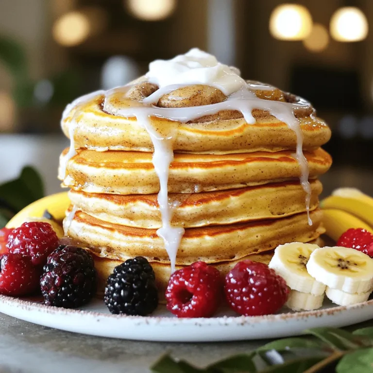 - 1 cup all-purpose flour - 2 tablespoons granulated sugar - 1 teaspoon baking powder - 1/2 teaspoon baking soda - 1/4 teaspoon salt - 1 cup buttermilk (or milk + 1 tablespoon vinegar) - 1 large egg - 2 tablespoons unsalted butter, melted - 2 teaspoons vanilla extract The main pancake ingredients create a fluffy base. The flour gives structure. Sugar sweetens the batter just right. Baking powder and baking soda help the pancakes rise. Salt enhances the flavors. Buttermilk adds moisture and a slight tang. The egg binds everything together. Melted butter gives richness and flavor. Vanilla extract brings warmth and depth. - 2 tablespoons unsalted butter, softened - 1/4 cup brown sugar - 1 teaspoon ground cinnamon The cinnamon swirl ingredients create that iconic flavor. Softened butter helps the sugar and cinnamon blend well. Brown sugar adds a caramel-like taste. Ground cinnamon provides the warm, sweet spice we love. This mixture turns each pancake into a delightful treat. - 4 ounces cream cheese, softened - 1 cup powdered sugar - 1-2 tablespoons milk - 1 teaspoon vanilla extract This glaze makes the pancakes feel special. Softened cream cheese blends smoothly with powdered sugar. The milk adjusts the thickness. Vanilla extract adds extra flavor. Drizzling this glaze on top makes the dish extra tasty. For the full experience, don’t skip the cream cheese glaze! - In a small bowl, mix softened butter, brown sugar, and cinnamon until combined. - Set aside for later use. - In a large mixing bowl, combine flour, sugar, baking powder, baking soda, and salt. - In another bowl, whisk buttermilk, egg, melted butter, and vanilla extract. - Pour the wet ingredients into the dry ingredients. Stir gently until just mixed. - Preheat a non-stick skillet over medium heat. Lightly grease it with cooking spray. - Pour about 1/4 cup of batter onto the skillet for each pancake. - Drizzle 1 tablespoon of the cinnamon swirl mixture over the pancake. Use a toothpick to swirl it in. - Cook until bubbles form on the surface, about 2-3 minutes. Flip and cook until golden brown. - In a medium bowl, beat softened cream cheese until smooth. - Gradually mix in powdered sugar, adding milk one tablespoon at a time. Adjust until you reach your desired consistency. - Stack pancakes on a plate. Drizzle generously with the cream cheese glaze. - Optional: garnish with a sprinkle of cinnamon and fresh fruits like berries or banana slices. For the complete recipe, check out the Full Recipe section above. To make fluffy pancakes, you must not over-mix the batter. Mixing too much makes pancakes dense. Stir until the ingredients are just combined. Letting the batter rest for a few minutes also helps. This gives flour time to absorb the liquid and creates a better texture. Use a toothpick or knife for controlled swirling. This lets you create pretty patterns without making a mess. You can adjust the amount of cinnamon swirl to fit your taste. If you love cinnamon, add more! If you want a lighter flavor, use less. Start with less milk when making your cream cheese glaze. You can always add more milk to reach the right thickness. Make sure your cream cheese is softened. This helps it mix smoothly with the sugar and milk, creating a perfect glaze for your pancakes. For the best results, follow the Full Recipe. {{image_2}} You can make your cinnamon roll pancakes even more fun. Try adding nutmeg for a warm taste. It gives a nice twist to the usual flavor. You can also mix in chocolate chips. Just fold them into the batter or swirl them in. Chocolate and cinnamon create a sweet surprise! If you want a healthier option, swap out all-purpose flour for whole wheat flour. This change adds fiber and makes the pancakes more filling. For the glaze, use Greek yogurt instead of cream cheese. This swap cuts fat and adds a bit of tang. Your pancakes will still taste great! When serving, think outside the box. Maple syrup or honey can add sweetness. You can drizzle these on top of the cream cheese glaze. For some crunch, add nuts or shredded coconut. These toppings make your pancakes even more delightful. They add flavor and texture to each bite. After making these tasty pancakes, let them cool down. Place them in an airtight container. You can store them in the fridge for up to 3 days. If you want to keep them longer, freeze them for up to a month. Make sure they are well sealed to avoid freezer burn. To enjoy your pancakes again, use a microwave or toaster. Heat them until warm. For the cream cheese glaze, reheat it in a microwave-safe dish. Warm it for a few seconds until it's nice and smooth. This way, your pancakes will taste just as good as when they were fresh! I love serving these pancakes hot off the griddle. A drizzle of cream cheese glaze makes them extra special. You can also sprinkle some cinnamon on top for a nice touch. Fresh berries or banana slices add color and flavor. If you like crunch, try adding chopped nuts. A side of maple syrup pairs well too. Yes, you can make the pancake batter ahead of time. Mix the dry and wet ingredients in separate bowls, then combine them. Store the batter in an airtight container in the fridge. Use it within 24 hours for the best results. Stir the batter gently before cooking to bring it back together. If you don’t have buttermilk, don’t worry! You can make a quick substitute. Mix 1 cup of milk with 1 tablespoon of vinegar. Let it sit for about five minutes. This will create a buttermilk-like texture. You can also use plain yogurt or sour cream mixed with water. To keep pancakes from sticking, use a non-stick skillet or griddle. Lightly grease it with cooking spray or butter before pouring in the batter. Make sure the pan is hot, but not too hot. If the pancakes stick, they may need a little more grease or a lower heat. Yes, you can make a vegan version! For the egg, use a flax egg by mixing 1 tablespoon of ground flaxseed with 3 tablespoons of water. Let it sit for a few minutes to thicken. Use plant-based milk and a dairy-free butter substitute. For the glaze, you can use a mix of powdered sugar and a splash of plant milk. These Cinnamon Roll Pancakes are easy to make and fun to eat. You learned about the simple ingredients, step-by-step instructions, and tasty variations. Remember to mix your batter gently for fluffy pancakes and try different toppings for fun flavors. Consider making extra to enjoy later, as they store well. With tips on managing the swirl and creating the perfect glaze, you'll impress your family and friends. Enjoy making and sharing this delightful dish!