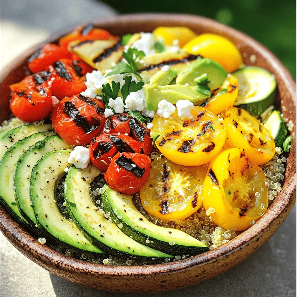 - 1 cup quinoa - 2 cups vegetable broth (or water) - 1 red bell pepper, chopped - 1 zucchini, sliced - 1 yellow squash, sliced - 1 cup cherry tomatoes, halved - 1 red onion, sliced - 2 tablespoons olive oil - 1 teaspoon garlic powder - Salt and pepper to taste - 1 teaspoon smoked paprika - 1 avocado, sliced - Fresh parsley or cilantro for garnish - 1/4 cup feta cheese (optional) Gather all your ingredients before you start. This makes cooking easier and more fun. Quinoa is the star of this dish. It is a whole grain that packs protein and fiber. Using vegetable broth adds extra flavor. I love to mix colorful veggies in this bowl. Red bell peppers give sweetness, while zucchini and yellow squash add a nice crunch. Cherry tomatoes burst with flavor. The red onion adds a bit of sharpness. Olive oil is key to making the veggies taste great on the grill. Garlic powder and smoked paprika bring out the best in each bite. Don’t forget salt and pepper for balance. For a creamy finish, add slices of avocado. Fresh herbs like parsley or cilantro make it look nice and bright. If you want a little extra, sprinkle feta cheese on top. All these ingredients come together for a tasty and colorful meal. You can find the full recipe below to create this healthy bowl. To start, you need to rinse the quinoa. This helps remove any bitter taste. Place the quinoa in a fine mesh strainer under cold water. Swirl it around for about 30 seconds. Next, cook the quinoa. In a saucepan, add 1 cup of rinsed quinoa and 2 cups of vegetable broth or water. Bring it to a boil over medium heat. Once boiling, reduce the heat to low. Cover the pot and let it simmer for about 15 minutes. The quinoa is ready when it is fluffy and all the liquid is absorbed. While the quinoa cooks, preheat your grill or grill pan to medium-high heat. This step is key for getting great grill marks. Now, prepare the veggies. In a large bowl, combine the chopped red bell pepper, sliced zucchini, sliced yellow squash, halved cherry tomatoes, and sliced red onion. Drizzle 2 tablespoons of olive oil over the veggies. Then, add 1 teaspoon of garlic powder, 1 teaspoon of smoked paprika, and salt and pepper to taste. Toss everything well until the veggies are coated. Once the grill is hot, place the seasoned vegetables on it. Cook them for about 8-10 minutes. Turn them occasionally to get even cooking. You want them to be tender with nice grill marks. Once done, remove the veggies from the grill and set them aside. Now it's time to assemble your bowl. Start with the cooked quinoa as the base. Add the grilled vegetables on top, making sure to mix colors for a pretty look. For added flavor, you can slice an avocado and place it on top. If you like, sprinkle some feta cheese on your bowl for a creamy touch. Fresh parsley or cilantro makes a great garnish. Enjoy your Grilled Veggie Quinoa Bowl warm. This meal is not just tasty; it’s also colorful and healthy. For the full recipe, check out the main page! To make perfect quinoa, you start with rinsing it. Rinse the quinoa under cold water for about 2 minutes. This step removes the bitter coating called saponin. After rinsing, use a ratio of 1 part quinoa to 2 parts vegetable broth or water. This will give the quinoa flavor and help with texture. When cooking, bring the liquid to a boil, then reduce the heat to low. Cover it and let it simmer for 15 minutes. This method prevents sticking and keeps the quinoa fluffy. Grilling veggies can bring out their best flavors. First, choose fresh, seasonal vegetables. I love using bell peppers, zucchini, and cherry tomatoes. To enhance the taste, toss them in olive oil, garlic powder, and smoked paprika. This mix adds a nice depth. For grilling, preheat your grill to medium-high heat. Grill the veggies for 8-10 minutes. Keep an eye on them, turning occasionally. Look for nice grill marks and tenderness as signs they are ready. You can pair the quinoa bowl with protein like grilled chicken or tofu. This adds extra nutrients and makes it more filling. If you have leftovers, store them in a sealed container. They work great for meal prep, so you can enjoy this dish all week. The flavors deepen when stored, making it even better the next day. For more ideas, check out the Full Recipe for Grilled Veggie Quinoa Bowl . {{image_2}} You can add protein to your Grilled Veggie Quinoa Bowl for more flavor and nutrition. - Grilled chicken: Cut the chicken into strips. Grill it until golden brown and cooked through. - Tofu: Marinate tofu in soy sauce. Grill it until crispy on the outside. - Vegetarian protein substitutes: Try chickpeas or lentils for a hearty boost without meat. Spice up your bowl with different flavors. - Different spice blends: Use cumin, coriander, or chili powder for a kick. - Alternative dressings or sauces: A tahini sauce or lemon vinaigrette can brighten your dish. Using seasonal produce can change the taste and feel of your bowl. - Using seasonal produce: In summer, add corn or eggplant. In fall, try butternut squash. - Suggestions for other grilled vegetables: Bell peppers, asparagus, and mushrooms all work well on the grill. For the full recipe, check out the Grilled Veggie Quinoa Bowl recipe above. To keep your Grilled Veggie Quinoa Bowl fresh, store leftovers in the fridge. Use airtight containers to seal in moisture. This helps prevent the bowl from drying out. I recommend glass containers as they are sturdy and easy to clean. If you want to save some for later, you can freeze the quinoa bowl. First, let it cool to room temperature. Then, place it in freezer-safe bags or containers. Remove any air to avoid freezer burn. When you’re ready to eat, thaw it overnight in the fridge. Reheat it in the microwave or on the stove until warm. In the fridge, your Grilled Veggie Quinoa Bowl lasts about 3 to 5 days. After that, it may start to spoil. Look for signs like a sour smell or off colors. If you spot any mold, throw it away. Always check before enjoying your leftovers! You can use several grains or proteins instead of quinoa. Here are a few options: - Brown rice - Couscous - Farro - Barley - Bulgur - Lentils These choices offer great flavors and textures. They also fit well with grilled veggies in the bowl. Yes! This recipe is easy to make vegetarian or vegan. Just skip the feta cheese or replace it with plant-based cheese. You can also add more veggies or beans for extra protein. This keeps the dish tasty while staying plant-based. Yes, this recipe is gluten-free. Quinoa itself is a gluten-free grain. Just ensure your vegetable broth is also gluten-free. This makes it a safe choice for anyone with gluten sensitivities. To reduce calories in this dish, consider these tips: - Use less olive oil when grilling veggies. - Skip the feta cheese. - Add more leafy greens as a base. These changes can help lower calories while keeping the meal delicious. You can find the full recipe for Grilled Veggie Quinoa Bowl in the earlier sections of this article. This will guide you step-by-step to create this tasty dish at home. Enjoy cooking! This blog post guides you through making a delicious Grilled Veggie Quinoa Bowl. We covered the key ingredients, cooking steps, and tips for success. You can personalize the bowl with proteins or seasonal vegetables. Keep these tips in mind when preparing this meal. Fresh ingredients and proper cooking will enhance the flavors. Enjoy every bite, and feel free to experiment with your favorite add-ons. Your next nutritious meal is just a bowl away!
