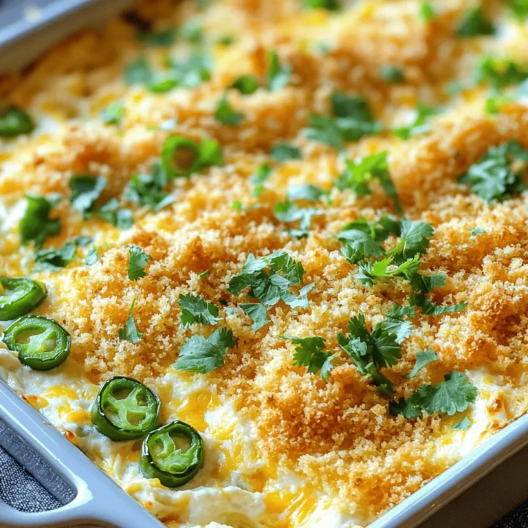 To make a rich and creamy jalapeño popper dip, gather these ingredients: - 8 oz cream cheese, softened - 1 cup shredded cheddar cheese - 1 cup shredded mozzarella cheese - 2-3 fresh jalapeños, finely chopped (remove seeds for less heat) - 1/2 cup sour cream - 1/4 cup mayonnaise - 1/4 teaspoon garlic powder - 1/4 teaspoon onion powder - Salt and pepper to taste - 1/2 cup breadcrumbs (optional for topping) - Fresh cilantro for garnish (optional) These ingredients blend to create a delicious dip full of flavor. The cream cheese provides a smooth base. The cheddar and mozzarella add a rich, cheesy taste. Jalapeños give it a kick and some heat. Sour cream and mayonnaise make it creamy and tangy. The garlic and onion powders add depth. You can adjust the salt and pepper to your taste. If you want a crunchy topping, use breadcrumbs. This dip is perfect for parties, game days, or cozy nights in. You can serve it warm with tortilla chips, crackers, or veggies. Check the full recipe for detailed cooking steps and tips! 1. Start by preheating your oven to 350°F (175°C). This ensures even baking for your dip. 2. In a large bowl, mix together these ingredients: - 8 oz cream cheese, softened - 1 cup shredded cheddar cheese - 1 cup shredded mozzarella cheese - 2-3 fresh jalapeños, finely chopped (remove seeds for less heat) - 1/2 cup sour cream - 1/4 cup mayonnaise - 1/4 teaspoon garlic powder - 1/4 teaspoon onion powder - Salt and pepper to taste 3. Blend these ingredients until smooth and creamy. You want a nice, even texture. 4. Spread the mixture into an 8x8 inch baking dish. Make sure it’s even all around. 5. If you want a crunchy topping, sprinkle 1/2 cup breadcrumbs over the top. 1. Bake the dip in your preheated oven for 25-30 minutes. Look for it to be bubbly and slightly golden on top. 2. Once done, take it out and let it cool for a few minutes. This helps with serving. 3. If you like, add fresh cilantro on top for a pop of color and flavor. 1. Serve this dip warm with tortilla chips, crackers, or sliced veggies. It pairs well with many snacks. 2. For a nice touch, present the dip in a colorful dish. This adds flair to your table. 3. You can also offer a variety of dippers, like pita chips or toasted bread, to keep things fun. You can find the full recipe for Jalapeño Popper Dip above. Enjoy your cooking! To make the best jalapeño popper dip, avoid common mistakes. First, don’t skip softening the cream cheese. It mixes better with other ingredients. Another issue is overcooking. Watch the dip closely. You want it bubbly, not burnt. Adjusting the heat level is key. For a milder dip, remove the seeds from the jalapeños. If you like it spicy, keep some seeds. You can also use pickled jalapeños for a unique flavor twist. Choosing the right tools makes cooking easier. I recommend a large mixing bowl for combining the dip. A sturdy spatula helps mix everything well. Use an 8x8 inch baking dish for even cooking. For easy preparation, a sharp knife is a must. It makes chopping jalapeños quick and safe. A good set of measuring cups and spoons ensures you get the right amounts. You can prepare the dip in advance. Mix all your ingredients, then cover and refrigerate it overnight. This helps the flavors blend nicely. When you’re ready to bake, just take it out and let it sit for about 15 minutes. This helps it bake evenly. To reheat, put it back in the oven at 350°F for about 15 minutes. Check out the Full Recipe for more details! {{image_2}} You can switch up the cheese in your Jalapeño Popper Dip. Try using pepper jack for extra heat. Gouda gives a nice smoky flavor. If you love blue cheese, add a bit for a bold taste. Mixing different cheeses adds depth to the dip. You can even use a blend of cheeses for more fun. Want to spice things up? Add some smoked paprika or cumin for a warm kick. A dash of cayenne pepper can bring the heat. You can also mix in some crispy bacon bits for a savory crunch. For a fresh twist, toss in chopped green onions or cilantro. These small changes can make your dip stand out. Chips are great, but try serving your dip with fresh veggies like carrots and celery. Pita chips or breadsticks work well, too. For a fun twist, serve the dip in mini bread bowls. You can also use it as a spread on sandwiches or wraps. The options are endless, so get creative! To keep your Jalapeño Popper Dip fresh, use airtight containers. Glass or plastic containers work well. Make sure they seal tightly. Place the dip in the fridge right after serving. It should stay good for about three days. When you want to eat it again, check for any changes in smell or color. You can freeze Jalapeño Popper Dip for longer storage. First, let it cool completely. Then, transfer it to freezer-safe containers. Leave some space at the top for expansion. Label the containers with the date. To thaw, move it to the fridge overnight. Reheat it in the oven until warm. Stir it well before serving. In the fridge, this dip lasts up to three days. In the freezer, it can last for about three months. If you see any mold or it smells off, it’s time to toss it. Always check for freshness before enjoying your dip again. To make Jalapeño Popper Dip healthier, start by using low-fat cream cheese. You can also swap sour cream with Greek yogurt. This change cuts calories and adds protein. Choose reduced-fat cheese for less fat. Adding more veggies can enhance nutrition. Try adding bell peppers or corn for extra color and taste. Yes, you can use canned jalapeños. They offer a different flavor. Canned jalapeños are softer and less spicy. If you want more heat, use fewer canned jalapeños. You might add a dash of hot sauce to boost flavor. Fresh jalapeños have a crunch and bright taste, so choose based on your preference. If you want a dairy-free option, use cashew cream. Blend soaked cashews with lemon juice and salt. Silken tofu is another great choice. It’s creamy and mild. Use vegan cream cheese for a closer match. Each alternative can bring its own unique flavor to the dip. This blog post laid out a great plan for crafting a delicious Jalapeño Popper Dip. You learned about the key ingredients, step-by-step prep, and baking instructions. I shared helpful tips to perfect your dip, along with ways to store leftovers. You also discovered fun variations and serving ideas. Enjoy creating this tasty dip! With the right techniques, it can be a hit at any gathering. Don’t shy away from making it your own!