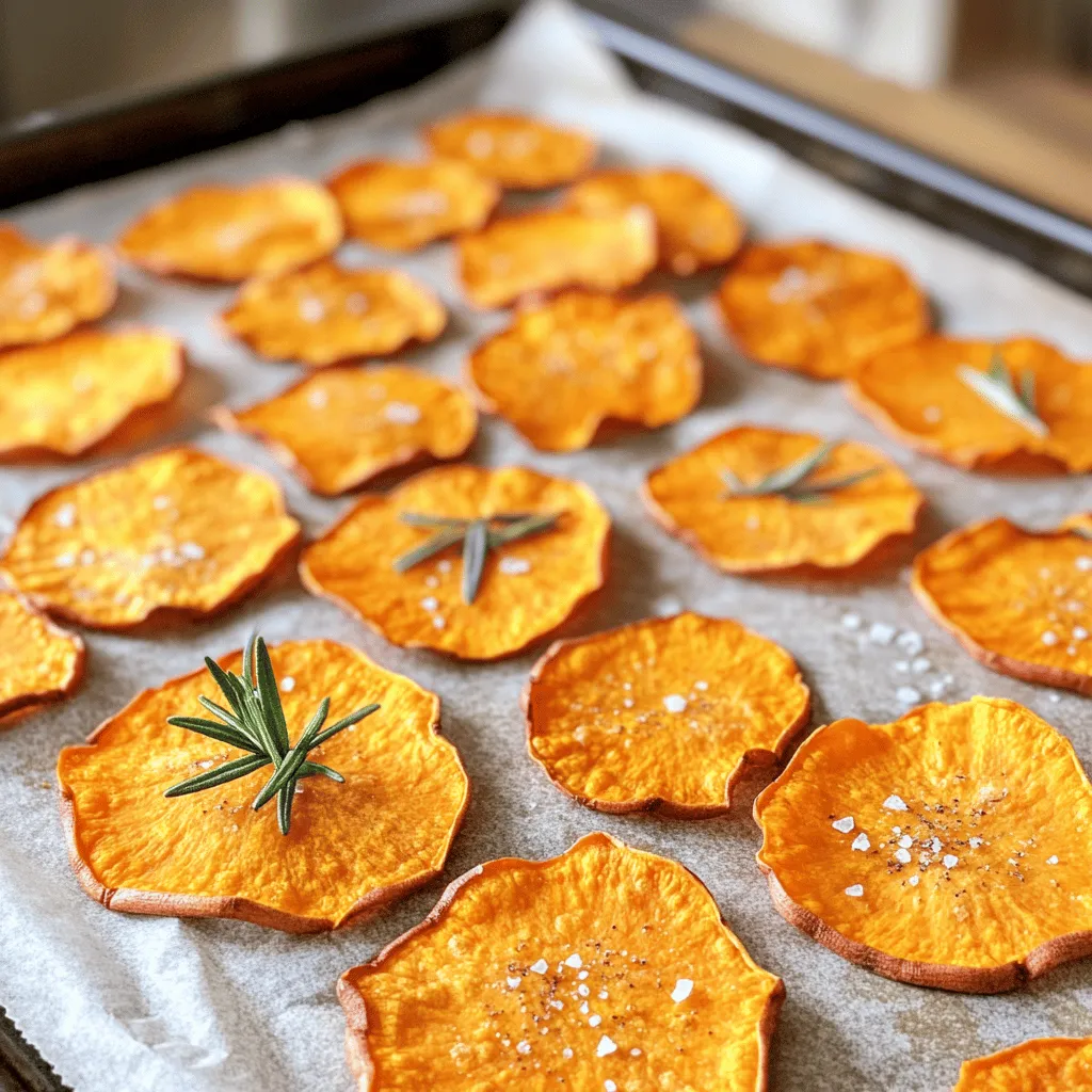 - 2 large sweet potatoes - 2 tablespoons olive oil - 1 teaspoon sea salt - 1/2 teaspoon smoked paprika - 1/2 teaspoon garlic powder - Fresh herbs (like rosemary or thyme) for optional garnish - Sharp knife or mandoline slicer - Baking sheets - Parchment paper To make baked sweet potato chips, you need simple ingredients. The sweet potatoes give the chips their natural sweetness. Olive oil adds richness, while sea salt enhances flavor. You can add a fun twist with seasonings. Smoked paprika adds a warm, smoky taste. Garlic powder gives a savory kick. Fresh herbs like rosemary or thyme can brighten the dish. For equipment, a sharp knife or mandoline slicer is key. They help you cut the sweet potatoes into thin, even slices. Baking sheets and parchment paper make for easier cleanup. Check out the Full Recipe for all the steps. Enjoy making these crispy and flavorful snacks! - Preheat the oven to 350°F (175°C). - Line two baking sheets with parchment paper. - Wash and peel the sweet potatoes. - Cut them into thin, even slices, about 1/8 inch thick. - Toss the slices with olive oil and seasonings. - Arrange them on the baking sheets in a single layer. By following these steps, you create a base for crispy and flavorful baked sweet potato chips. Each step is simple but important. The even slices ensure uniform cooking, while the seasoning adds flavor. This method makes it easy to whip up a delicious snack that everyone will love. For the full recipe, refer to the cooking guide above. - Bake at the right temperature: Set your oven to 350°F (175°C). This heat helps the chips get crispy without burning. - Avoid overlapping slices: Lay the sweet potato slices flat. They need space for even cooking. - Experiment with different spices: Try chili powder for heat or cinnamon for sweetness. - Add your favorite fresh herbs: Fresh rosemary or thyme adds a nice touch and extra flavor. - Overcrowding the baking sheet: Give each chip space to breathe. This keeps them from steaming and helps them crisp up. - Not checking chips regularly while baking: Keep an eye on the chips. Flip them halfway through to ensure even browning. {{image_2}} You can switch up the flavor of your sweet potato chips with different seasonings. - Add chili powder for a spicy kick that will wake up your taste buds. - Try nutritional yeast for a cheesy flavor without dairy. It adds a nice twist. If you want a sweet version, you can easily make it! - Mix in cinnamon and sugar to give a warm, sweet treat. - For a heat option, sprinkle on some cayenne pepper for extra flavor. Dips can make your chips even more fun to eat! - Create easy dips like guacamole or salsa. They are fresh and tasty. - Pair your chips with hummus for a creamy, different taste experience. Feel free to explore these variations! Check the Full Recipe for more details. To keep your sweet potato chips fresh, store them in an airtight container. This prevents air from making them soggy. If you have a vacuum sealer, use it to extend freshness. You can store chips at room temperature for a few days. However, if you live in a humid place, the fridge is better. Just remember to let them cool completely before sealing. If your chips lose their crispness, don't worry! To re-crisp them, preheat your oven to 350°F (175°C). Spread the chips out on a baking sheet. Bake for about 5 to 10 minutes. Keep an eye on them to avoid burning. You can also use an air fryer. Just set it to 350°F (175°C) and heat for 3 to 5 minutes. Another way is to use a stovetop skillet. Heat it on low and toss the chips gently until they're crispy again. For the best taste, enjoy your chips within 3 to 5 days. After that, they can start to lose flavor and crunch. Signs your chips have gone stale include a soft texture and lack of flavor. If they feel chewy instead of crispy, it’s time to toss them. For the full recipe, refer back to the main article. You want your sweet potato chips to be golden brown and very crisp. Check them at about 20 minutes. If they look dry and the edges curl, they are ready. The best chips feel crunchy when you touch them. Keep a close eye towards the end to avoid burning. Yes, you can use regular potatoes, but sweet potatoes give a better flavor. Sweet potatoes are sweeter and have more vitamins. If you choose regular potatoes, go for Yukon Gold or Red potatoes. They slice well and crisp up nicely, but the taste will differ. Baked sweet potato chips are much healthier than fried chips. They have less fat and fewer calories. A serving of baked sweet potato chips has around 120 calories, while fried chips can have over 300. Sweet potatoes also provide fiber and vitamins A and C, boosting your health. Absolutely! To make sweet potato chips in an air fryer, set it to 375°F (190°C). Arrange the chips in a single layer in the basket. Cook for about 15-20 minutes, shaking the basket halfway through. Adjust the time based on how crispy you want them. Enjoy your quick and healthy snack! For more details on making these chips, check the Full Recipe. In this post, we explored how to create tasty baked sweet potato chips. You learned about the main ingredients and tools needed for the task. We covered steps to slice, season, and bake your chips for the best flavor. We discussed tips for crispiness and ways to enjoy them with dips. Whether you prefer sweet or savory, there’s a version for you. Try these simple methods to make a healthy snack at home, and enjoy the process of flavor discovery. Happy cooking!