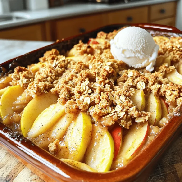To make a delicious cinnamon apple crumble, you need these simple ingredients: - 4 large apples (Granny Smith or Honeycrisp), peeled, cored, and sliced - 1 tablespoon lemon juice - 1/2 cup brown sugar, packed - 1 teaspoon ground cinnamon - 1/4 teaspoon nutmeg - 1 cup rolled oats - 1/2 cup all-purpose flour - 1/2 cup unsalted butter, melted - 1/4 cup chopped nuts (walnuts or pecans) - 1/4 teaspoon salt - Vanilla ice cream (for serving, optional) These ingredients blend well to create a warm, sweet dessert. You can easily swap out some ingredients if you prefer. Here are a few ideas: - Apples: If you don’t find Granny Smith or Honeycrisp, use Fuji or Gala apples. They add great flavor. - Brown Sugar: Coconut sugar or white sugar works too. The taste will change slightly. - Nuts: Almonds or hazelnuts are good alternatives. They add a nice crunch. - Butter: You can try coconut oil or a plant-based butter for a dairy-free option. Feel free to get creative with these swaps. Choosing the right apples makes a big difference. Here are my top tips: - Firmness: Pick apples that feel firm. Soft apples may be overripe and mushy. - Color: Look for vibrant colors. Bright red or green skins show they are fresh. - Taste: If possible, sample a slice. Sweet apples work well in desserts. - Season: Fall is the best season for apples. They are at their peak flavor then. Following these tips ensures a tasty crumble every time. For the full recipe, check out the details above! Start by preheating your oven to 350°F (175°C). This step is key. A hot oven helps cook the apples and brown the crumble. While the oven heats, peel, core, and slice your apples. I recommend using Granny Smith or Honeycrisp apples. They give a nice balance of sweet and tart flavors. Toss the apple slices with lemon juice, brown sugar, cinnamon, and nutmeg in a large bowl. This mixture enhances the apples’ taste and prevents browning. Once your apples are ready, grease a 9x9 inch baking dish. Spread the apple mixture evenly in the dish. This will be the first layer. Next, in another bowl, mix rolled oats, flour, melted butter, chopped nuts, and salt. Stir until it looks crumbly. This will be your topping. Evenly spread this oat mixture over the apples. Make sure you cover all the apples well. Now, place the dish in the oven and bake for 30-35 minutes. Keep an eye on it. The apples should become tender, and the crumble should turn golden brown. When done, carefully remove it from the oven. Let it cool for a few minutes. This cooling time helps set the flavors. Serve it warm, and if you like, add a scoop of vanilla ice cream on top for a delightful treat. For the full recipe, refer to the earlier section. To get the best crumble, mix your dry ingredients well. Use cold butter and cut it in until it looks like sand. The butter should be in small bits. This helps it bake into a crunchy topping. Don't overmix; you want it crumbly, not smooth. When baking, watch for a nice golden color on top. Cinnamon is the star here, but you can add more. Nutmeg gives a warm kick. A pinch of ginger or allspice can also add depth. If you like it sweet, add more brown sugar. For a zing, try a squeeze of fresh lemon juice. It helps balance the sweetness of the apples. This crumble is great on its own, but I love it with ice cream. Vanilla ice cream pairs perfectly with the warm apples. The cold creaminess contrasts with the warm crumble. You can also serve it with whipped cream or a drizzle of caramel sauce for extra richness. Enjoy it warm for the best flavors. Check out the Full Recipe for more details! {{image_2}} You can easily make this crumble gluten-free. Use gluten-free flour instead of regular flour. The oats should also be certified gluten-free. This change keeps the texture and flavor intact. You won’t miss a thing! Feel free to mix in other fruits. Pears, berries, or peaches add great taste. They pair well with the cinnamon and apples. Nuts also bring a nice crunch. Sprinkle in walnuts or pecans for extra flavor. You can even try almonds or hazelnuts if you like. Try different spices to change the flavor. Ginger or allspice can give it a warm kick. Cardamom adds a unique twist too. Just remember not to overpower the cinnamon. A small change can make a big difference in taste. Enjoy experimenting with your favorite spices! For the complete recipe, check out the [Full Recipe]. To keep your cinnamon apple crumble fresh, let it cool first. After it cools, cover it tightly with plastic wrap or aluminum foil. You can also store it in an airtight container. This method helps to keep moisture out. Store your crumble in the fridge for up to four days. When you're ready to enjoy your leftovers, preheat your oven to 350°F (175°C). Place the crumble in an oven-safe dish. Cover it with foil to prevent it from drying out. Heat for about 15-20 minutes. You want it warm, not hot. If you prefer, you can also microwave individual servings for about one minute. Freezing is a great option if you want to enjoy this dessert later. First, let the crumble cool completely. Then, cut it into portions. Wrap each piece in plastic wrap and place it in a freezer bag. Make sure to remove as much air as possible. Your cinnamon apple crumble will stay good for up to three months in the freezer. When you want to eat it, thaw it in the fridge overnight before reheating. For the full recipe, check back in the main article. For a great cinnamon apple crumble, I recommend using Granny Smith or Honeycrisp apples. These apples have a nice balance of tart and sweet flavors. They hold their shape well during baking, giving you a perfect texture. You can also mix different types of apples for a unique taste. Try using a blend for extra depth in flavor. Yes, you can make this recipe ahead of time! You can prep the apple filling and crumble topping separately. Store them in the fridge until you are ready to bake. When you want to bake, just layer the apples and crumble in your dish. Bake it fresh for the best taste. You will know your crumble is done when the apples are soft and the topping is golden brown. It usually takes around 30 to 35 minutes at 350°F (175°C). Keep an eye on it in the last few minutes. The smell will be amazing, and you’ll want to dig in right away! For the full recipe, check out the details above. In this post, we explored the key ingredients for a delicious cinnamon apple crumble. I shared ingredient choices, preparation steps, and tips for the best texture. You learned about variations that add unique flavors and storage tips to keep your crumble fresh. Enjoying this recipe is easy and fun. Remember to test different apples and spices to find your favorite mix. Simple adjustments can lead to a dish everyone loves. Happy baking!