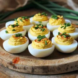 - 6 large eggs - 3 tablespoons mayonnaise - 1 teaspoon Dijon mustard - 1 teaspoon apple cider vinegar - Salt and pepper to taste - 1 tablespoon finely chopped chives - 1/2 teaspoon smoked paprika - 1/4 teaspoon garlic powder - Optional: a few drops of hot sauce Gather these ingredients before you start. Fresh eggs work best for this dish. The mayonnaise makes the filling creamy. Dijon mustard adds a nice tang. Apple cider vinegar gives it a slight zip. Salt and pepper enhance all the flavors. Chives add a pop of color and taste. Smoked paprika gives a smoky touch. Garlic powder adds depth to the flavor. If you like heat, add a few drops of hot sauce. You can find the full recipe above. Using these ingredients, you will create a classic dish loved by many. To start, place 6 large eggs in a pot. Cover them with cold water. Make sure the water is about an inch over the eggs. Next, turn the heat to medium-high. Bring the water to a rolling boil. Once it boils, cover the pot and take it off the heat. Let the eggs sit for 10 to 12 minutes. This step is key for that perfect hard-boiled egg. After the time is up, it's time to cool the eggs. Carefully transfer them into a bowl of ice water. Let them sit in the ice water for about 5 to 10 minutes. This helps stop the cooking and keeps the yolks from turning green. When cooled, gently tap each egg on a hard surface. Peel the eggs under running water for easier removal of the shell. Now, slice the peeled eggs in half lengthwise. Carefully scoop out the yolks into a mixing bowl. Place the egg whites on a serving platter. This is where the magic happens! Mash the yolks with a fork until they are crumbly. Add 3 tablespoons of mayonnaise, 1 teaspoon of Dijon mustard, 1 teaspoon of apple cider vinegar, 1/4 teaspoon of garlic powder, and salt and pepper to taste. Mix everything until it's smooth and creamy. Time to fill the egg whites! Use a spoon or a piping bag to fill each hollow egg white with the yolk mixture. Be generous; this is the best part! For the finishing touch, sprinkle the tops with 1 tablespoon of finely chopped chives and a dash of smoked paprika. This will add color and flavor to your deviled eggs. For the best flavor, chill them in the fridge for about 30 minutes before serving. For the full recipe, check out Deviled Delight Eggs. To make perfect deviled eggs, follow these tips: - Essential tips for boiling eggs: Always start with cold water. Place your eggs in a pot and cover them with cold water. Bring the water to a boil over medium-high heat. Once boiling, cover the pot and turn off the heat. Let the eggs sit for 10-12 minutes. This method ensures even cooking and helps avoid cracks. - How to prevent green yolks: You may notice a green ring around the yolk. This happens when eggs cook too long or cool too slowly. To prevent this, cool the eggs quickly in ice water after boiling. This step stops the cooking process and keeps the yolks bright yellow. - Best practices for filling egg whites: For a neat fill, use a piping bag or a spoon. This keeps the yolk mixture from spilling over. If you like a decorative touch, pipe the mixture high. It makes the eggs look fancy and inviting. Deviled eggs shine at any gathering. Here are some ideas: - Ideal pairings for deviled eggs: Serve them with crispy bacon or fresh veggies. You can also pair them with a refreshing salad. These sides complement the creamy flavor of the eggs. - Creative plating ideas for gatherings: Arrange deviled eggs on a colorful platter. Add fresh herbs or edible flowers for a pop of color. You can even use small cups or jars for a fun twist. It makes serving easy and adds style to your table. For the full recipe, check out the Deviled Delight Eggs section. Enjoy making your next batch! {{image_2}} To make spicy deviled eggs, you can add jalapeños or sriracha. This brings a nice kick to your classic recipe. Just chop up some jalapeños and mix them in with the yolk filling. If you prefer sriracha, stir in a few drops for heat. You can also incorporate chipotle flavors by using chipotle powder or smoked paprika. The smoky taste pairs well with the creaminess of the eggs. If you want a twist, try using avocado instead of mayonnaise. This swap offers a rich, creamy texture and adds healthy fats. Simply mash ripe avocado with the egg yolks and other ingredients. You can also experiment with different mustard types. For example, try whole grain or spicy brown mustard. Each type will change the flavor profile and make your eggs unique. For those with dietary needs, you can make vegan options using egg substitutes. There are many brands that offer plant-based egg products. They can replicate the texture and flavor of eggs in your filling. Also, consider gluten-free alternatives. Most ingredients in deviled eggs are already gluten-free, but always check labels. This ensures everyone can enjoy your tasty creation without worry. To keep your deviled eggs fresh, use a tight container. A glass or plastic container with a lid works well. Line the bottom with a paper towel to absorb extra moisture. Place the eggs in a single layer to avoid squishing them. You can also cover them with plastic wrap. To maintain freshness, store deviled eggs in the fridge. They taste best when eaten within two days. If you have more time, you can make the filling in advance. Store it separately in an airtight container. This keeps the egg whites firm and tasty. Deviled eggs are best served cold. If you have leftovers, place them back in the fridge. To serve, take them out and let them sit for a few minutes. This helps bring out the flavors. Deviled eggs will last about three to four days in the fridge. However, if they smell or look off, it's best to throw them away. Always trust your senses when it comes to food safety. For more ideas, check out the Full Recipe for other delicious uses of leftover eggs. The best way to hard boil eggs is to start with a pot of cold water. Place the eggs in the pot and cover them completely. Heat it on medium-high until the water boils. Once it reaches a rolling boil, cover the pot and take it off the heat. Let the eggs sit for 10 to 12 minutes. This method helps avoid overcooked yolks, making sure they stay bright yellow without a green ring. I recommend chilling deviled eggs for at least 30 minutes before serving. This time lets the flavors meld and improves their taste. If you can wait longer, even better! Chilling helps the filling set, making them easier to handle and eat. Yes, you can make deviled eggs ahead of time. Prepare them up to one day before your event. After preparing the filling, store it in a separate container. This keeps the egg whites firm and fresh. When ready to serve, fill the whites with the yolk mixture. For the full recipe, check the detailed steps to get your deviled eggs just right! Deviled eggs are simple to make and fun to eat. We covered the key ingredients and how to prepare them step by step. You learned tips to avoid green yolks and how to store leftovers properly. Don’t forget to try unique variations with different spices or ingredients. Most importantly, serving deviled eggs can impress guests at any gathering. With these easy ideas, you can enjoy tasty bites that fit any taste. Dive in and start experimenting with your new skills!