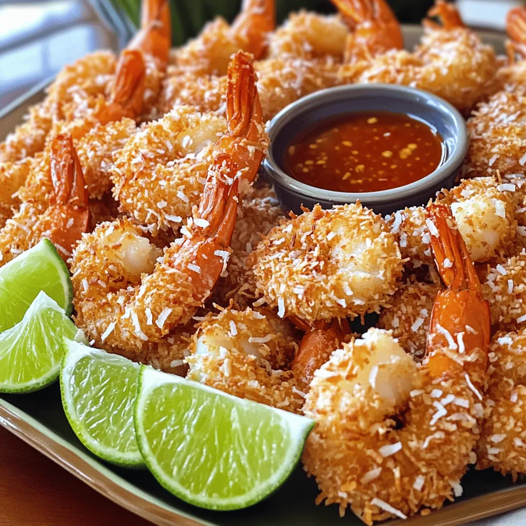 To make crispy coconut shrimp, gather these main ingredients: - 1 pound large shrimp, peeled and deveined - 1 cup shredded coconut (sweetened or unsweetened) - 1/2 cup breadcrumbs - 1/2 cup all-purpose flour - 2 large eggs - 1 teaspoon garlic powder - 1 teaspoon paprika - Salt and pepper to taste - Oil for frying (coconut oil or vegetable oil) - Fresh lime wedges for serving These ingredients create a delightful crunch and tasty flavor that make this dish shine. You can add some fun twists to the recipe. Here are a few optional ingredients: - 1 teaspoon cayenne pepper for heat - 1 tablespoon lime zest for a citrus kick - 1/2 teaspoon onion powder for depth - Fresh herbs like cilantro for garnish These extras can elevate your dish, adding layers of flavor and making it unique. Choosing the right shrimp is key for this recipe. Here are some tips: - Look for shrimp that feel firm and have a slight sheen. - Avoid shrimp with a strong fishy smell; fresh shrimp should smell like the ocean. - Larger shrimp work best for this recipe, as they hold the coating well. - If possible, buy wild-caught shrimp for better flavor and sustainability. Following these tips ensures you have the best shrimp for your crispy coconut delight. For the complete recipe, check the Full Recipe section. Start with fresh shrimp. I use large shrimp for this recipe. First, peel and devein them. Then, pat the shrimp dry with paper towels. This step is key. It helps the coating stick better. If the shrimp are wet, the breading will slide off. Now, let’s set up your breading station. Use three shallow bowls for this. In the first bowl, mix the flour, garlic powder, paprika, salt, and pepper. Stir it well. In the second bowl, beat the two eggs until smooth. In the third bowl, combine the shredded coconut and breadcrumbs. Mix these two well, too. This setup makes breading easy and fun. Next, it’s time to fry the shrimp. Heat about one inch of oil in a large frying pan over medium heat. You want the oil hot but not smoking. To test it, drop in a small piece of batter. If it sizzles, the oil is ready. Carefully place the coated shrimp in the hot oil. Do not overcrowd the pan. Fry each shrimp for 2-3 minutes on each side until they turn golden brown and crispy. Use a slotted spoon to remove them. Let the shrimp drain on a plate lined with paper towels. This will keep them crispy and not greasy. Enjoy your crispy coconut shrimp! For the full recipe, check the earlier section. To get a great coating on your shrimp, start with dry shrimp. Pat them well with paper towels. Then, follow the three-step breading process. First, dip the shrimp in the flour mix. Next, coat them in the egg wash. Finally, cover them with the coconut and breadcrumb mix. Press down gently to help the coating stick. This method gives you that crunchy texture we all love. The type of oil you use can change the taste. I recommend coconut oil or vegetable oil. Coconut oil adds a nice flavor that matches the coconut. Vegetable oil works well too. Make sure the oil is hot enough before you fry. A good test is to drop a small piece of batter into the oil. If it sizzles, your oil is ready! Cooking time depends on shrimp size. For large shrimp, fry for about 2-3 minutes on each side. If you use smaller shrimp, adjust the time to about 1-2 minutes per side. Always watch for a golden-brown color. Remove the shrimp when they're crispy. This will ensure they're cooked through but not overdone. Follow these tips from the Full Recipe for the best results! {{image_2}} You can spice up your coconut shrimp by using spicy bread crumbs. Just mix 1/2 cup of bread crumbs with a teaspoon of cayenne pepper or chili powder. This adds heat and depth to the dish without changing the core flavors. If you want it extra spicy, add a dash of hot sauce to your egg mixture. This turns a delightful meal into a bold dish. You can choose to bake or fry your coconut shrimp. Baking is a healthier option. Preheat your oven to 400°F and place the shrimp on a lined baking sheet. Spray them lightly with oil to help them crisp. Bake for about 15-20 minutes, flipping halfway through. Fried shrimp will have a crunchier texture, but both methods can yield tasty results. Your choice depends on your diet and preference. Dipping sauces can change the entire meal. Sweet chili sauce adds a nice kick. A mango dipping sauce brings a fruity flair. You can even mix mayonnaise with lime juice for a creamy twist. Each dip pairs well with the crunchy shrimp. Feel free to experiment and find your favorite combination. To keep leftover coconut shrimp fresh, place them in an airtight container. Make sure they cool down first. Store them in the fridge for up to three days. If you want to keep them longer, freezing is a good option. For the best taste when reheating, use an oven. Preheat your oven to 375°F. Place the shrimp on a baking sheet lined with parchment paper. Heat for about 10-12 minutes, or until they're hot and crispy again. You can also use an air fryer for about 5-7 minutes. This method keeps the crunch really well. If you want to freeze coconut shrimp, it’s easy! First, let them cool completely. Then, arrange them in a single layer on a baking sheet. Freeze them for about 1-2 hours. Once they are frozen, transfer them to a freezer bag. They can last up to three months in the freezer. When you're ready to enjoy them, just reheat them directly from frozen. Enjoy this delightful and flavorful meal again! For the full recipe, check the details provided above. To keep the coating on, dry the shrimp first. Use paper towels to remove any moisture. This step helps the coating stick better. When you coat the shrimp, press the coconut mixture firmly onto the shrimp. Make sure to shake off excess flour and egg so the coating adheres well. Yes, you can prepare the shrimp in advance. Bread the shrimp, then place them on a tray. Cover the tray with plastic wrap and keep it in the fridge for a few hours. Fry them just before serving for the best texture. This keeps them fresh and crispy. Crispy coconut shrimp tastes great with many sauces. Here are a few favorites: - Sweet chili sauce - Mango salsa - Spicy mayo - Pineapple dipping sauce These flavors complement the shrimp's sweetness and crunch. To check if the oil is ready, drop a small piece of breading into the oil. If it sizzles, the oil is hot. You can also use a thermometer. The oil should reach about 350°F for the best frying results. Yes, you can bake them. Preheat your oven to 400°F. Place the shrimp on a baking sheet lined with parchment paper. Spray them lightly with oil for crispiness. Bake for about 15-20 minutes, flipping halfway through. They will not be as crispy but still delicious. Frying takes about 2-3 minutes per side. The shrimp should turn golden brown. Make sure not to overcrowd the pan. Fry in batches if needed to ensure even cooking. Yes, you can use frozen shrimp. Just thaw them first. Place the frozen shrimp in the fridge overnight or run them under cold water. Pat them dry before coating to ensure the best adhesion for the breading. Crispy coconut shrimp pairs well with fresh salads, rice, or coleslaw. You can also add tropical fruits like mango or pineapple for extra flavor. Serve with lime wedges for a zesty touch. Yes, sweetened shredded coconut works too. It adds more sweetness to the dish. If you prefer a less sweet flavor, use unsweetened coconut. Both options are delicious and give a nice texture. For all the details, check the Full Recipe. It guides you through each step for perfect crispy coconut shrimp. Making crispy coconut shrimp is easy and fun. We covered the key ingredients, preparation steps, and frying tips. I shared tips to ensure your shrimp are nice and crunchy. You can choose different flavors and sauces to make your dish unique. Remember, storing and reheating leftovers can keep the shrimp tasty. Experiment with variations and enjoy trying new ideas. You’ll impress everyone with your delicious creation!
