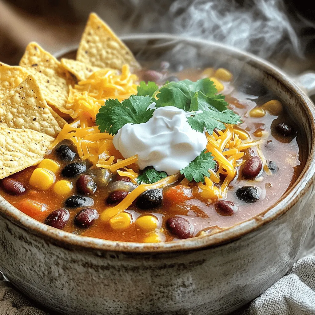 To make One-Pot Taco Soup, you need a simple list of ingredients. Here’s what you will need: - 1 lb ground beef or turkey - 1 medium onion, diced - 3 cloves garlic, minced - 1 can (15 oz) black beans, drained and rinsed - 1 can (15 oz) kidney beans, drained and rinsed - 1 can (15 oz) corn, drained - 1 can (14.5 oz) diced tomatoes with green chilies - 1 packet taco seasoning (about 1 oz) - 4 cups beef or vegetable broth - 1 bell pepper (any color), diced - 1 tablespoon olive oil - Salt and pepper to taste - Optional toppings: shredded cheese, sour cream, chopped cilantro, tortilla chips Each ingredient plays a role in creating that rich, hearty flavor. The ground beef or turkey serves as your protein base. The diced onion, bell pepper, and minced garlic add depth. The beans and corn give texture and heartiness. The diced tomatoes add a nice acidity and warmth, while the taco seasoning brings that authentic flavor to life. Don’t forget the optional toppings! They can take your soup to a new level. Shredded cheese, sour cream, and cilantro add creaminess and freshness. Tortilla chips add a fun crunch. This recipe is all about balance and making it your own. For the full recipe, check out the details above! 1. Start by heating 1 tablespoon of olive oil in a large pot over medium heat. 2. Add 1 medium diced onion and 1 diced bell pepper. Sauté for about 3-4 minutes until they soften. 3. Next, add 3 cloves of minced garlic. Cook for 1 more minute, stirring to release the aroma. 4. Push the veggies to the side. Add 1 lb of ground beef or turkey. Cook until browned, breaking it up with a spoon. This should take about 5-6 minutes. 5. Stir in 1 packet of taco seasoning. Mix it well with the meat and veggies. 6. Pour in 4 cups of beef or vegetable broth. This adds depth to the soup. 1. Now, mix in 1 can of drained and rinsed black beans, 1 can of drained kidney beans, 1 can of drained corn, and 1 can of diced tomatoes with green chilies. 2. Stir everything together to make sure it is well combined. 3. Bring the mixture to a boil. Once boiling, reduce the heat and let it simmer uncovered for about 20 minutes. Stir occasionally to prevent sticking. 1. Taste the soup and season with salt and pepper as needed. 2. Serve in bowls. Top with shredded cheese, a dollop of sour cream, fresh cilantro, and crunchy tortilla chips for added texture. Enjoy your flavorful and hearty Taco Soup! For the full recipe, check the details above. - How to avoid soggy soup: To keep your soup thick, don’t add too much broth. Stick to the amount in the recipe. Also, drain your canned beans and corn well. This helps keep the soup from getting watery. - Best practices for sautéing vegetables: Start with a hot pot. Heat the olive oil until it shimmers. Add the onion and bell pepper first. Cook them until they soften, about 3-4 minutes. Then add garlic for just a minute. This step builds great flavors. - Prep ahead ingredients: Chop your veggies the night before. Store them in the fridge. You can also brown the meat ahead of time. This makes cooking the soup quick and easy. - Quick cleaning techniques: Use one pot for cooking and serving. This cuts down on dishes. After serving, soak the pot in warm water. This helps loosen any stuck-on food. - Serving ideas for Taco Soup: Serve the soup in big bowls. Add toppings like shredded cheese, sour cream, and fresh cilantro. Pair it with crunchy tortilla chips on the side. This makes the meal more fun. - Best containers for leftovers: Use airtight containers to keep the soup fresh. Glass or BPA-free plastic containers work well. Label them with the date, so you know when to eat them. {{image_2}} You can change the meat in your taco soup to make it healthier. Ground turkey works well instead of beef. You can even use chicken or lean pork. For a vegetarian option, swap the meat for lentils or mushrooms. They add great flavor and texture. If you want a vegan soup, use only beans, corn, and veggies. You can also use vegetable broth instead of beef broth. This keeps it hearty and plant-based. If you like heat, you can spice up your soup. Add extra taco seasoning or chili powder. This gives it a nice kick. You can also toss in some fresh peppers like jalapeños or serranos. Cut them up and add them while cooking. They add a fresh taste and more heat. If you want a milder soup, just skip the extra spices. You can still enjoy great flavor without the heat. Your taco soup can shine with different sides. Try serving it with cornbread or warm tortillas. These add a nice touch and are fun to dip. You can also top your soup with shredded cheese, sour cream, or chopped cilantro. These toppings make the soup look pretty and add flavor. Don't forget crunchy tortilla chips! They add a great texture and fun to every bite. For more ideas, check out the Full Recipe for extra inspiration. To store leftovers, let the soup cool first. Then, transfer it to an airtight container. Glass or plastic containers work well. Be sure to label the container with the date. This helps you keep track of freshness. You can store the soup in the fridge for up to five days. Yes, you can freeze One-Pot Taco Soup! Pour the cooled soup into freezer-safe bags or containers. Leave some space at the top for expansion. When you want to eat it, thaw it in the fridge overnight. To reheat, warm it on the stove or in the microwave until hot. In the fridge, Taco Soup lasts about five days. If you freeze it, it stays good for about three months. Check for signs of spoilage. If it smells sour or looks off, it’s best to throw it away. Always trust your senses to keep your meals safe and tasty! Can I make it ahead of time? Yes, you can make One-Pot Taco Soup ahead. Just cool it down and store it in the fridge. It tastes even better the next day. What can I substitute for taco seasoning? If you run out of taco seasoning, mix cumin, paprika, garlic powder, and chili powder. This simple blend gives your soup a tasty kick. You can adjust the amounts based on your taste. How can I make it spicier? To spice things up, add diced jalapeños or crushed red pepper flakes. You can also use a hot salsa instead of diced tomatoes. Start with a little, then taste and adjust. Caloric content per serving One serving of this soup has about 300 calories. This makes it a hearty meal without being too heavy. Nutritional benefits of ingredients - Ground beef or turkey provides protein for muscle health. - Beans add fiber, which is good for digestion. - Vegetables like onions and bell peppers offer vitamins and minerals. - Tomatoes are rich in antioxidants, supporting heart health. Adjusting flavors or textures for children Kids may prefer a milder flavor. You can reduce the taco seasoning or skip the green chilies. Blend the soup for a smoother texture if needed. Healthier topping alternatives Instead of sour cream, try Greek yogurt for a healthier option. You can also add avocado slices for creaminess and healthy fats. In this blog post, we covered the key ingredients for One-Pot Taco Soup. You learned how to prep and cook, plus tips for storage and serving. Variations let you customize the soup to your taste, whether you prefer lean meats or vegetarian options. One-Pot Taco Soup is a flexible dish that suits many preferences. With the right ingredients and steps, you can create a meal that everyone will enjoy. Enjoy your cooking!