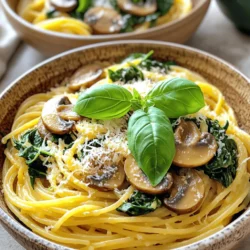 - 12 oz spaghetti or linguine - 2 tablespoons olive oil - 1 small onion, finely chopped - 3 cloves garlic, minced - 8 oz mushrooms, sliced - 5 oz fresh spinach, roughly chopped - 1 cup vegetable broth - 1 tablespoon soy sauce - 1 teaspoon dried thyme - Salt and pepper to taste This recipe uses simple yet fresh ingredients. I like to start with spaghetti or linguine. Both pasta types work well in this dish. The olive oil adds richness and helps sauté the onion and garlic. The onion gives a sweet base flavor. Garlic adds a zesty kick that I really love. Mushrooms bring a savory depth, while spinach adds a fresh touch. You can use any mushrooms you like, such as cremini or button. - 1/4 cup grated Parmesan cheese - Fresh basil leaves for garnish Parmesan cheese adds a creamy flavor. If you want a bit of freshness, basil is a great choice for garnish. It looks nice and tastes great too! - Pasta alternatives (gluten-free options) - Different mushroom varieties If you prefer gluten-free pasta, you can easily swap it out. There are many options available, like rice noodles or chickpea pasta. For mushrooms, try shiitake or portobello for different textures and flavors. You can find the full recipe above. Enjoy making this delicious mushroom spinach pasta! Start by boiling a large pot of salted water. Once it boils, add 12 oz of spaghetti or linguine. Cook according to the package instructions until al dente. This usually takes about 8 to 10 minutes. After cooking, save 1 cup of pasta water. Drain the pasta and set it aside. In a large skillet, heat 2 tablespoons of olive oil over medium heat. Add 1 finely chopped small onion. Sauté it until it turns translucent, which should take about 3 to 4 minutes. Then, add 3 minced garlic cloves. Cook for another minute. This step is key because it builds a strong flavor base for your dish. Next, add 8 oz of sliced mushrooms to the skillet. Cook them for about 5 to 7 minutes. Stir occasionally until they soften and turn brown. After that, stir in 5 oz of roughly chopped fresh spinach. Cook until the spinach wilts, which takes about 2 to 3 minutes. Make sure to keep an eye on the cooking time for each vegetable, as it affects their texture and taste. Pour in 1 cup of vegetable broth and 1 tablespoon of soy sauce into the skillet. Add 1 teaspoon of dried thyme, along with salt and pepper to taste. Let this mixture simmer for about 3 to 4 minutes. This simmering time helps blend all the flavors together nicely. Now, it's time to combine everything. Add the drained pasta to the skillet, tossing gently to mix. If the sauce seems thick, add a bit of the reserved pasta water until you reach your desired consistency. If you like, sprinkle 1/4 cup of grated Parmesan cheese over the pasta. Toss again until it melts and makes the dish creamy. Serve the pasta in bowls, garnishing with fresh basil leaves for a touch of color. For the full recipe, check the details earlier. To make your mushroom spinach pasta burst with flavor, consider these herbs and spices: - Thyme: It pairs well with mushrooms and adds depth. - Oregano: A sprinkle gives a nice, earthy taste. - Crushed red pepper: For a bit of heat, add this spice. - Lemon zest: A touch brightens the dish and adds freshness. Adjusting the seasoning is key. Start with a pinch of salt and pepper. Mix well and taste. Add more if needed. Each chef has their own touch, so trust your taste buds! If you want to save time, try a one-pot method. Cook the pasta in the broth along with the vegetables. This way, the pasta absorbs all the flavors. For a crispier texture, pan-fry the mushrooms first. Brown them well before adding the onions. This step brings out their natural sweetness. Make sure to stir often to avoid burning. Presentation matters! Serve the pasta in shallow bowls. Drizzle extra olive oil on top for shine. Add more grated Parmesan and fresh basil leaves to make it pop. Pair your dish with a light white wine, like Pinot Grigio. It complements the flavors well. A side salad with lemon vinaigrette also works great. For more ideas and the full recipe, check out the complete guide! {{image_2}} You can easily make this dish vegetarian or vegan. Use plant-based pasta for a delightful twist. If you want to skip cheese, try nutritional yeast. It adds a cheesy flavor without dairy. Want to add some protein? Chicken, shrimp, or tofu work great! If you choose chicken, cook it in the skillet before the onions. For shrimp, add them when the mushrooms are almost done. Tofu should be cubed and cooked until golden. Cooking times are as follows: - Chicken: 7-10 minutes - Shrimp: 3-5 minutes - Tofu: 5-7 minutes Feel free to switch up the sauce! A creamy sauce can make this dish richer. You can use heavy cream or a plant-based alternative. You can also toss in more veggies. Bell peppers, zucchini, or sun-dried tomatoes add great taste and color. I often use a mix of vegetables for a fun twist. To store mushroom spinach pasta, let it cool first. Place it in an airtight container. This keeps it fresh longer. Glass or plastic containers work well. Make sure to seal them tight to avoid spills or air. You can keep it in the fridge for up to three days. When reheating, the stovetop is best. It warms the pasta evenly and keeps it moist. If you use a microwave, cover the bowl with a lid. This helps steam it. Add a splash of water to keep it from drying out. Stir every minute for even heating. Yes, you can freeze mushroom spinach pasta. First, let it cool completely. Then, place it in a freezer-safe container. Leave some space at the top, as it expands when frozen. For best taste, eat it within three months. To thaw, move it to the fridge overnight before reheating. You can easily make mushroom spinach pasta gluten-free. Just swap regular pasta for gluten-free options. Look for brands that use rice, quinoa, or chickpeas. These alternatives cook similarly and taste great. Be sure to check the cooking time. It may differ from regular pasta. Yes, you can use frozen spinach! It’s a great time saver. If you go this route, thaw the spinach first. Squeeze out excess water to avoid a watery dish. Cook the frozen spinach for about 3-5 minutes. This ensures it heats through and mixes well with the other ingredients. Pair your pasta with simple and tasty sides. Here are a few ideas: - A fresh green salad with a light vinaigrette - Garlic bread for a crunchy texture - Roasted vegetables like zucchini or bell peppers These sides add color and flavor to your meal. You can get creative with this dish! Here are some popular swaps: - Use different types of mushrooms like shiitake or portobello - Add protein such as grilled chicken or shrimp - Swap spinach for kale or arugula These changes can bring new tastes and textures to your pasta. Yes, you can prepare mushroom spinach pasta in advance! Cook the pasta and sauce separately. Store them in airtight containers in the fridge. When ready to eat, just reheat them together in a skillet. This way, you keep flavors fresh and vibrant. You learned how to make a tasty mushroom spinach pasta with simple steps. We covered key ingredients, cooking methods, and helpful tips. Remember, you can customize this dish with different proteins or sauces. With the right storage, leftovers can taste great too. Trying new flavors keeps cooking fun. Enjoy your pasta dish, and let your taste buds explore new possibilities!