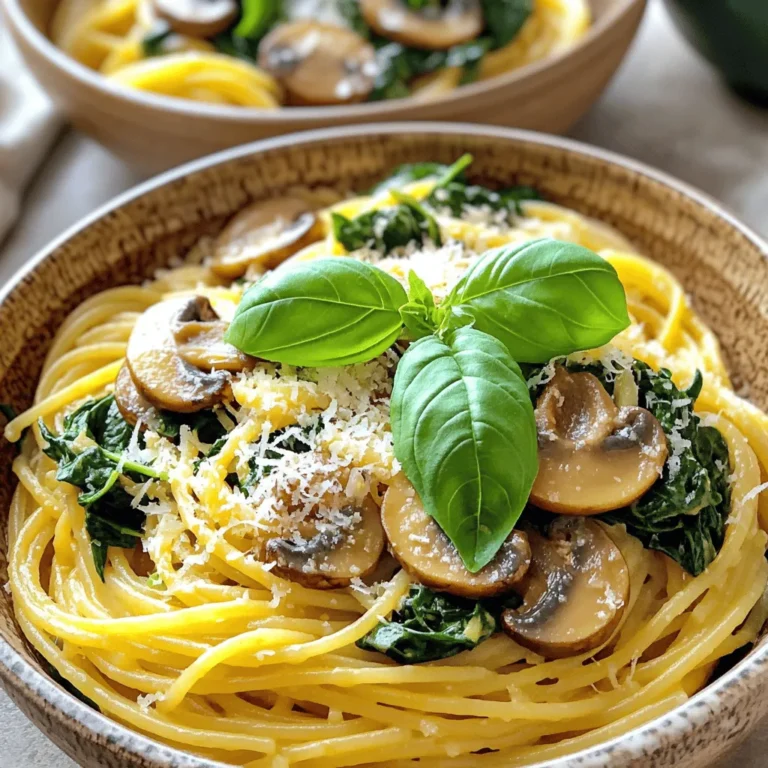 - 12 oz spaghetti or linguine - 2 tablespoons olive oil - 1 small onion, finely chopped - 3 cloves garlic, minced - 8 oz mushrooms, sliced - 5 oz fresh spinach, roughly chopped - 1 cup vegetable broth - 1 tablespoon soy sauce - 1 teaspoon dried thyme - Salt and pepper to taste This recipe uses simple yet fresh ingredients. I like to start with spaghetti or linguine. Both pasta types work well in this dish. The olive oil adds richness and helps sauté the onion and garlic. The onion gives a sweet base flavor. Garlic adds a zesty kick that I really love. Mushrooms bring a savory depth, while spinach adds a fresh touch. You can use any mushrooms you like, such as cremini or button. - 1/4 cup grated Parmesan cheese - Fresh basil leaves for garnish Parmesan cheese adds a creamy flavor. If you want a bit of freshness, basil is a great choice for garnish. It looks nice and tastes great too! - Pasta alternatives (gluten-free options) - Different mushroom varieties If you prefer gluten-free pasta, you can easily swap it out. There are many options available, like rice noodles or chickpea pasta. For mushrooms, try shiitake or portobello for different textures and flavors. You can find the full recipe above. Enjoy making this delicious mushroom spinach pasta! Start by boiling a large pot of salted water. Once it boils, add 12 oz of spaghetti or linguine. Cook according to the package instructions until al dente. This usually takes about 8 to 10 minutes. After cooking, save 1 cup of pasta water. Drain the pasta and set it aside. In a large skillet, heat 2 tablespoons of olive oil over medium heat. Add 1 finely chopped small onion. Sauté it until it turns translucent, which should take about 3 to 4 minutes. Then, add 3 minced garlic cloves. Cook for another minute. This step is key because it builds a strong flavor base for your dish. Next, add 8 oz of sliced mushrooms to the skillet. Cook them for about 5 to 7 minutes. Stir occasionally until they soften and turn brown. After that, stir in 5 oz of roughly chopped fresh spinach. Cook until the spinach wilts, which takes about 2 to 3 minutes. Make sure to keep an eye on the cooking time for each vegetable, as it affects their texture and taste. Pour in 1 cup of vegetable broth and 1 tablespoon of soy sauce into the skillet. Add 1 teaspoon of dried thyme, along with salt and pepper to taste. Let this mixture simmer for about 3 to 4 minutes. This simmering time helps blend all the flavors together nicely. Now, it's time to combine everything. Add the drained pasta to the skillet, tossing gently to mix. If the sauce seems thick, add a bit of the reserved pasta water until you reach your desired consistency. If you like, sprinkle 1/4 cup of grated Parmesan cheese over the pasta. Toss again until it melts and makes the dish creamy. Serve the pasta in bowls, garnishing with fresh basil leaves for a touch of color. For the full recipe, check the details earlier. To make your mushroom spinach pasta burst with flavor, consider these herbs and spices: - Thyme: It pairs well with mushrooms and adds depth. - Oregano: A sprinkle gives a nice, earthy taste. - Crushed red pepper: For a bit of heat, add this spice. - Lemon zest: A touch brightens the dish and adds freshness. Adjusting the seasoning is key. Start with a pinch of salt and pepper. Mix well and taste. Add more if needed. Each chef has their own touch, so trust your taste buds! If you want to save time, try a one-pot method. Cook the pasta in the broth along with the vegetables. This way, the pasta absorbs all the flavors. For a crispier texture, pan-fry the mushrooms first. Brown them well before adding the onions. This step brings out their natural sweetness. Make sure to stir often to avoid burning. Presentation matters! Serve the pasta in shallow bowls. Drizzle extra olive oil on top for shine. Add more grated Parmesan and fresh basil leaves to make it pop. Pair your dish with a light white wine, like Pinot Grigio. It complements the flavors well. A side salad with lemon vinaigrette also works great. For more ideas and the full recipe, check out the complete guide! {{image_2}} You can easily make this dish vegetarian or vegan. Use plant-based pasta for a delightful twist. If you want to skip cheese, try nutritional yeast. It adds a cheesy flavor without dairy. Want to add some protein? Chicken, shrimp, or tofu work great! If you choose chicken, cook it in the skillet before the onions. For shrimp, add them when the mushrooms are almost done. Tofu should be cubed and cooked until golden. Cooking times are as follows: - Chicken: 7-10 minutes - Shrimp: 3-5 minutes - Tofu: 5-7 minutes Feel free to switch up the sauce! A creamy sauce can make this dish richer. You can use heavy cream or a plant-based alternative. You can also toss in more veggies. Bell peppers, zucchini, or sun-dried tomatoes add great taste and color. I often use a mix of vegetables for a fun twist. To store mushroom spinach pasta, let it cool first. Place it in an airtight container. This keeps it fresh longer. Glass or plastic containers work well. Make sure to seal them tight to avoid spills or air. You can keep it in the fridge for up to three days. When reheating, the stovetop is best. It warms the pasta evenly and keeps it moist. If you use a microwave, cover the bowl with a lid. This helps steam it. Add a splash of water to keep it from drying out. Stir every minute for even heating. Yes, you can freeze mushroom spinach pasta. First, let it cool completely. Then, place it in a freezer-safe container. Leave some space at the top, as it expands when frozen. For best taste, eat it within three months. To thaw, move it to the fridge overnight before reheating. You can easily make mushroom spinach pasta gluten-free. Just swap regular pasta for gluten-free options. Look for brands that use rice, quinoa, or chickpeas. These alternatives cook similarly and taste great. Be sure to check the cooking time. It may differ from regular pasta. Yes, you can use frozen spinach! It’s a great time saver. If you go this route, thaw the spinach first. Squeeze out excess water to avoid a watery dish. Cook the frozen spinach for about 3-5 minutes. This ensures it heats through and mixes well with the other ingredients. Pair your pasta with simple and tasty sides. Here are a few ideas: - A fresh green salad with a light vinaigrette - Garlic bread for a crunchy texture - Roasted vegetables like zucchini or bell peppers These sides add color and flavor to your meal. You can get creative with this dish! Here are some popular swaps: - Use different types of mushrooms like shiitake or portobello - Add protein such as grilled chicken or shrimp - Swap spinach for kale or arugula These changes can bring new tastes and textures to your pasta. Yes, you can prepare mushroom spinach pasta in advance! Cook the pasta and sauce separately. Store them in airtight containers in the fridge. When ready to eat, just reheat them together in a skillet. This way, you keep flavors fresh and vibrant. You learned how to make a tasty mushroom spinach pasta with simple steps. We covered key ingredients, cooking methods, and helpful tips. Remember, you can customize this dish with different proteins or sauces. With the right storage, leftovers can taste great too. Trying new flavors keeps cooking fun. Enjoy your pasta dish, and let your taste buds explore new possibilities!