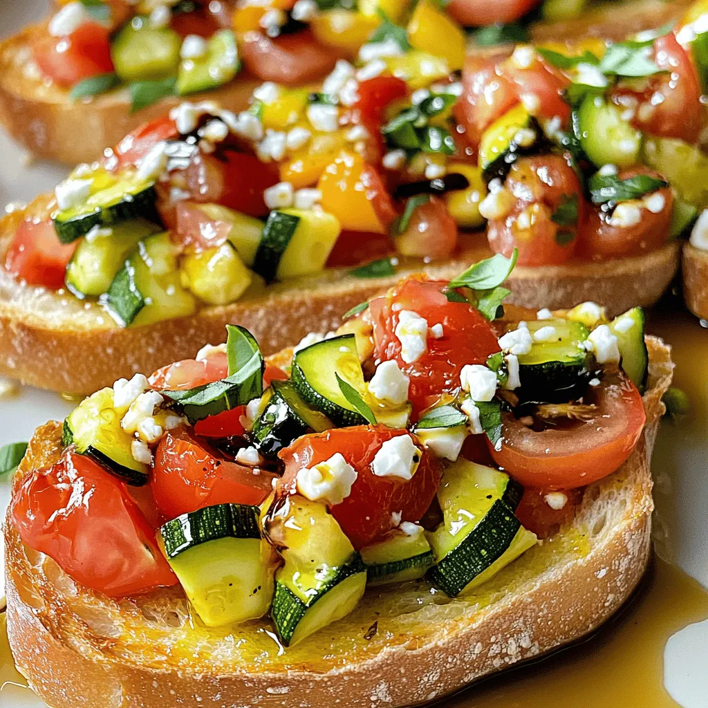 To make this tasty snack, gather these key items: - 1 French baguette, sliced into 1/2 inch pieces - 2 medium-sized ripe tomatoes, diced - 1 medium zucchini, diced - 2 cloves garlic, minced - 1/4 cup fresh basil, chopped - 1/4 cup feta cheese, crumbled - 3 tablespoons balsamic glaze - 3 tablespoons olive oil - Salt and pepper to taste When making bruschetta, fresh ingredients stand out. Fresh tomatoes and zucchini give a bright flavor. They add texture and color. Use fresh basil for its strong aroma. Dried herbs can work but will not provide the same punch. I always choose fresh when I can. It makes all the difference in taste. Each ingredient in this bruschetta has health perks. Tomatoes are full of vitamins A and C. They are also rich in antioxidants. Zucchini adds fiber and helps digestion. Garlic can boost your immune system. Basil has anti-inflammatory properties. Feta cheese gives protein and calcium. Olive oil contains healthy fats. This snack is not only tasty but also good for you. Enjoy this vibrant dish for a boost of nutrition! To make Tomato and Zucchini Bruschetta, start by gathering your ingredients. Preheat your oven to 400°F (200°C). Slice the French baguette into pieces that are about 1/2 inch thick. Lay the slices on a baking sheet. Drizzle olive oil over them, ensuring each slice gets a good coat. Toast them in the oven for 8-10 minutes until they turn golden brown and crispy. While the bread is toasting, take a medium bowl. Dice the two ripe tomatoes and the zucchini. Add minced garlic and chopped basil to the bowl. Mix everything well to combine the flavors. Season this mixture with salt and pepper to taste. Once the baguette slices are ready, remove them from the oven. Spoon the tomato and zucchini mix generously onto each slice. Sprinkle crumbled feta cheese on top of the mixture for added flavor. Finally, drizzle balsamic glaze over each bruschetta to give it a sweet kick. Serve them right away to enjoy the crispy toast with fresh toppings. I often find it helpful to think of cooking as a fun art. Visualizing each step can make it easier. Picture the golden baguette slices coming out of the oven, the vibrant colors of the diced tomatoes and zucchini mixing in the bowl, and the final dish topped with creamy feta and glossy balsamic. You want each bite to look as good as it tastes. Timing is key in cooking. Keep an eye on your baguette as it toasts. Ovens can vary, and you don’t want it to burn. Aim for a light golden color. When mixing your tomato and zucchini, do this while the bread is toasting. This way, everything will be ready at the same time. Serve the bruschetta immediately after assembling. This keeps the bread crisp and the toppings fresh. Following these timing tips will help you create a delightful snack that everyone will love. Toasting the baguette is key to a great bruschetta. Start with fresh baguette slices. Aim for pieces about 1/2 inch thick. This size gives you a nice crunch without being too hard to bite. Brush each slice with olive oil. It adds flavor and helps the bread crisp up. Place the slices on a baking sheet in a single layer. Bake in a preheated oven at 400°F (200°C). Toast for 8 to 10 minutes. Keep an eye on them to avoid burning. You want them golden brown and crispy, not dark. Fresh herbs make a big difference in flavor. In this recipe, I like using basil. It adds a fresh, bright taste. You can also try oregano or thyme for a different twist. Adding garlic is another great way to boost flavor. Minced garlic gives a nice kick. Just be careful not to add too much. A little can go a long way. Don't forget salt and pepper! They help to bring out all the flavors. Taste the mixture before serving to adjust the seasoning. One common mistake is to use stale bread. Fresh bread makes a huge difference in taste and texture. Always choose a baguette that is soft and fresh. Another mistake is not toasting the bread long enough. You want it crispy for the best bite. If the bread is soft, it will become soggy with the topping. Lastly, don’t overload the bruschetta. Keep a good balance between the bread and toppings. Too much topping can make it messy and hard to eat. For the full recipe, make sure to check the details! {{image_2}} You can change this bruschetta to match your taste. For a spicy kick, add diced jalapeños. If you love sweetness, try roasted red peppers. You can also use different herbs. Oregano or thyme can bring a new flavor. Fresh mozzarella instead of feta creates a creamy texture. These twists keep the dish fresh and exciting. You can play with the toppings and base. Instead of a baguette, use pita bread or crackers. If you prefer a vegan option, skip the feta or use a plant-based cheese. Try adding olives or capers for a salty touch. You can also use different veggies like bell peppers or eggplant. Each choice can change the dish's overall flavor. Serve your bruschetta with a light salad for a complete meal. Pair it with a chilled glass of white wine like Sauvignon Blanc. For a fun twist, serve it as an appetizer at your next party. It’s perfect for sharing. Your guests will love the fresh flavors. You can find the full recipe for Tomato and Zucchini Bruschetta to explore more ways to enjoy it. To store your bruschetta, keep the toppings and bread separate. Place the leftover toppings in an airtight container. This helps keep them fresh. Store the toasted bread in a zip-top bag. Make sure to let it cool first. This method helps keep the bread from getting soggy. When you want to eat your leftovers, reheat the bread separately. Preheat your oven to 350°F (175°C). Place the bread on a baking sheet and heat for about 5-7 minutes. This helps it become crispy again. Avoid the microwave; it makes the bread soft. After reheating, add the toppings back on for a tasty snack. You can freeze the toppings if you have extra. Just place them in a freezer-safe bag. Remove as much air as possible to avoid freezer burn. The toppings can last up to three months in the freezer. When you're ready to use them, thaw in the fridge overnight. You can then reheat the bread as mentioned earlier. Enjoy a quick and easy snack any time! For the full recipe, check out the earlier section. To boost the flavor of your bruschetta, try adding more herbs. Fresh herbs like oregano, thyme, or parsley work well. You can also use roasted garlic instead of raw garlic for a sweeter taste. A splash of lemon juice can add brightness. If you love spice, a pinch of red pepper flakes gives it a kick. Finally, using high-quality olive oil enhances the overall taste. Yes, you can! Feel free to swap in other veggies. Bell peppers, mushrooms, or even corn can add a nice twist. Grilled vegetables are a great option too. Just remember to chop them small so they fit well on the bread. Mix and match until you find your favorite combo. For wine, I recommend a light white wine. A Sauvignon Blanc or Pinot Grigio pairs nicely. These wines match the fresh flavors of the tomatoes and zucchini. If you prefer red, try a light-bodied wine like Pinot Noir. It won’t overpower the dish. Enjoy your bruschetta with the right drink for a tasty experience. For the full recipe, check out the [Full Recipe]. This blog post covered how to make delicious Tomato and Zucchini Bruschetta. We explored key ingredients, including fresh and dried options, and their health benefits. The step-by-step instructions ensure you can prepare it with ease, while tips help enhance flavors and avoid common mistakes. You can even try creative variations and learn how to store leftovers. Enjoy experimenting with this simple dish. It’s a fun way to impress friends and family with your cooking skills.