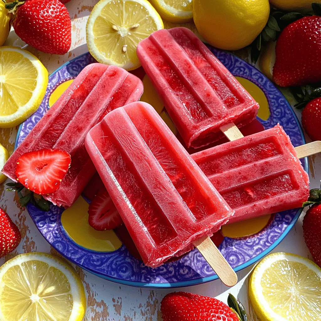 - 2 cups fresh strawberries, hulled and sliced - 1 cup freshly squeezed lemon juice (about 4-6 lemons) Fresh strawberries bring a burst of flavor to these popsicles. Choose ripe strawberries for the best taste. The lemon juice adds a bright, tangy note that balances the sweetness. Freshly squeezed juice makes a big difference in flavor. - 1/2 cup honey or maple syrup (adjust to sweet preference) Honey or maple syrup acts as a natural sweetener. You can adjust the amount based on your taste. If you like it sweeter, add more. If you prefer less sweetness, cut back. - 1 cup water - Zest of 1 lemon - Pinch of salt Water helps blend the strawberries smoothly. The lemon zest enhances the lemon flavor, giving the popsicles an extra kick. A pinch of salt may seem small, but it brings out the sweetness and makes each bite taste better. For the full recipe, check out the details above. Enjoy creating this refreshing summer treat! To start, you need to create a smooth strawberry puree. First, combine 2 cups of sliced strawberries and 1 cup of water in a blender. Blend until smooth. This step releases the sweet flavor of the strawberries and makes a great base for your popsicles. Next, strain the strawberry puree through a fine mesh sieve into a mixing bowl. This removes any seeds and gives you a silky texture. After straining, add 1 cup of freshly squeezed lemon juice. This will give your popsicles a bright, zesty flavor. Then, mix in 1/2 cup of honey or maple syrup to sweeten. Adjust the amount based on how sweet you like it. Add the zest of 1 lemon and a pinch of salt. Stir well until everything is fully combined. Now it's time to freeze your popsicles! Pour the mixture into popsicle molds, leaving a little space at the top for expansion. Insert popsicle sticks into the molds. Freeze for at least 4-6 hours, or until they are completely solid. When you're ready to enjoy them, run warm water over the outside of the molds for a few seconds. This helps release the popsicles easily. For the full recipe, check the instructions above! To make your strawberry lemonade popsicles just right, adjust the sweetness to your taste. You can add more honey or maple syrup if you prefer a sweeter treat. Not everyone likes the same level of sweetness, so taste as you mix. Using frozen strawberries is a great way to save time. They blend easily and provide a nice chill. You can skip the step of hulled fresh strawberries. Just throw in the frozen ones and blend. When you're ready to serve, pick a colorful plate. Place the popsicles on it and add fresh strawberries and lemon slices around them. This makes your dish pop with color. The bright colors will catch anyone's eye. It also adds to the fun of enjoying these tasty treats. Getting your popsicles out can be tricky. To make it easy, run warm water over the outside of the molds. Hold them under the water for a few seconds. This will help them release without breaking. You want to enjoy your popsicle, not chase it around. {{image_2}} You can spice up your strawberry lemonade popsicles with fun flavors. Adding mint gives a cool, refreshing taste. Just toss in a handful of fresh mint leaves while blending. Another great idea is to mix in other fruits. Blueberries or mango can add a new twist to each bite. Just chop them up and blend with the strawberries. This makes your popsicles even more colorful and tasty. If you're looking for a vegan option, try using agave nectar instead of honey. It blends well and keeps the syrupy sweetness. You might also want to experiment with different types of honey. Some honey varieties have unique flavors. This can enhance your popsicles in unexpected ways. Always taste as you go, and adjust the sweetness to match your preference. For a creamier texture, include yogurt in your mix. Greek yogurt can add a nice depth and richness. Just a half cup can make a big difference! If you want a little fizz, add a splash of sparkling water before you pour into molds. This can make your popsicles feel extra special. Each of these variations can turn your classic strawberry lemonade popsicles into an exciting treat. Check out the Full Recipe for more details! To keep your homemade strawberry lemonade popsicles fresh, store them in an airtight container. This helps prevent freezer burn and keeps them tasty. It is best to eat them within 2-3 weeks for the best flavor and texture. After that, they may lose their bright taste. When you are ready to enjoy your popsicles, let them sit at room temperature for a few minutes. This makes them easier to bite into. If they stick to the molds, run warm water over the outside of the molds for a few seconds. This should help them pop out easily. If you prefer store-bought strawberry lemonade popsicles, look for popular brands like Outshine or Whole Foods. These brands offer tasty options that you can enjoy right away. Always check the label for ingredients and sweetness to find what you like best. Strawberry lemonade popsicles can last up to 2-3 weeks in the freezer. After this time, they may lose some flavor and texture. For the best taste, enjoy them within this period. Yes, you can use frozen strawberries. They work well in this recipe. Just blend them with water until smooth. This is a great option if fresh strawberries are not available. You can sweeten your popsicles with honey, maple syrup, or agave nectar. Each option adds a unique flavor. Adjust the amount based on your taste. Start with a little, then add more if you want it sweeter. This blog post covered how to make delicious strawberry lemonade popsicles. You learned the key ingredients, including fresh produce and sweeteners. I shared easy, step-by-step instructions for preparing, mixing, and freezing. The tips and variations help you customize your popsicles. Lastly, I provided storage info and answered common questions. Enjoy creating your own popsicles. They are tasty and fun to make!