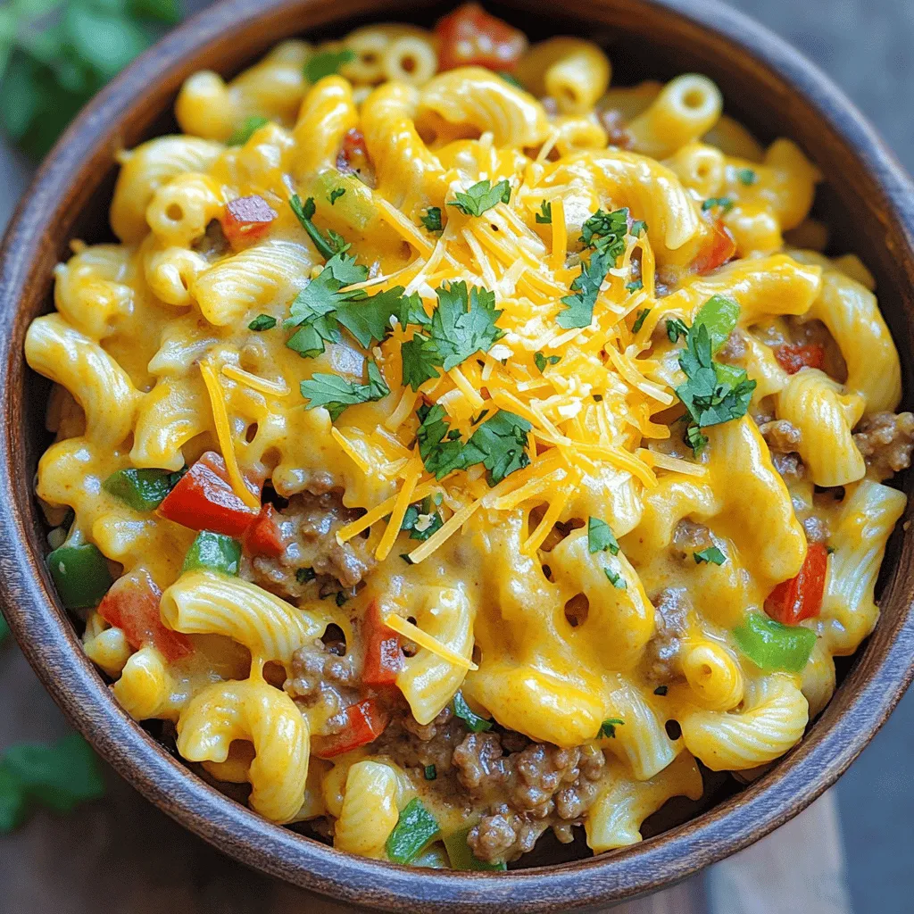 To make Cheesy Taco Pasta, gather these ingredients: - 8 ounces elbow macaroni - 1 pound ground beef or turkey - 1 packet taco seasoning - 1 cup bell peppers, diced (red and green) - 1 small onion, diced - 2 cloves garlic, minced - 1 can (15 oz) diced tomatoes with green chilies - 2 cups shredded cheddar cheese - 1 cup chicken or vegetable broth - 1 cup sour cream - Salt and pepper to taste - Fresh cilantro, chopped (for garnish) These ingredients create a hearty and tasty meal that is sure to please. You can add a few optional ingredients to boost the flavor: - Sliced jalapeños for heat - Black beans for extra protein - Corn for sweetness - Avocado for creaminess These additions can change the taste and make it your own. You’ll need some basic tools to prepare this dish: - Large pot for pasta - Skillet for browning meat - Cutting board and knife for chopping - Measuring cups and spoons for precision Having these tools will help you cook efficiently and enjoy your time in the kitchen. To start, gather all your ingredients. You’ll need elbow macaroni, meat, and veggies. First, boil salted water in a large pot. Add the elbow macaroni and cook until al dente. This usually takes about 7-8 minutes. Make sure to stir it so it doesn’t stick. After cooking, drain the pasta and set it aside. Next, use the same pot or a large skillet for the meat. Heat it over medium heat and add the ground beef or turkey. Brown the meat for about 5-7 minutes. Break it apart with a spatula as it cooks. If there's too much fat, drain the excess. Now, it’s time to add the flavor! Toss in the diced onion, bell peppers, and minced garlic. Sauté these for 3-5 minutes until the veggies are soft. After that, stir in the taco seasoning. Let it cook for 1-2 minutes to release its aroma. Pour in the can of diced tomatoes with their juices, along with the chicken broth. Bring everything to a simmer and let it cook for 5 minutes. This helps the flavors blend well together. Finally, mix in the cooked macaroni, sour cream, and 1.5 cups of cheddar cheese. Stir until well combined and heated through, about 2-3 minutes. Season with salt and pepper to your taste. For the last touch, sprinkle the remaining cheddar cheese on top. Let it melt slightly before serving. To cook pasta just right, always use plenty of water. This helps prevent sticking. Salt the water well; it should taste like the sea. Stir the pasta in the pot often. Check the cooking time on the package but taste it a minute before it's done. You want it firm, not mushy. After draining, do not rinse the pasta. This keeps the starch that helps sauces stick. For tasty meat and veggies, start with good quality ground meat. Searing it well enhances flavor. When adding veggies, use a mix of colors for a vibrant dish. Bell peppers add sweetness, while onion gives depth. Garlic brings a robust taste. Sauté until tender but still bright. This step is key to a flavorful base for your cheesy taco pasta. For an extra kick, consider adding cooked corn or black beans. To get a creamy texture, use full-fat sour cream. It blends well with the cheese. Stir the sour cream in when the pasta is hot. This helps it melt smoothly. I also like to mix in extra cheese. Try adding cream cheese for an even richer taste. Taco seasoning is key, but feel free to adjust it. If you want more heat, add chili powder or cayenne. For a milder flavor, use less seasoning. You can also add cumin or paprika for depth. Don’t forget to taste as you go! To save time, prep your ingredients first. Chop the veggies before cooking. This way, you can cook everything quickly. Use a large pot to cook the pasta and meat at the same time. It cuts down on cleanup, too! For a faster meal, use pre-cooked or leftover meat. This will speed up the cooking process. Explore the full recipe for more details on making this dish perfect! {{image_2}} You can easily make Cheesy Taco Pasta vegetarian. Swap the ground beef or turkey for a meat alternative. Options like lentils or black beans work great. These not only add protein but also keep the dish hearty. You can use the same taco seasoning for flavor. Just make sure to sauté the meat alternative until it's warm and well-mixed with the veggies. For a gluten-free version, choose gluten-free elbow macaroni. Many brands offer tasty options that cook well. You can also make sure the taco seasoning is gluten-free. Most store-bought seasonings are safe, but always check the label. Use vegetable broth instead of chicken broth for a fully gluten-free dish. If you like heat, add diced jalapeños or hot sauce. You can mix these in while sautéing the veggies. Another idea is to sprinkle crushed red pepper flakes on top before serving. For a twist, try adding corn or black olives to the mix. These ingredients enhance texture and flavor, making your Cheesy Taco Pasta even more fun. You can find the Full Recipe for more details on how to make this dish. To keep your Cheesy Taco Pasta fresh, store it in an airtight container. Let it cool completely before sealing. This helps avoid moisture buildup, which can lead to sogginess. If you have leftovers, aim to refrigerate them within two hours after cooking. You can keep it in the fridge for about 3 to 4 days. For best results, label your container with the date. When you're ready to enjoy the leftovers, you can reheat the pasta on the stovetop or in the microwave. For the stovetop, add a splash of broth or water to help it stay creamy. Heat it over medium heat, stirring often to prevent sticking. In the microwave, place it in a bowl, cover it with a damp paper towel, and heat in short bursts. Stir in between to ensure even heating. This keeps the texture nice and creamy. If you want to save some for later, freezing is a great option. Place the cooled pasta in a freezer-safe container or bag. Try to remove as much air as possible to prevent freezer burn. You can freeze it for up to 3 months. When you’re ready to eat it, thaw it in the fridge overnight. Reheat thoroughly before serving. I recommend adding a little cheese on top while reheating for an extra creamy touch. Yes, you can make Cheesy Taco Pasta ahead of time. Just prepare the dish and let it cool. Store it in an airtight container in the fridge for up to three days. When you are ready to eat, simply reheat it on the stove or in the microwave. Stir it well to ensure even heating. If you do not have sour cream, you can use plain yogurt as a great swap. It gives a nice creaminess and tang. Additionally, you can use cream cheese or even cottage cheese. If you want it dairy-free, try cashew cream or avocado for a unique twist. To make Cheesy Taco Pasta less spicy, choose a mild taco seasoning. You can also skip the diced tomatoes with chilies. Adding more cheese or sour cream can help balance the heat. Lastly, serve it with a dollop of yogurt or sour cream on top for extra creaminess. For the full recipe, check out the detailed cooking steps above. In this post, I covered essential and optional ingredients needed for your dish. I shared step-by-step cooking instructions and tips for perfect texture and flavor. You learned about variations, storage techniques, and common questions. Remember, cooking is about experimenting and having fun. With practice, you’ll make delicious meals every time. Enjoy your cooking journey!