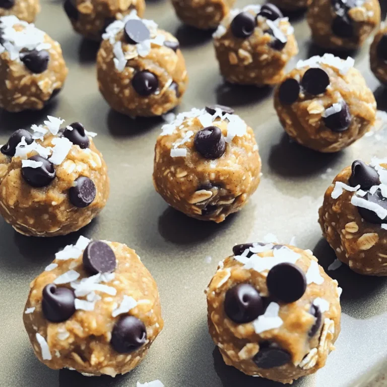 - 1 cup rolled oats - 1/2 cup natural peanut butter - 1/4 cup honey or maple syrup - 1/4 cup ground flaxseed - 1/2 cup dark chocolate chips (or carob chips for a unique twist) - 1/4 cup shredded coconut (unsweetened) - 1/2 teaspoon vanilla extract - A pinch of sea salt Each serving has: - Calories: ~120 - Protein: 3g - Carbs: 15g - Fat: 6g - Fiber: 2g - Sugar: 5g These energy bites pack a punch with good carbs and healthy fats. They keep you full and give you energy for your day. If you have allergies or need other options, here are some swaps: - Use almond butter or sunflower seed butter instead of peanut butter. - For a vegan option, choose maple syrup over honey. - Swap dark chocolate chips for dried fruit for a sweeter bite. - Omit shredded coconut if you dislike it; the bites still taste great! Use these simple substitutes to fit your diet, and enjoy every bite! To make these tasty Peanut Butter Bliss Energy Bites, start by gathering your ingredients. First, take a large mixing bowl. Add 1 cup of rolled oats, 1/4 cup of ground flaxseed, and a pinch of sea salt. Mix them well with a spoon. In another bowl, blend 1/2 cup of natural peanut butter, 1/4 cup of honey or maple syrup, and 1/2 teaspoon of vanilla extract. Stir until it looks creamy. Next, pour the peanut butter mixture into the bowl with the dry ingredients. Mix everything until it’s well combined. Now, fold in 1/2 cup of dark chocolate chips and 1/4 cup of shredded coconut. Make sure the chips and coconut are evenly spread throughout the mix. Using your hands, scoop out a tablespoon of the mixture. Roll it into a ball. Place the balls on a lined baking sheet. Repeat this until all the mixture is gone. Put the baking sheet in the fridge for about 30 minutes. This helps the bites get firm. Once they are set, store them in an airtight container. They can stay fresh in the fridge or at room temperature for up to a week. For a perfect texture, make sure to mix well. Each ingredient should blend nicely. If the mixture feels too dry, add a touch more peanut butter. If it’s too wet, add more oats. You want a sticky yet firm mixture. Rolling the bites in your hands should not be messy. They should hold their shape after chilling. While I can't show you a video, I encourage you to check online for visual guides. Watching someone make these energy bites can provide helpful tips. Look for videos that show each step. You’ll see how the mixture looks at each stage. This can help you feel more confident in making your own Peanut Butter Bliss Energy Bites. To prevent your energy bites from sticking, keep your hands wet. Dampen your palms before rolling the mixture. This simple trick helps the mixture glide smoothly. You can also chill the mixture in the fridge for 10 minutes before rolling. This makes it firmer and easier to handle. A good serving size is about one tablespoon. This size gives you a nice energy boost. You can enjoy 2-3 bites as a snack. They’re perfect before or after workouts. Adjust the serving based on your hunger and activity level. These energy bites pair well with fresh fruit. Try them with apple slices or banana halves. You can also enjoy them with yogurt for a quick breakfast. For a fun twist, dip them in dark chocolate. This adds a rich flavor and makes a great treat. {{image_2}} You can change the flavor of your energy bites easily. Try adding cocoa powder for a chocolate kick. Just mix in two tablespoons of unsweetened cocoa. You can also use protein powder. This adds protein and makes them more filling. Choose your favorite flavor of protein powder. It can be vanilla, chocolate, or even strawberry! To boost nutrition, add nuts or seeds. Chopped almonds or walnuts add crunch and healthy fats. Sunflower seeds and chia seeds are also great choices. They add fiber and omega-3s. You can mix in a quarter cup of your favorite nuts or seeds. This extra touch makes them even more tasty and healthy. Get creative with seasonal flavors. In the fall, try pumpkin spice. Add a quarter cup of pumpkin puree and a teaspoon of pumpkin spice. This gives a warm flavor perfect for autumn. In the summer, use fresh berries. Mash them up and mix them in for a fruity twist. You can have fun changing the flavors with each season! For the complete list of ingredients and instructions, check out the Full Recipe. To keep your peanut butter energy bites fresh, store them in an airtight container. This helps prevent them from drying out. You can keep the bites in the fridge or at room temperature. If you live in a warm area, the fridge is best. It helps maintain their shape and flavor. These energy bites can last up to one week. In the fridge, they stay fresh longer. At room temperature, they may lose their texture after a few days. Always check for any change in smell or look before eating. You can freeze energy bites for longer storage. Place them in a single layer on a baking sheet. Once they are firm, transfer them to an airtight container or freezer bag. They can last up to three months in the freezer. When ready to eat, let them thaw in the fridge or at room temperature. You can use any nut butter you like. Almond butter, cashew butter, or sun butter work well. Each choice adds its own flavor. Just ensure it's a smooth, creamy type. Check for any added sugars or oils if you want a healthier option. Yes, you can easily make them vegan! Replace honey with maple syrup. This keeps the bites sweet and plant-based. All other ingredients are vegan-friendly too. Enjoy a tasty snack that fits your diet. After chilling in the fridge for about 30 minutes, check their firmness. They should hold their shape when you press them. If they are too soft, chill for another 10 minutes. This helps them become nice and firm. For the complete recipe and detailed steps, visit the Peanut Butter Bliss Energy Bites 🥜 section. This blog post covered the key ingredients and how to prepare tasty energy bites. We explored helpful tips to get the right texture and avoid sticking. You learned about fun flavor variations and nutritious add-ins to personalize your bites. Lastly, we discussed smart ways to store them and answered common questions. I hope you feel ready to try making energy bites yourself. Enjoy the process and the tasty results!