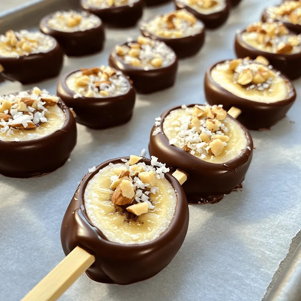 - 2 ripe bananas - 100g dark chocolate (at least 70% cocoa) - 2 tablespoons coconut oil - 1 tablespoon chopped nuts (e.g., almonds or pistachios) - 1 tablespoon shredded coconut (optional) - 4 wooden popsicle sticks - Sea salt for garnishing Chocolate-covered banana pops are simple yet delightful. They need just a few ingredients. The ripe bananas provide natural sweetness. Dark chocolate gives a rich flavor. Coconut oil helps the chocolate melt smoothly. - Calories: About 150 per pop - Fats: 9g - Carbohydrates: 19g - Proteins: 2g These pops make a great snack. They are low in calories and high in flavor. The dark chocolate adds healthy fats too. You can enjoy them without guilt, especially on hot days. - Baking sheet - Parchment paper - Double boiler or heatproof bowl To make these treats, you will need some basic tools. A baking sheet helps with freezing. Parchment paper keeps the pops from sticking. A double boiler is perfect for melting chocolate. You can also use a heatproof bowl over a saucepan. For the full recipe, check out the details mentioned above. - First, peel the bananas. - Cut each banana in half. - Insert a popsicle stick into the cut end of each half. - Freeze the banana pops for about 30 minutes. - A firm texture helps the chocolate stick better. - Set up a double boiler. Fill a saucepan with water. - Place a heatproof bowl on top, not touching the water. - Bring the water to a simmer. - Add dark chocolate and coconut oil to the bowl. - Stir until the mix is smooth and melted. - Remove the banana pops from the freezer. - Dip each banana into the melted chocolate. - Let any extra chocolate drip off. - Sprinkle on chopped nuts or shredded coconut right away. - Return the coated banana pops to the baking sheet. - Sprinkle a little sea salt on top for extra flavor. - Freeze for 15-20 minutes until the chocolate sets. - Check the chocolate’s consistency before serving. For the full recipe, you can refer to the earlier sections. To get smooth melted chocolate, use a double boiler. This method helps you heat the chocolate gently. Keep the heat low to prevent burning. Stir often for a nice texture. If the chocolate gets too thick, add a bit more coconut oil. This will help it stay smooth. Be careful to avoid seizing the chocolate. Seizing happens when water touches the chocolate. Even a small drop can ruin it. So, make sure your bowl and utensils are dry before you start. To make your banana pops even better, think about adding spices. A dash of cinnamon or cayenne can add warmth. You can also try a little vanilla extract for a sweet kick. Balancing sweetness is key. A sprinkle of sea salt on top brightens the flavor. It helps cut through the sweetness and makes each bite pop. Serving these banana pops is fun! You can place them on a colorful plate. Add some fresh fruit around them for a nice touch. For a creative look, try drizzling extra melted chocolate on top. Use a fork to make pretty patterns. You can also use a squeeze bottle for more control. This adds flair to your treat and makes it even more inviting. For the full recipe, check out the detailed instructions. Enjoy making these tasty treats! {{image_2}} You can make chocolate-covered banana pops even healthier. Try using low-sugar chocolate instead of regular chocolate. This swap cuts down on sweetness but keeps the rich taste. You can also add fruits or nut butters. For example, spread a layer of almond butter on the banana before dipping. This adds flavor and healthy fat. The toppings can change your banana pops. Consider using different nuts, like walnuts or pecans. These nuts add a nice crunch. Flavorful sprinkles or seeds are also fun choices. Try chia seeds or crushed freeze-dried fruit for color and taste. These toppings make your treat look pretty and unique. Banana pops are great, but you can use other fruits too. Strawberries are a fantastic alternative. They hold up well and taste great with chocolate. Apples also work nicely. Cut them into thick slices and dip them. You can even use alternative slip options like popsicle molds. This way, you can create fun shapes and flavors. To keep your chocolate-covered banana pops fresh, store them in an airtight container. This protects them from freezer burn. If you don’t have a container, wrap each pop in plastic wrap. The ideal temperature for storage is 0°F (-18°C) or colder. This keeps the pops firm and tasty. To maintain texture and flavor, freeze the pops as soon as you coat them in chocolate. This helps the chocolate set and keeps the bananas from getting mushy. I recommend eating them within two weeks for the best taste. After that, they may lose some flavor and texture. For the best freshness, enjoy your chocolate-covered banana pops within three days. Look for signs of spoilage, such as ice crystals or a dull appearance. If the chocolate starts to look gray or the bananas become mushy, it’s time to toss them out. Enjoy your treat while it’s still at its best! Yes, you can use milk chocolate. It has a sweeter taste. Dark chocolate has a rich flavor. It also has more health benefits. Dark chocolate contains less sugar. It also has more antioxidants. If you want a healthier treat, stick with dark chocolate. Absolutely! Kids love these pops. Just ensure they are not too cold when serving. Always supervise young kids with popsicles. The banana provides potassium and fiber. The chocolate adds a sweet touch. It’s a fun treat that can be enjoyed by all. Yes, you can prepare these pops ahead of time. Make them and store them in the freezer. They can last up to a month. Wrap each pop in plastic wrap. This keeps them fresh and prevents freezer burn. For best quality, consume them within two weeks. Just remember to let them sit out for a few minutes before eating. Enjoy your chocolate-covered banana pops! For the complete recipe, check out [Full Recipe]. This blog post covered how to make delicious chocolate-covered banana pops. You learned the ingredients needed, including ripe bananas and dark chocolate. I shared step-by-step instructions for preparation, freezing, and coating your treats. Tips helped you perfect the chocolate dip and enhance flavors. You also explored variations and proper storage methods. Now, go ahead and enjoy making these tasty snacks. You’ll impress everyone with your yummy creations!