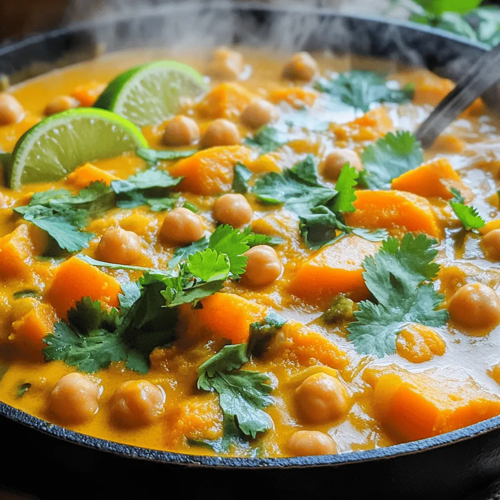 - 2 medium sweet potatoes, peeled and cubed - 1 can (15 oz) chickpeas, rinsed and drained - 1 can (14 oz) coconut milk - 1 medium onion, finely chopped - 3 cloves garlic, minced - 1 tablespoon fresh ginger, grated - 2 tablespoons red curry paste - 1 teaspoon turmeric powder - 1 teaspoon cumin powder - 1 tablespoon vegetable oil - Salt and pepper to taste - Fresh cilantro for garnish - Lime wedges for serving Each ingredient plays a key role in this dish. Sweet potatoes add a natural sweetness and creamy texture. Chickpeas bring protein and heartiness. Coconut milk provides a rich base, making the curry creamy and smooth. Onions, garlic, and ginger create a flavorful foundation. The red curry paste, turmeric, and cumin give depth and warmth to the dish. Finally, cilantro and lime add fresh notes that brighten the overall flavor. You can easily add more flavors to your curry. Spinach adds a nice color and nutrition boost. Bell peppers introduce a sweet crunch that contrasts well with the smooth sweet potatoes. For a spice kick, try adding curry leaves or a dash of chili powder. These optional ingredients can help you customize the dish to your taste. For the full recipe, check out Sweet Potato & Chickpea Delight. 1. First, heat the vegetable oil in a large pot over medium heat. 2. Add the chopped onion and sauté until it turns soft, about 5 minutes. 3. Next, stir in the minced garlic and grated ginger. Cook for 2 minutes. 4. Add the red curry paste, turmeric, and cumin. Mix everything well for 1 minute. 5. Now, add the cubed sweet potatoes to the pot. Stir to coat them in the spices. 6. Pour in the coconut milk and add the drained chickpeas. Stir to combine. 7. Bring the mixture to a gentle simmer. 8. Reduce the heat to low and cover the pot. Cook for 20-25 minutes. 9. Check if the sweet potatoes are tender. Season with salt and pepper as needed. 10. If the curry is too thick, add a splash of water. 11. Serve hot, garnished with fresh cilantro and lime wedges. For best results, keep an eye on your stove's heat. Some stoves cook faster than others. You may need to adjust the cooking time based on your equipment. Sautéing is key to building flavor. Start with the onion, then add garlic and ginger. Stir frequently to prevent burning. When you add the spices, mix them well. This helps release their aromas. Simmering is just as important. Once you add the coconut milk and chickpeas, bring the pot to a gentle bubble. Don't let it boil too hard. Stir occasionally to ensure even cooking. This helps the sweet potatoes cook through without sticking. Adjust the flavor before serving. Taste the curry and add more salt or pepper if needed. If you want a little more kick, consider adding a dash of hot sauce. For garnishing, fresh cilantro adds color and flavor. Lime wedges give a nice, bright contrast. Place them on the side for a pop of taste. This simple touch makes your dish look even more appealing. You can find the full recipe [here](#). When making sweet potato chickpea curry, avoid common mistakes. Here are a few to keep in mind: - Don’t rush the onion: Cook it until it is soft. This builds a rich base. - Watch the spices: Add them at the right time. If you add them too early, they might burn. - Cut sweet potatoes evenly: This helps them cook at the same time. Uneven pieces can lead to some being soft and others hard. To prepare ingredients in advance, chop your veggies the night before. Store them in airtight containers. You can also rinse and drain chickpeas ahead of time. This saves time when you cook. To boost the flavor of your curry, use homemade stock instead of water. This adds depth to the dish. If you want a richer taste, try adding extra coconut milk. Adjusting spice levels is key. Start with less red curry paste and taste as you cook. If you want it spicier, add more until you reach your perfect level. Remember, you can always add more, but you can't take it out! For the best experience, serve this curry with fresh cilantro and lime wedges from the [Full Recipe]. They brighten the dish and bring all the flavors together. {{image_2}} You can easily make Sweet Potato Chickpea Curry vegan. Just check your curry paste for any animal products. The recipe is already gluten-free, as chickpeas and sweet potatoes are gluten-free. If you have allergies, consider these swaps: - Use vegetable broth instead of coconut milk for a lighter dish. - Replace chickpeas with lentils for a different protein source. - If you're allergic to nuts, avoid any nut-based toppings. This curry loves a little twist! You can add regional spices to change the flavor. Try these ideas: - Add garam masala for a warm, spicy taste. - Toss in fresh curry leaves for a fragrant touch. - Mix in smoked paprika for a smoky flavor. - For a global twist, add Thai basil or lemongrass for a fresh kick. Explore these variations to find your favorite version of this hearty dish. For the complete recipe, check the [Full Recipe]. To store your sweet potato chickpea curry, let it cool first. Place the curry in an airtight container. You can refrigerate the curry for up to 4 days. If you want to keep it longer, freezing is a great option. Use freezer-safe containers or bags. This way, you can enjoy it later. When reheating, do it gently. Use a pot on low heat or a microwave. Add a splash of water if it seems too thick. Stir well to keep the flavors even. This will help you avoid losing the delicious taste. Sweet potato chickpea curry can last up to 4 days in the fridge. If you freeze it, it can last up to 3 months. Always check for signs of spoilage. Look for any off smells or mold. If it smells funny or looks strange, it’s best to toss it. Keeping your food safe is important! What can I substitute for coconut milk? You can use almond milk or cashew milk. These options add creaminess. You may also try oat milk. For a richer flavor, use heavy cream or Greek yogurt. Each choice will change the taste slightly, so pick what you like best. Can I add protein to this recipe? Yes, you can add cooked chicken, shrimp, or tofu. Chickpeas offer some protein, but adding more can make it heartier. Just cook the protein separately and stir it in before serving. How do I make this dish spicier? You can add more red curry paste or fresh chili peppers. Adjust the amount based on your spice preference. If you like it really hot, try adding a pinch of cayenne pepper too. Start small, and taste as you go. Can I prepare this in advance or as a meal prep? Yes, this curry stores well. You can make it a day ahead and reheat. Just let it cool, then store in an airtight container in the fridge. For meal prep, portion it into containers for easy lunches. Is this curry healthy? Yes, it is quite healthy. Sweet potatoes are rich in vitamins and fiber. Chickpeas add protein and healthy carbs. The coconut milk offers healthy fats when used in moderation. What are the health benefits of sweet potatoes and chickpeas? Sweet potatoes are high in vitamins A and C. They can help with vision and boost your immune system. Chickpeas provide protein, iron, and fiber, promoting good digestion and heart health. Together, they make a nutritious meal. For the complete recipe, check out the Full Recipe. In this post, we explored sweet potato chickpea curry, detailing its ingredients, cooking steps, and tips. Each ingredient adds flavor and texture, making the dish special. I shared techniques to help beginners avoid common mistakes and enhance flavor. Remember, you can adapt recipes to fit dietary needs or preferences. Proper storage helps maintain the dish's quality. Now, you have the tools to create a delicious curry that suits your taste. Enjoy experimenting and making this meal your own!