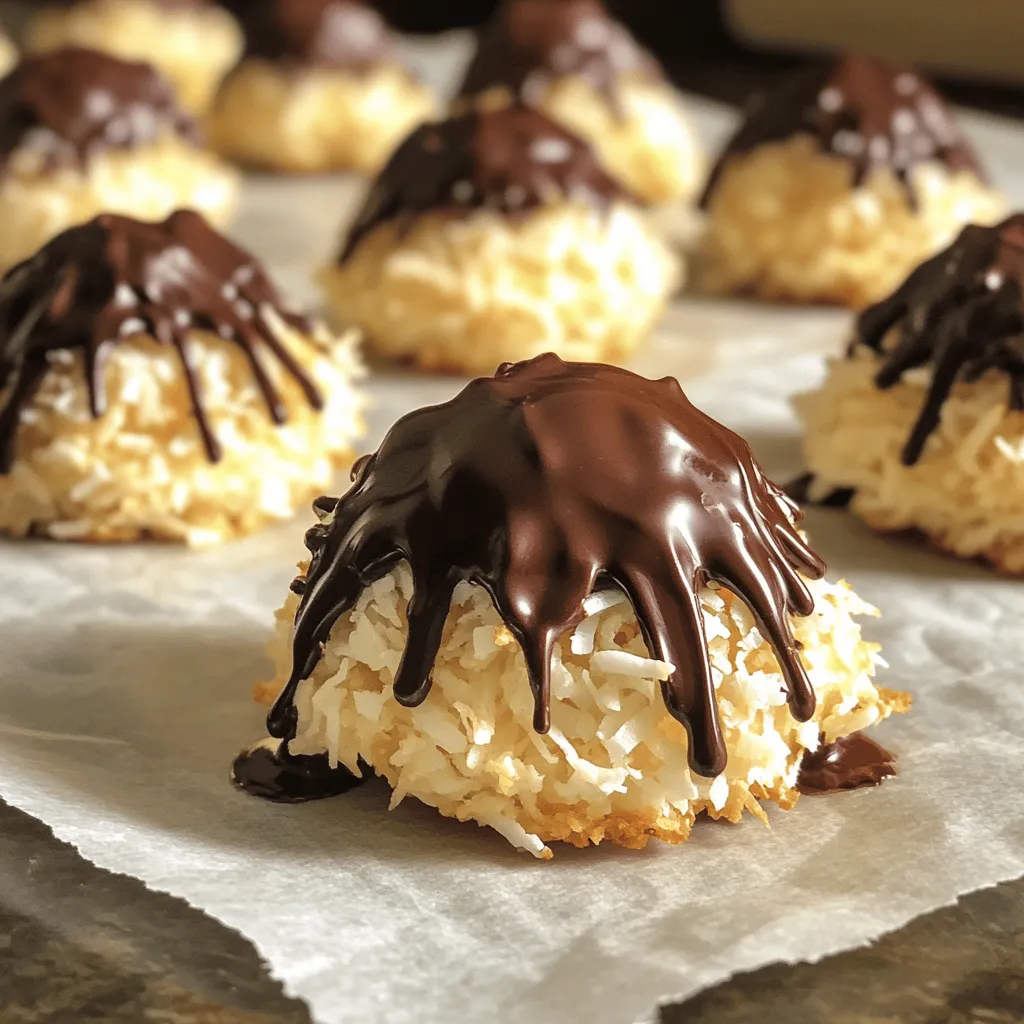- 2 2/3 cups unsweetened shredded coconut - 1 cup semi-sweet chocolate chips - 1/2 cup sweetened condensed milk - 3 egg whites - 1 teaspoon vanilla extract - 1/4 teaspoon salt - 1/4 cup granulated sugar 1. Preheat your oven to 325°F (160°C). Line a baking sheet with parchment paper. 2. In a large bowl, combine unsweetened shredded coconut and sweetened condensed milk. Mix well. 1. In a medium bowl, whisk the egg whites until they are frothy. 2. Gradually add granulated sugar while whisking until stiff peaks form. 3. Gently fold the egg white mixture into the coconut mixture until just combined. 1. Use a small cookie scoop or your hands to form small mounds, about 1.5 inches wide. Place them on the baking sheet. 2. Bake for 18-20 minutes until the tops turn golden brown. 3. While they bake, melt the chocolate chips in a microwave-safe bowl. Heat in 30-second intervals, stirring in between, until smooth. After baking, let the macaroons cool for 5 minutes. Dip the bottoms into the melted chocolate. Place them back on the parchment paper. For extra flair, drizzle more chocolate on top. Check out the Full Recipe for additional details. - Ensure egg whites are at room temperature. This helps them whip better. - Avoid overmixing the batter. Too much mixing can make the macaroons flat. - To dip macaroons in chocolate, hold them by the top. Dip just the bottom for a clean look. - Get creative with chocolate drizzle designs. Use a fork to make fun patterns on top. - Present chocolate coconut macaroons on a colorful plate. This adds pop to your display. - Pair them with cold milk or hot coffee. The flavors blend well together and enhance taste. You can easily change the taste of chocolate coconut macaroons. - Adding almond extract or coconut extract: Use one teaspoon of almond extract to give your macaroons a nutty flavor. Coconut extract enhances the coconut taste, making it richer. - Incorporating nuts or dried fruit: Add chopped nuts like almonds or pecans for crunch. You can mix in dried fruits, such as cranberries or apricots, for a sweet twist. You can adapt this recipe for different diets. - Vegan options using aquafaba: Replace egg whites with aquafaba, the liquid from canned chickpeas. Whip it until frothy and fold it into the mixture. This keeps your macaroons light and fluffy. - Gluten-free adjustments: This recipe is naturally gluten-free, so you don't need to change much. Just ensure your chocolate chips are also gluten-free. Choosing the right chocolate matters for flavor. - Dark chocolate vs. milk chocolate: Dark chocolate adds a rich, robust taste, while milk chocolate offers sweetness and creaminess. Pick based on your taste preference. - Using flavored chocolate for unique taste: Try using mint or orange-flavored chocolate for a fun twist. This makes your macaroons special and fun. For the full recipe, check out the Choco-Coconut Delight Macaroons section. {{image_2}} To keep your chocolate coconut macaroons fresh, store them in an airtight container. This helps maintain their chewy texture and prevents them from drying out. If you want to keep them longer, place the container in the fridge. Refrigerating extends their shelf life and keeps them tasting great. You can freeze chocolate coconut macaroons to enjoy later. To do this, let them cool completely first. Then, place them in a single layer on a baking sheet and freeze until firm. Once solid, transfer them to a freezer-safe bag or container. When you’re ready to eat them, thaw the macaroons in the fridge overnight for the best taste. At room temperature, chocolate coconut macaroons last about a week. If you store them in the fridge, they can last up to two weeks. This makes them a great treat to make ahead of time for events or special occasions. Enjoy your delicious creations fresh or saved for later! For the full recipe, check out the Choco-Coconut Delight Macaroons. Each macaroon contains about 100 calories. This makes it a nice treat without too many calories. In each macaroon, you get key nutrients, such as: - Protein: About 1.5 grams from egg whites. - Fat: Roughly 5 grams, mainly from the chocolate and coconut. - Carbohydrates: About 10 grams, mostly from sugar and sweetened condensed milk. - Fiber: Around 1 gram, thanks to the coconut. These nutrients help balance your snack, making it tasty and somewhat nutritious. If you want to cut down on sugar or calories, consider these swaps: - Use unsweetened coconut instead of sweetened to lower sugar. - Replace sweetened condensed milk with a sugar-free version. - Swap granulated sugar for a natural sweetener like stevia. These changes can keep the flavor while making the macaroons a bit healthier. For a full guide on making these changes, check out the Full Recipe. Can I use sweetened shredded coconut instead? Yes, you can use sweetened shredded coconut. It will add extra sweetness. Just cut back on the sugar in the recipe. This change keeps the flavor rich and tasty. What can I substitute for sweetened condensed milk? You can use coconut cream or a homemade mix of milk and sugar. Use equal amounts as the recipe calls for. Both options work well and keep the texture creamy. How can I tell when the macaroons are done? Look for a golden brown color on top. The edges should feel firm. If you press lightly and they hold shape, they are ready. Can I make the dough in advance? Yes, you can make the dough and refrigerate it. Store it in an airtight container for up to 24 hours. This makes it easy to bake later. What type of chocolate works best for dipping? I recommend semi-sweet or dark chocolate. Both melt well and give a rich taste. You can also mix chocolate types for a fun twist. How can I keep my macaroons from being too dry? Make sure to use fresh coconut and the right amount of sweetened condensed milk. Avoid overbaking, as this can dry them out. If they feel dry, try adding a bit more milk next time. Making chocolate coconut macaroons is fun and easy. We covered all the essentials. You learned about key ingredients, like unsweetened coconut and chocolate chips. I shared the steps for preparation, mixing, baking, and serving. Don’t forget the tips for perfecting your macaroons. You can explore flavor variations or make dietary adjustments. Store them right for the best taste. Enjoy making these delightful treats. You’ve got all the tools to impress with your baking skills. Get started and savor every bite!