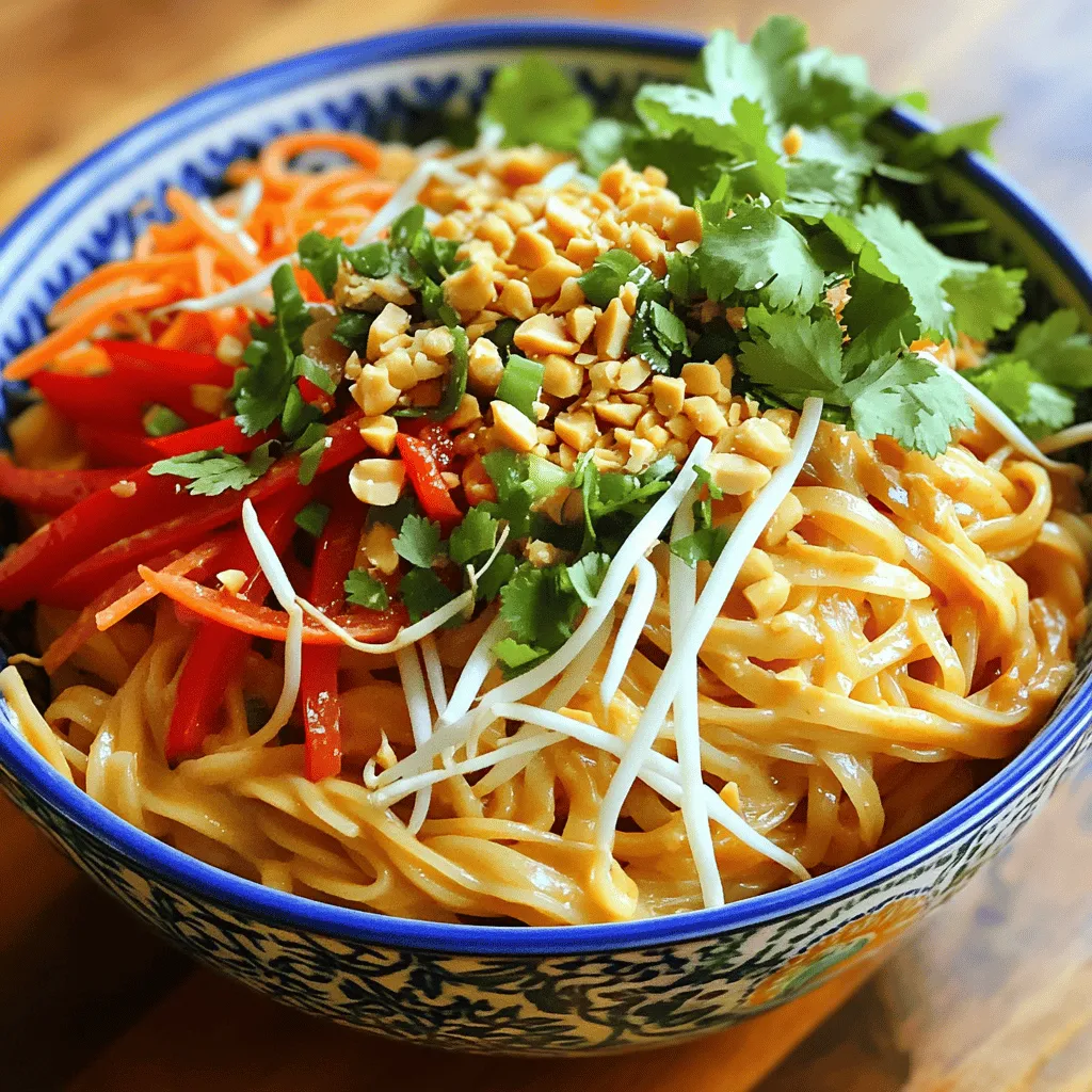 To make Spicy Thai Peanut Noodles, you need some key ingredients. Here’s a list to help you gather everything: - 8 oz rice noodles - 1/4 cup creamy peanut butter - 3 tablespoons soy sauce - 2 tablespoons sesame oil - 2 tablespoons rice vinegar - 1 tablespoon honey or maple syrup - 1 tablespoon sriracha (adjust for spiciness) - 2 cloves garlic, minced - 1 inch ginger, grated - 1 red bell pepper, thinly sliced - 1 cup shredded carrots - 1 cup bean sprouts - 1/4 cup chopped green onions (for garnish) - Crushed peanuts (for garnish) - Fresh cilantro leaves (for garnish) These ingredients create a wonderful blend of flavors. The rice noodles serve as the base, while the peanut butter gives a rich taste. Soy sauce adds saltiness, and sesame oil brings a nutty aroma. Rice vinegar adds a slight tang, and honey or maple syrup sweetens the dish. Sriracha provides the heat, while garlic and ginger add depth. Fresh vegetables like bell pepper and carrots add crunch and color. Finally, garnishes like green onions, crushed peanuts, and cilantro make your dish look vibrant. You can find the complete instructions in the Full Recipe. Enjoy making this easy, flavorful meal! - Boiling method: Bring a large pot of water to a rolling boil. Add 8 oz of rice noodles. Cook them for 5-7 minutes until they are just soft. - Rinsing and cooling process: Drain the noodles in a colander. Rinse them under cold water. This stops cooking and keeps them from sticking. - Mixing the ingredients: In a bowl, whisk together 1/4 cup of creamy peanut butter, 3 tablespoons of soy sauce, 2 tablespoons of sesame oil, 2 tablespoons of rice vinegar, and 1 tablespoon of honey or maple syrup. Add 1 tablespoon of sriracha, 2 cloves of minced garlic, and 1 inch of grated ginger. Mix until smooth. - Adjusting spice levels: Taste the sauce and change the sriracha amount as needed. If you want it spicier, add more. - Best techniques for sautéing: Heat a splash of sesame oil in a large skillet over medium heat. Add 1 sliced red bell pepper and 1 cup of shredded carrots. - Timing for vegetable tenderness: Sauté the veggies for about 3-4 minutes. They should be slightly soft but still crisp. - Mixing technique: Add the drained noodles into the skillet. Pour the peanut sauce over the noodles. - Ensuring even coating: Toss everything together carefully. Cook for 2-3 minutes, ensuring the noodles are hot and well coated. - Adding bean sprouts: Gently mix in 1 cup of bean sprouts. Cook for another minute for crunch. - Garnishing with toppings: Serve the noodles in bowls. Top with chopped green onions, crushed peanuts, and fresh cilantro leaves. This adds color and flavor. For the complete recipe, check out the Full Recipe section. To make Spicy Thai Peanut Noodles shine, balance sweetness and spice. I use honey or maple syrup for sweetness. Sriracha adds heat, so adjust it to your taste. Start with a small amount. You can always add more later. Enhance umami by using soy sauce and creamy peanut butter. These two give depth to the dish. A splash of rice vinegar brightens the flavors, making it fresh and exciting. You can cook everything in one pot for easy cleanup. Start with the noodles, then add veggies and sauce in the same pot. This method keeps the flavors together. To avoid sticky noodles, rinse them under cold water after cooking. This removes excess starch. Add a bit of sesame oil to the noodles after rinsing. This keeps them separate and adds flavor. Use large, shallow bowls for serving. These allow you to showcase the vibrant colors. Garnish with chopped green onions, crushed peanuts, and fresh cilantro. This adds texture and visual appeal. You can also sprinkle some chili flakes for extra flair. Presenting your dish well makes it even more inviting. {{image_2}} You can make your Spicy Thai Peanut Noodles heartier by adding protein. Chicken, shrimp, or tofu all work well. - Chicken: Use thin strips of chicken breast. Cook them in the skillet before adding the veggies. This usually takes about 5-7 minutes. - Shrimp: Add peeled and deveined shrimp. They cook quickly, so add them last, just a few minutes before mixing in the noodles. - Tofu: For a plant-based option, use firm tofu. Cube it and sauté until golden. This takes about 8-10 minutes. Adjust your cooking time based on the protein you choose. Always ensure everything is cooked through. Using different veggies can change the taste and make your dish colorful. Seasonal vegetables are a great choice. - Spring: Try snap peas and asparagus for a fresh crunch. - Summer: Add zucchini or bell peppers for sweetness. - Fall: Use butternut squash or kale for a hearty feel. You can also substitute veggies based on your diet. If you are avoiding certain foods, just pick what you enjoy! Not everyone likes the same level of heat. You can easily adjust the spice in your noodles. - Lower Heat: Use less sriracha in the sauce. Start with one teaspoon and add more if you want it spicier. - More Heat: You can add crushed red pepper flakes for extra kick. - Alternative Sauces: Try adding a dash of chili garlic sauce or sweet chili sauce for a different flavor. With these variations, you can make your Spicy Thai Peanut Noodles just how you like them! Check out the Full Recipe to explore more delicious options. Store your Spicy Thai Peanut Noodles in airtight containers. Glass containers work great for this. You can also use plastic containers, but make sure they seal well. These noodles last in the fridge for about three to four days. After that, they may lose quality and flavor. When reheating, use a skillet for the best results. Add a splash of water or sesame oil to keep the noodles moist. Heat over medium-low, stirring gently. This helps to avoid sogginess. If you use a microwave, cover the dish with a damp paper towel to trap steam. This also helps keep them fresh. To freeze, let the noodles cool completely. Place them in freezer-safe containers. Make sure to leave some space for expansion. They can last up to three months in the freezer. When you’re ready to eat, thaw them in the fridge overnight. Reheat as mentioned before for the best texture. Spicy Thai Peanut Noodles are a tasty dish full of flavor. This meal combines soft rice noodles with a rich and creamy peanut sauce. You will taste hints of garlic and ginger, along with a kick from sriracha. The colorful vegetables like red bell pepper and carrots add crunch and freshness. Each bite offers a mix of sweet, salty, and spicy notes, making it hard to resist. Yes, you can easily make Spicy Thai Peanut Noodles vegan. Just swap honey for maple syrup. Use a vegan soy sauce to keep it plant-based. The peanut butter is already vegan, so you are good to go! This dish stays delicious while being kind to the planet. You can serve these noodles with simple side dishes. Try a light cucumber salad or some steamed broccoli. These sides add balance and keep the meal fresh. For a heartier option, serve with grilled tofu or tempeh to add protein. Absolutely! If you want less heat, reduce the sriracha in the sauce. Start by using half a tablespoon and taste it. You can always add more spice later. If you love heat, feel free to add more sriracha or even some chili flakes. Adjust the spice to fit your taste perfectly. This article covered how to make Spicy Thai Peanut Noodles. We explored the key ingredients and step-by-step instructions to cook the dish. I shared tips for flavor and cooking techniques, including variations and storage advice. Remember, cooking is all about experimenting. Don’t be afraid to try new veggies or adjust the spice. Each batch can be your own delicious creation! Enjoy your noodles!