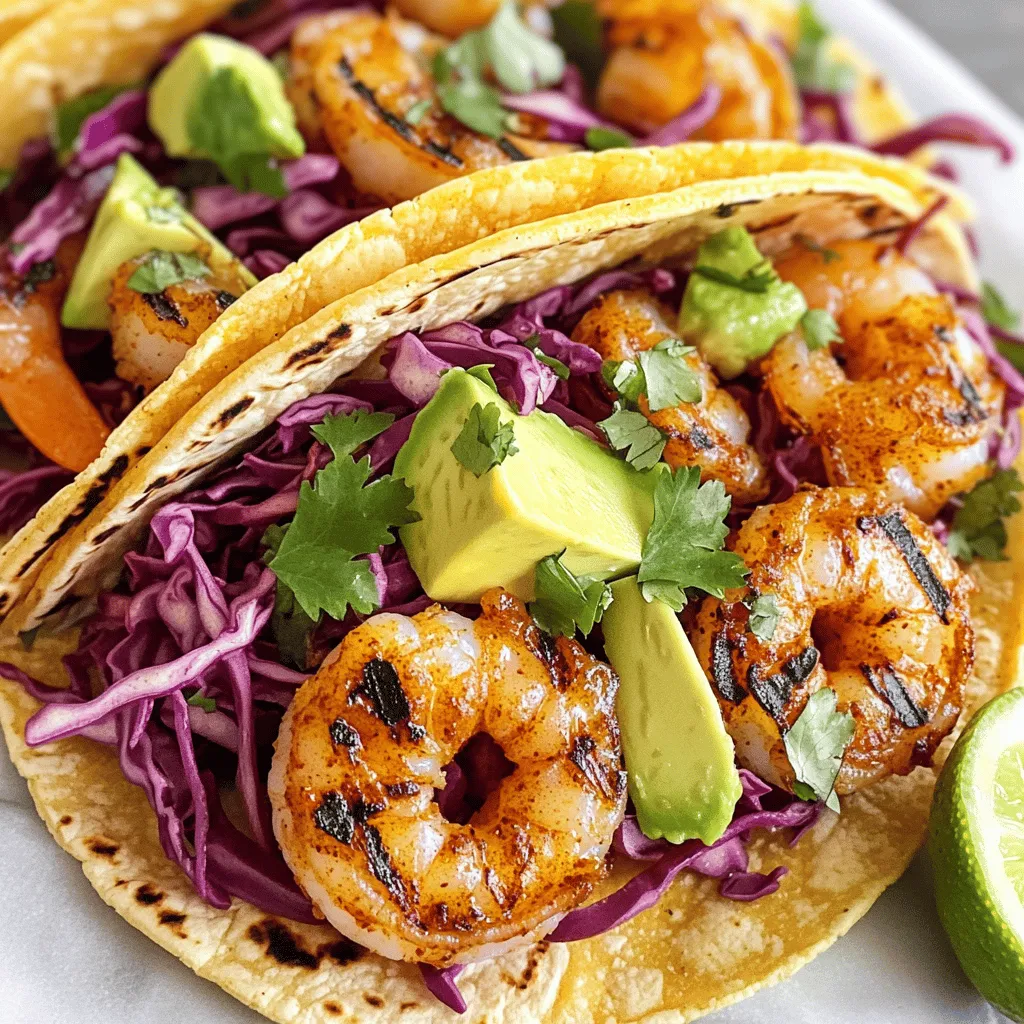 - 1 lb large shrimp, peeled and deveined - 2 tablespoons olive oil - 2 teaspoons smoked paprika - 1 teaspoon garlic powder - 1 teaspoon cumin - ½ teaspoon chili powder - Salt and pepper to taste - 8 small corn tortillas - 1 cup shredded red cabbage - 1 ripe avocado, sliced - ½ cup fresh cilantro, chopped - 1 lime, cut into wedges - Optional: ¼ cup sour cream or dairy-free alternative, hot sauce I love using fresh ingredients for my grilled shrimp tacos. Start with one pound of large shrimp. Make sure they are peeled and deveined. This saves you time and effort when cooking. Next, grab two tablespoons of olive oil. This will help the spices stick to the shrimp and add flavor. For spices, you will need two teaspoons of smoked paprika. This gives the shrimp a nice smoky taste. One teaspoon of garlic powder adds depth. Cumin brings warmth with one teaspoon. Use half a teaspoon of chili powder for a hint of heat. Adjust salt and pepper to taste for the perfect seasoning. Don’t forget the tacos! You will need eight small corn tortillas. They hold the shrimp and toppings nicely. For crunch and color, use one cup of shredded red cabbage. A ripe avocado, sliced, adds creaminess. Fresh cilantro, about half a cup, brightens the dish. Lastly, cut one lime into wedges. Squeezing lime over the tacos adds zest. You can also add sour cream or a dairy-free option if you like. Hot sauce is great for those who enjoy some spice. This ingredient list sets you up for a fun and tasty meal. For the full recipe, check out the instructions for making these delicious tacos! - In a medium bowl, mix 2 tablespoons of olive oil with 2 teaspoons of smoked paprika, 1 teaspoon of garlic powder, 1 teaspoon of cumin, and ½ teaspoon of chili powder. Add salt and pepper to taste. This blend brings out great flavor in the shrimp. - Next, add 1 pound of peeled and deveined shrimp to the bowl. Toss them well in the marinade to coat every piece. Let the shrimp sit for 15 to 20 minutes. This step helps the shrimp soak up those tasty spices. - While the shrimp marinate, preheat your grill or grill pan over medium-high heat. A hot grill gives shrimp nice char marks and a smoky taste. - Once the grill is ready, place the marinated shrimp on it. Grill for 2 to 3 minutes on each side. The shrimp will turn pink and firm up when done. This quick cooking makes them juicy and delicious. - While the shrimp cook, warm 8 small corn tortillas on the grill. Heat them for about 30 seconds on each side until they feel soft and pliable. Warm tortillas add a nice touch to your tacos. - To assemble, place several grilled shrimp onto each tortilla. Top with 1 cup of shredded red cabbage, slices of 1 ripe avocado, and ½ cup of fresh chopped cilantro. You can drizzle ¼ cup of sour cream on top if you like. Add some hot sauce for extra flavor. Serve with lime wedges for a zesty finish. For the complete instructions, check the Full Recipe. To grill shrimp perfectly, start with a hot grill. Aim for medium-high heat, around 400°F. This heat cooks shrimp quickly and keeps them juicy. Grill shrimp for just 2-3 minutes on each side. Watch for their color to change to pink. Overcooking shrimp is easy. They can turn tough and rubbery fast. To avoid this, take them off the grill as soon as they look done. If you're unsure, use a meat thermometer. Shrimp should reach 120°F for the best texture. Toppings can make your tacos pop with flavor. I love to use shredded red cabbage for crunch. It adds a nice color too. Sliced avocado gives a creamy texture that complements the shrimp. Fresh cilantro adds a bright taste. You can also try adding a salsa. A mango salsa works great with shrimp. The sweetness balances the spice from the shrimp. Another option is a zesty lime crema. This adds a rich, tangy flavor that enhances every bite. For sides, consider serving chips and salsa. They are easy to make and pair well with tacos. A fresh corn salad is another great choice. It adds a sweet crunch to your meal. For drinks, I recommend a cold cerveza or a fruity margarita. Both drinks enhance the flavors in the tacos. If you prefer something non-alcoholic, try limeade. It’s refreshing and ties in the lime from the tacos. For a full recipe, see the Grilled Shrimp Tacos Fiesta above. {{image_2}} You can change the flavor of your shrimp tacos easily. Try different marinades to mix things up. For a bright taste, use a citrus marinade with lime juice and zest. If you like heat, make a spicy marinade with chili powder and cayenne pepper. This adds a nice kick! Toppings can also vary. I love adding mango salsa for a sweet contrast. You can make it with diced mango, red onion, and cilantro. It adds freshness and color. Other great toppings include: - Diced tomatoes - Pickled onions - Feta cheese - Jalapeños Feel free to get creative with what you like! If you want to switch things up, try different proteins in your tacos. Fish works great! Use firm fish like tilapia or mahi-mahi. Just grill it like the shrimp. You can also use chicken. Simply marinate it in the same spices and grill until cooked. For a plant-based option, grill some veggies. Bell peppers, zucchini, and corn are tasty choices. They add flavor and a nice crunch. These alternatives keep your taco night fun and exciting! To store leftover tacos, place the shrimp in an airtight container. This keeps them fresh. Wrap the tortillas in foil or plastic wrap. You can store the toppings in separate containers. This helps them last longer. Shrimp can stay good for up to three days in the fridge. Tortillas may last a day or two, but they taste best fresh. Storing toppings separately keeps everything crisp and tasty. When it's time to eat leftovers, you can reheat shrimp quickly. Use a skillet on low heat. Stir often and warm until hot. Avoid cooking too long, or they may get tough. For tortillas, place them in a dry pan. Heat on low for about 30 seconds on each side. This keeps them warm and pliable. You want them ready to wrap around the shrimp and toppings easily. Enjoy your tacos! For the full recipe, check out the Grilled Shrimp Tacos Fiesta. You can serve many tasty sides with grilled shrimp tacos. Here are some popular choices: - Mexican rice: A fluffy and flavorful side dish that pairs well. - Black beans: Their creaminess complements the shrimp nicely. - Corn salad: A fresh and crunchy option that adds color. - Guacamole: This rich dip is a perfect match for the tacos. - Pico de gallo: This fresh salsa adds a burst of flavor. For dips and salsas, consider these options: - Mango salsa: Sweet and spicy, it enhances the shrimp flavor. - Chipotle sauce: Adds a smoky kick to each bite. - Avocado cream: A smooth and creamy topping that is delightful. Yes, you can use frozen shrimp. They are just as good as fresh shrimp if you prepare them right. Here are some tips: - Thawing: Place the shrimp in a bowl of cold water for about 15-20 minutes. This method is quick and safe. - Pat dry: After thawing, make sure to pat the shrimp dry with a towel. This helps the marinade stick better. Using frozen shrimp can save time and still give you tasty tacos. If you want to add some heat to your grilled shrimp tacos, try these methods: - Hot sauce: Drizzle your favorite hot sauce over the shrimp before serving. - Spicy seasoning: Mix in cayenne pepper or red pepper flakes into the marinade. - Jalapeños: Add sliced jalapeños on top for fresh heat. Some recommended hot sauces include: - Sriracha: A popular choice with a sweet and spicy kick. - Frank's RedHot: This classic sauce brings a nice balance of heat. - Chili garlic sauce: Adds both heat and flavor to your tacos. You can customize the spice level to suit your taste! In this blog post, we covered how to make flavorful grilled shrimp tacos from start to finish. You learned how to marinate shrimp, grill it perfectly, and assemble your tacos with delicious toppings. Remember, you can customize the recipe by trying different marinades or proteins. Enjoy your tasty shrimp tacos and share them with family and friends. Make every meal special by adding your unique twist. Happy cooking!
