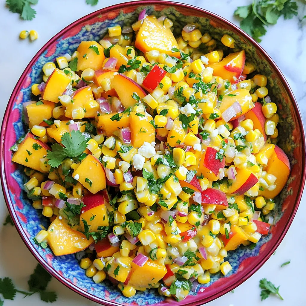 To make a tasty Sweet Corn Peach Salad, gather these ingredients: - 2 cups fresh sweet corn kernels (about 3 ears of corn or frozen, thawed) - 2 ripe peaches, diced - 1 red bell pepper, finely chopped - 1/4 red onion, finely diced - 1/4 cup fresh cilantro, chopped - 1/4 cup feta cheese, crumbled (optional) - 2 tablespoons lime juice - 1 tablespoon honey - Salt and pepper to taste Using fresh produce makes your salad pop with flavor. I always choose ripe peaches. They should feel soft, but not mushy. Fresh sweet corn adds sweetness and crunch. Look for plump kernels. The red bell pepper brings bright color and a crisp bite. Fresh cilantro adds a refreshing taste. Always wash your produce well before use for the best results. If you want to enhance your salad, consider these optional add-ins: - Avocado for creaminess. - Jalapeño for a spicy kick. - Black beans for protein and fiber. - Chopped nuts for crunch. These add-ins can change the dish and suit your taste. You can mix and match to create the perfect version of Sweet Corn Peach Salad. For the full recipe, check out the details above. Start by cooking the corn. If you have fresh corn, bring a pot of water to a boil. Add the corn and cook for about 5 minutes until tender. After cooking, drain the corn and let it cool slightly. If using frozen corn, simply thaw it and drain it. Fresh corn adds a sweet crunch, while frozen corn is a quick option. In a large bowl, mix all the fresh ingredients. Add the sweet corn, diced peaches, chopped red bell pepper, diced red onion, and chopped cilantro. The colors will be bright and inviting. Each ingredient adds a unique flavor. The peaches bring sweetness, while the bell pepper adds a crisp bite. In a small bowl, whisk together the lime juice, honey, salt, and pepper. This dressing is zesty and sweet. It will tie all the flavors together. Make sure the honey fully mixes with the lime juice. A well-mixed dressing enhances the salad's taste. Pour the dressing over the salad mixture. Gently toss everything together until fully coated. Be careful not to mash the peaches. You want each piece to stay whole for the best texture. This step ensures all flavors blend well. Let the salad sit for at least 15 minutes before serving. This resting time helps the flavors meld. Serve it in a large, colorful bowl. For a lovely touch, garnish with extra peach slices and a sprinkle of cilantro on top. This will make the dish look even more appealing. Enjoy your fresh and flavorful Sweet Corn Peach Salad! For the full recipe, refer to the earlier section. To find the best peaches, look for ones that feel heavy. They should have a slight give when you press gently. The skin should be smooth and slightly fuzzy. Check the color; a ripe peach should have a rich golden hue with a hint of red. Avoid any peaches with dark spots or wrinkles. If they are not ripe yet, leave them at room temperature for a day or two. You can change the flavors in this salad easily. Try adding diced mango or strawberries for a twist. If you like spice, add diced jalapeño for heat. For a savory touch, consider adding avocado or olives. You can also switch the dressing. A balsamic vinaigrette can bring a sweet tang to the mix. To save time, use frozen corn if fresh corn is not available. It cooks quickly and tastes great. You can also prepare the salad a few hours ahead. Just wait to add the dressing until you are ready to serve. This keeps the salad fresh and crunchy. If you’re short on time, buy pre-diced peaches from the store. This makes prep super easy. Don't forget to check out the Full Recipe for all the details! {{image_2}} You can swap out fruits and veggies in this salad. Try using ripe mango instead of peaches. You can also add diced cucumbers for extra crunch. If you want a more tropical vibe, consider adding pineapple chunks. Each fruit brings its own unique taste and texture, keeping this salad fresh and exciting. The dressing can change the whole flavor. Instead of lime juice and honey, try balsamic vinegar for a tangy twist. A splash of apple cider vinegar can also work well. For a creamier option, mix in some Greek yogurt with your dressing. Experimenting with dressings lets you find what you love best. This salad shines at picnics and barbecues. It pairs well with grilled meats, making it a perfect side. For a light lunch, serve it on a bed of greens. You can even add grilled shrimp or chicken to make it a main dish. With its bright colors and flavors, this salad fits in anywhere! To keep your Sweet Corn Peach Salad fresh, store it in an airtight container. This helps keep the flavors intact. If you have leftovers, eat them within three days for the best taste. I find that the salad tastes great cold, so refrigerate it right after serving. To keep your ingredients fresh, store corn and peaches separately. Keep corn in the fridge. Wrap peaches in a paper towel and place them in a plastic bag. This method helps them stay firm and juicy longer. Always use ripe peaches for the best flavor in your salad. Reheating is not needed for this salad. It tastes great cold. If you prefer it warm, gently heat the corn first. You can add it back into the salad after cooling a bit. Add a fresh squeeze of lime juice for a bright flavor boost when serving after refrigeration. For tips on making this dish, check out the Full Recipe. Yes, you can use canned corn. Just drain it well before adding it to the salad. Fresh corn has a sweet crunch. Canned corn is softer but still tasty. You can store this salad for up to three days in the fridge. After that, the peaches may get too soft. Keep it in an airtight container for best results. This salad pairs well with grilled chicken or fish. It also goes great with tacos or as a side for a summer BBQ. Fresh bread complements it nicely too. Yes, this salad works well for meal prep. Just keep the dressing separate until you're ready to eat. This keeps the salad fresh and crunchy. A simple lime and honey dressing works best. It adds a sweet and tangy flavor that highlights the corn and peaches. You can find the full recipe for the salad, including the dressing, in the main article. Sweet Corn Peach Salad offers fresh flavors and fun pairings. We covered ingredients, step-by-step prep, and tips to make it shine. Remember to choose the best peaches and try new add-ins to make it unique. Proper storage helps keep it fresh, while the FAQs answer common questions. Enjoy this tasty salad at any occasion. Make it your own and share the joy!