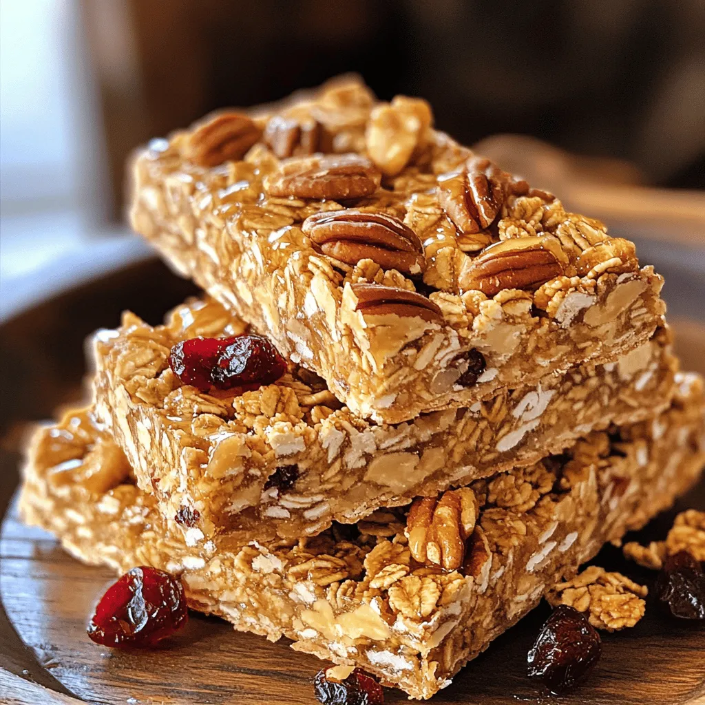 For the perfect Maple Pecan Granola Bars, you need a few simple ingredients. Here’s what to gather: - 2 cups rolled oats - 1 cup pecans, chopped - 1/2 cup almond butter - 1/2 cup pure maple syrup - 1/4 cup honey or agave syrup - 1/2 teaspoon vanilla extract - 1/4 teaspoon salt - 1/2 cup dried cranberries or raisins - 1/4 cup chocolate chips (optional) These ingredients work together to create a sweet and crunchy snack. Rolled oats provide a hearty base. Chopped pecans add a nice crunch and a rich flavor. Almond butter gives creaminess and helps bind everything. Pure maple syrup brings natural sweetness, while honey or agave syrup enhances that flavor. Using vanilla extract adds warmth and depth. Salt balances the sweetness and makes the flavors pop. Dried cranberries or raisins offer a chewy texture. You can even throw in some chocolate chips for a treat! Each ingredient plays a role in the final taste. They combine to create bars that are energizing and tasty. You can find the Full Recipe to guide you through making these delightful snacks. Enjoy making them! 1. First, preheat your oven to 350°F (175°C). This step is key for even baking. 2. Next, line an 8x8 inch baking pan with parchment paper. Leave some overhang for easy removal later. 3. In a large bowl, combine 2 cups of rolled oats and 1 cup of chopped pecans. Make sure they are mixed well. 1. In a small saucepan over medium heat, combine 1/2 cup of almond butter, 1/2 cup of pure maple syrup, 1/4 cup of honey, 1/2 teaspoon of vanilla extract, and 1/4 teaspoon of salt. Stir this mixture for about 2-3 minutes until it is smooth. 2. Once it's smooth, pour this nut butter mix over the oats and pecans. Use a spatula to mix everything until the oats are fully coated. 3. Add 1/2 cup of dried cranberries or raisins and 1/4 cup of chocolate chips if you want some sweetness. Stir until they are evenly mixed in. 1. Press the mixture firmly into the lined baking pan. Use a piece of parchment paper to help press it down. This keeps it from sticking to your hands. 2. Bake it in the oven for 20-25 minutes. Look for the edges to turn golden brown. 3. After baking, remove the pan and let it cool for at least 10-15 minutes. Lift the granola bars out using the parchment paper and let them cool completely on a wire rack. 4. Once cooled, cut into bars or squares with a sharp knife. This recipe from the Full Recipe is a great way to enjoy a tasty and energizing snack! To get the right texture, you can choose between chewy and crunchy. For chewy bars, use less baking time and press the mixture firmly into the pan. If you want crunchiness, bake them a bit longer and press less. Pressing firmly helps the bars stick together. Use a piece of parchment paper to press down evenly. This step is key for making sure your bars do not fall apart. For gatherings, stack the granola bars on a nice plate. Sprinkle some extra chopped pecans and dried cranberries on top for a lovely look. You can also wrap each bar in parchment paper for easy snacks. Pair your granola bars with yogurt or fresh fruits. This adds flavor and nutrition. A side of berries or banana slices works perfectly. You can add seeds like chia or flax for an extra health kick. Protein powder is another option for more energy. If you want to reduce sugar, you can use mashed bananas or applesauce. These natural sweeteners add flavor without too much sugar. Feel free to experiment with what you like! {{image_2}} To make your Maple Pecan Granola Bars even better, try using different nuts. Walnuts, almonds, or cashews can add unique tastes and textures. Each nut brings its own flavor, making the bars fun to eat. You can also mix in dried fruits like apricots or figs. These fruits add sweetness and chewiness, making each bite delightful. If you want a vegan option, you can swap honey with agave syrup. This keeps the bars sweet without any animal products. You can also use certified gluten-free oats. This makes the bars safe for anyone with gluten sensitivities. It’s easy to adapt the recipe to fit different diets. For fall flavors, try adding pumpkin spice. This warm blend of spices gives a cozy taste that is perfect for cooler weather. If you crave something sweet, consider a chocolate variation. Adding chocolate chips makes these bars feel more like a dessert. You can enjoy them anytime, but they can also satisfy your sweet tooth. These variations keep the recipe fresh and exciting. Try mixing and matching to find your favorite combination. For the complete recipe, check out the Full Recipe section. To keep your Maple Pecan Granola Bars fresh, use an airtight container. Glass or plastic containers work well. You can also wrap each bar in parchment paper. This helps prevent them from sticking together. If you stack the bars, place parchment paper between each layer. This will keep them nice and easy to grab. Avoid storing them in warm, humid areas. A cool, dry pantry is perfect. These granola bars will last about one week at room temperature. For longer storage, you can freeze them. Just wrap each bar in plastic wrap and place them in a freezer bag. They can stay frozen for up to three months. When you want to eat one, pull it out and let it thaw. You can also take a few on the go for a quick snack. If you freeze your bars, you might want to revive their texture. Simply let them sit at room temperature for a bit. If you're in a hurry, pop them in the microwave for 10-15 seconds. This will warm them up and make them soft again. These bars are great for breakfast or as a snack. Enjoy them with a piece of fruit or a cup of yogurt. They’re perfect for busy days or when you need a quick energy boost! For the full recipe, check back to the ingredients section. Can I use quick oats instead of rolled oats? Yes, you can use quick oats. However, rolled oats give a better texture. Quick oats may make the bars softer. How do I make these bars nut-free? To make these bars nut-free, replace almond butter with sun butter. Use seeds like pumpkin or sunflower in place of nuts. How can I reduce sugar in this recipe? You can cut down the maple syrup by 1/4 cup. You can also use less honey or agave syrup. Try adding mashed banana for natural sweetness. What can I substitute for almond butter? You can use peanut butter or sun butter if you want a nut-free option. Both will work well and add flavor. Approximate calories per bar Each bar has about 150 calories. This can vary based on your ingredients. Protein and fiber content Each bar offers around 4 grams of protein and 2 grams of fiber. Add chia seeds for extra fiber and protein. For the full recipe, check the detailed instructions above! You now have a clear path to make tasty Maple Pecan Granola Bars. We covered the main ingredients, step-by-step preparation, baking, and storage tips. You can customize these bars with different nuts or fruits. Remember, the key is to firmly press your mixture for the best texture. Enjoy your homemade treats for snacks or gatherings. With these simple instructions, you can make delicious bars that fit your taste and diet. Get cooking and savor every bite!