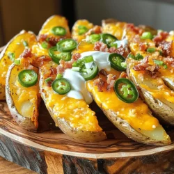 - 4 large russet potatoes - 3 tablespoons olive oil - Seasonings: - 1 teaspoon garlic powder - 1 teaspoon onion powder - 1 teaspoon paprika - ½ teaspoon black pepper - ½ teaspoon salt - Toppings: - 1 cup shredded cheddar cheese - ½ cup cooked bacon bits (optional) - ½ cup sour cream - ¼ cup green onions, chopped - ¼ cup jalapeños, sliced (optional, for heat) You can swap russet potatoes for sweet potatoes. They add a nice twist. For a dairy-free option, use vegan cheese or avocado instead of sour cream. You can change the seasonings too. Use chili powder for a kick or Italian herbs for a new flavor. - Preheat oven to 425°F (220°C). - Cut potatoes into wedges. Start by cutting each potato in half lengthwise. Then, cut each half into thirds to form wedges. - Toss wedges with olive oil and seasonings. In a large bowl, mix the potato wedges with 3 tablespoons of olive oil, 1 teaspoon garlic powder, 1 teaspoon onion powder, 1 teaspoon paprika, ½ teaspoon black pepper, and ½ teaspoon salt. Make sure each wedge gets coated well. - Bake in a single layer on a baking sheet. Arrange the seasoned wedges on a baking sheet. Use parchment paper for easy cleanup. Bake them for 25-30 minutes. Flip the wedges halfway through to ensure even cooking. They should be golden brown and crispy when done. - Add cheese and toppings. After baking, pull the wedges out. Sprinkle 1 cup of shredded cheddar cheese on top. Bake for 5 more minutes until the cheese melts and bubbles. - Presentation tips for serving. Arrange the crispy loaded potato wedges on a large platter. Drizzle extra sour cream on top and scatter green onions for color. Serve with more sour cream on the side for dipping. For the full recipe, check the recipe card above. To get crispy potato wedges, soak the cut potatoes in cold water for 30 minutes. This step removes excess starch, which helps them crisp up nicely. After soaking, dry them well with a towel. Use a baking sheet lined with parchment paper to prevent sticking. Spread the wedges in a single layer. Leave space between each wedge so they cook evenly. Adjust your seasoning mix to suit your taste. I love adding a pinch of cayenne for some heat. You can also try adding Italian herbs for a new twist. For cheese, shredded cheddar works great, but consider using Monterey Jack or pepper jack for extra flavor. These cheeses melt well and add a nice kick. Serve these loaded potato wedges with dipping sauces like ranch or spicy mayo. They pair perfectly with a fresh salad or grilled chicken. For a complete meal, add some grilled veggies or a simple coleslaw on the side. Check out the Full Recipe for more details on how to make these delicious wedges! {{image_2}} You can switch up the cheese for your loaded potato wedges. For a dairy-free option, try vegan cheese. It melts nicely and adds great flavor. You can also use unique toppings to make your dish stand out. Feta cheese gives a nice tang. Ranch dressing adds creaminess and a burst of flavor. Experiment with different cheeses and toppings to find your favorite mix. For those who love heat, add spicy elements to your wedges. Hot sauce gives a punch, while cayenne pepper adds depth. If you like cheese, consider spicy cheese options. Pepper jack cheese melts well and brings heat. These spicy variations will take your loaded potato wedges to the next level. Why not explore global flavors with your wedges? Tex-Mex potato wedges are a fun twist. Top them with guacamole, pico de gallo, and spicy cheese. Another idea is Mediterranean-style loaded potato wedges. Use toppings like tzatziki sauce, olives, and feta cheese. These global inspirations will keep your meals exciting and flavorful. You can find the Full Recipe in the article for more detailed instructions. After you enjoy your crispy loaded potato wedges, store any leftovers in the fridge. Place them in an airtight container to keep them fresh. I recommend using glass or plastic containers with tight lids. This helps prevent them from drying out or absorbing other odors in the fridge. To keep your potato wedges crispy when reheating, the oven is your best friend. Preheat it to 350°F (175°C). Spread the wedges on a baking sheet and heat for about 10-15 minutes. This method helps them regain their crunch. Avoid using the microwave, as it tends to make them soggy. If you're in a hurry, you can use an air fryer. Set it to 350°F (175°C) for about 5-8 minutes for a quick reheat. If you want to freeze your cooked potato wedges, let them cool first. Spread them in a single layer on a baking sheet and freeze for about 1-2 hours. Once frozen, transfer them to a freezer-safe bag. Squeeze out as much air as you can before sealing. To cook frozen wedges, bake them straight from the freezer at 425°F (220°C) for about 25-30 minutes. No need to thaw, and they’ll still be tasty! It takes about 30 to 35 minutes to bake crispy loaded potato wedges. First, bake them for 25 to 30 minutes. Flip them halfway for even cooking. Then, add cheese and bake for another 5 minutes. This makes the cheese melt nicely. Yes, you can use other potatoes. Yukon Gold and red potatoes work well too. They have a creamy texture and taste great. Just make sure they are firm and not too soft. Loaded potato wedges pair well with many side dishes. Consider serving a fresh salad for crunch. You can also enjoy them with grilled meats or a hearty burger. Dipping sauces like ranch or salsa add fun flavors. To make wedges healthier, try these tips: - Use less oil or a cooking spray. - Add more herbs and spices instead of salt. - Skip the cheese or use a lighter cheese option. - Serve with a side of veggies instead of bacon. No, it’s not necessary to peel the potatoes. The skin adds flavor and crunch. Plus, it keeps the nutrients in. Just wash them well before cutting. If you prefer a softer bite, peeling is fine. For the full recipe, check the instructions above. Loaded potato wedges are a tasty treat made with simple ingredients. We covered the best potatoes, toppings, and tips for crispiness. You learned about substitutes and various flavors. Remember, you can make these wedges your own with different cheeses, spices, and toppings. The final presentation can turn a regular dish into something special. Enjoy making, serving, and sharing these delicious wedges!
