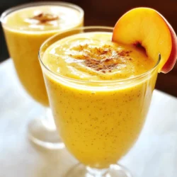 To make a Ginger Peach Smoothie, you need: - 2 ripe peaches, pitted and sliced - 1 banana, frozen for creaminess - 1 tablespoon fresh ginger, grated - 1 cup almond milk (or any milk of choice) These ingredients create a fresh and smooth base for your drink. Peaches bring sweetness and flavor. The banana adds creaminess, while ginger gives a spicy kick. Almond milk keeps it light and refreshing. You can customize your smoothie by adding: - 1 tablespoon honey or agave syrup (optional) - 1 tablespoon chia seeds (for added nutrition) - 1/2 teaspoon cinnamon (for warmth) - Ice cubes (optional, for thickness) These extras enhance flavor and nutrition. Honey or agave syrup adds sweetness. Chia seeds give a boost of fiber and omega-3s. Cinnamon adds warmth and depth to the taste. Ice cubes make the drink thicker and colder. Let’s break down the nutrition: - Peaches: High in vitamins A and C. They support skin health and boost the immune system. - Banana: Rich in potassium. It helps with heart health and muscle function. - Ginger: Known for its anti-inflammatory properties. It aids digestion and can reduce nausea. - Almond Milk: Low in calories and high in vitamin E. It supports healthy skin and heart. - Chia Seeds: Packed with fiber, protein, and omega-3 fatty acids. They help with digestion and heart health. - Cinnamon: Can lower blood sugar levels. It also has anti-inflammatory properties. Using these ingredients not only makes a tasty drink but also boosts your health. Mixing flavors and nutrients creates a perfect treat. For the complete recipe, check out the Full Recipe. To start, gather your ingredients. You need ripe peaches, a frozen banana, and fresh ginger. Wash the peaches and slice them. Make sure to pit them first. If your banana isn’t frozen, slice it and pop it in the freezer for at least 2 hours. This will help make your smoothie creamy. Now, it’s time to blend! In your blender, add the sliced peaches, frozen banana, and grated ginger. Pour in a cup of almond milk. If you like it sweet, add honey or agave syrup. For extra nutrition, toss in chia seeds and a bit of cinnamon. Blend everything on high speed. Stop when the mixture is smooth and creamy. If you want a thicker drink, add ice cubes and blend again. Pour your smoothie into glasses and serve it chilled. For a nice touch, garnish with a peach slice on the rim. A sprinkle of cinnamon on top makes it look fancy. Enjoy the vibrant colors and amazing taste of your Ginger Peach Smoothie! You can find the full recipe [here](#). To get the best taste, choose ripe peaches. Look for peaches that are soft but not mushy. They should smell sweet and fruity. If they are hard, let them sit on the counter for a few days. This will help them ripen. Ripe peaches will make your smoothie fresh and bright. The right texture makes a smoothie fun to drink. Use a frozen banana for creaminess. This adds thickness without ice. Blend the peaches and banana with almond milk until smooth. If it’s not thick enough, add some ice cubes. Blend again until you reach your desired creaminess. Everyone likes different flavors. You can make your smoothie sweeter by adding honey or agave syrup. Start with one tablespoon and taste it. If you want more spice, add a bit more ginger. Cinnamon adds warmth and depth to the flavor, too. Just a pinch can make a big difference. For the full recipe, check out the Ginger Peach Paradise Smoothie. {{image_2}} You can change the Ginger Peach Smoothie in many fun ways. Adding spinach gives a boost of greens. It mixes well and adds a nice color. Greek yogurt makes the smoothie creamy and adds protein. You can also add nut butter for extra richness. Each variation makes the drink unique and tasty. You can use many kinds of milk in your smoothie. Almond milk is a popular choice, but coconut milk brings a tropical flavor. Oat milk is creamy and works well too. Each type of milk changes the taste and texture. Feel free to pick what you like best. Adding seasonal fruits can create exciting new flavors. In summer, try fresh berries for a burst of sweetness. In fall, apples or pears can add a different taste. You can even add a squeeze of lemon for a zing. Mixing in different fruits keeps the smoothie fresh and fun. For the full recipe, check out the Ginger Peach Paradise Smoothie above. If you have leftover ginger peach smoothie, store it in a sealed jar. A glass jar works best. Make sure to leave some space at the top. Smoothies can expand when frozen. Keep the jar in the fridge for up to 24 hours. Shake well before drinking. To prep ahead, pour your smoothie into an ice cube tray. This way, you can freeze small portions. Once frozen, move the cubes to a freezer bag. They can last for up to three months. When you want a smoothie, blend a few cubes with fresh almond milk. Fresh peaches can last about three to five days at room temperature. If you refrigerate them, they may last longer. Ginger stays fresh for about a month when stored in a cool, dry place. Almond milk usually lasts about 7 to 10 days after opening. Always check the expiry date on your milk before using. Ginger and peach both pack a punch of health perks. Ginger helps with digestion and can ease nausea. It also has anti-inflammatory properties, which can help reduce pain. Peaches are rich in vitamins A and C. They support skin health and boost your immune system. Together, they make a great team for your health. Yes, you can easily make this smoothie vegan-friendly! Just use plant-based milk like almond or oat milk. Skip the honey and use agave syrup or maple syrup for sweetness. This way, you keep all the yummy flavors while making it vegan. Using a frozen banana is not necessary, but it adds creaminess. A fresh banana can work too, but the texture will be different. Frozen bananas make your smoothie thick and cold, which is perfect for a hot day. If you prefer a thicker smoothie, I recommend using the frozen banana. You can find the full recipe [here](#). The ginger peach smoothie is a tasty and healthy treat. We explored required and optional ingredients, along with their benefits. I shared step-by-step instructions and helpful blending tips. You can customize your smoothie with ripe peaches or different milk. I also gave ideas for storage and answered common questions about ingredients. Experiment with flavors and enjoy this smoothie. You will love how quick and easy it is to make.
