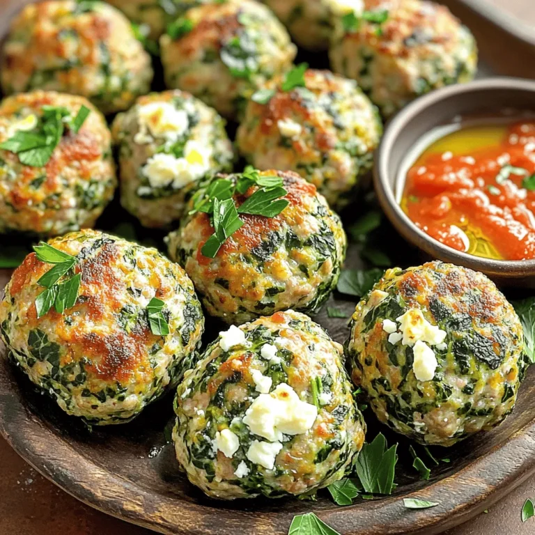 - 1 lb ground turkey - 1 cup fresh spinach, finely chopped - 1/2 cup feta cheese, crumbled Ground turkey serves as the base for these meatballs. It’s lean and healthy. Fresh spinach adds color and nutrients. Feta cheese brings a tangy flavor that makes these meatballs special. - 1/2 cup breadcrumbs (preferably whole wheat) - 1/4 cup grated Parmesan cheese - 1 large egg - 2 cloves garlic, minced - 1 teaspoon dried oregano - 1/2 teaspoon salt - 1/4 teaspoon black pepper To bind the meatballs, I use breadcrumbs and an egg. The breadcrumbs help them hold together. The grated Parmesan cheese adds a rich taste. Garlic, oregano, salt, and pepper give the meatballs extra flavor. You can mix these spices according to your taste. - Olive oil - 1 tablespoon fresh parsley, chopped (for garnish) Olive oil helps keep the meatballs moist while baking. I love to drizzle it on top before cooking. Fresh parsley adds a pop of color and freshness when serving. You can also use it to brighten up the dish. For the full recipe, check out the details above. Enjoy making these tasty meatballs! First, gather all the ingredients. You need ground turkey, spinach, feta, breadcrumbs, and more. In a large mixing bowl, combine the ground turkey, finely chopped spinach, crumbled feta cheese, breadcrumbs, grated Parmesan, one egg, minced garlic, oregano, salt, and black pepper. Use your hands to mix everything. Make sure it's well blended but do not overmix. Next, preheat your oven to 375°F (190°C). This step helps the meatballs cook evenly. Also, line a baking sheet with parchment paper. This keeps the meatballs from sticking and makes cleanup easy. To shape the meatballs, wet your hands slightly. This helps the mixture not stick to your hands. Take a small portion of the mixture and roll it into a ball, about the size of a golf ball. Place each ball on the baking sheet. Make sure to leave some space between them. This allows for even cooking. Now it’s time to bake. Place the baking sheet in the preheated oven. Bake the meatballs for about 20 to 25 minutes. Check for doneness by cutting one open. The meat should be no longer pink, and juices should run clear. If they are golden brown outside, you know they are cooked. For more details, check the Full Recipe. Enjoy your flavorful and healthy dish! - Avoiding overmixing: When mixing the ingredients, use your hands gently. Overmixing can make the meatballs tough. You want them to be soft and tender. - Perfecting texture: To get the right texture, check the mixture. It should be moist but not too wet. If it feels too sticky, add a bit more breadcrumbs until it holds together well. - Ideal side dishes: Pair these meatballs with whole grain pasta, rice, or a fresh salad. They also taste great with a side of roasted veggies. - Garnishing ideas: For a nice touch, sprinkle chopped parsley over the meatballs before serving. You can also serve them with marinara sauce or tzatziki for a tasty dip. - Prepping in advance: You can make the meatball mixture and shape them ahead of time. Place them on a baking sheet and cover. Keep them in the fridge for up to 24 hours before baking. - Reheating meatballs: If you have leftovers, reheat them in the oven at 350°F (175°C) for about 10-15 minutes. This keeps them juicy and warm. Enjoy the full recipe for more cooking details. {{image_2}} You can change the meat in these meatballs. If you want, use ground chicken or beef instead of turkey. Both will give a different taste. For a dairy-free option, try using a nut-based feta cheese. It has a similar taste and texture. You can also use tofu for a plant-based choice. Spices can really boost the flavor of your meatballs. Try adding red pepper flakes for heat or smoked paprika for depth. You can also mix in herbs like basil or thyme for a fresh twist. Incorporating other vegetables can add variety. Chopped bell peppers or zucchini work well. Just ensure they are finely diced so they blend into the mixture. You have options for how to cook these meatballs. Pan-frying gives a crispy outside. Just heat olive oil in a skillet and cook until browned. Baking is an easier option. It lets the meatballs cook evenly without much fuss. Just follow the instructions in the Full Recipe for best results. Grilling adds a smoky flavor. Use skewers if you want smaller meatballs. Just keep an eye on them to avoid burning. To keep your spinach feta turkey meatballs fresh, use airtight containers. Glass containers work well, as they do not absorb odors. You can also use plastic containers, but make sure they seal tightly. Store the meatballs in the fridge for up to three days. Place a piece of parchment paper between layers to avoid sticking. To freeze your meatballs, let them cool completely first. Place them in a single layer on a baking sheet. Freeze for about two hours until firm. Then, transfer them to a freezer-safe bag or container. Remove as much air as possible to prevent freezer burn. They can last for up to three months in the freezer. For thawing, move the meatballs to the fridge the night before you plan to cook them. If you're in a hurry, you can thaw them in the microwave using the defrost setting. To reheat your meatballs, the oven is your best option. Preheat it to 350°F (175°C). Place the meatballs on a baking sheet and cover them with foil. Heat for about 15-20 minutes or until warmed through. You can also use a microwave. Place them on a microwave-safe plate and cover with a damp paper towel. Heat in short bursts of 30 seconds until hot. This method helps keep the meatballs moist. Enjoy your delicious leftovers! For the full recipe, check out the Spinach Feta Turkey Meatballs. How long to cook spinach feta turkey meatballs? I cook these meatballs for 20-25 minutes at 375°F (190°C). They should be golden brown and cooked all the way through. Always check the center to make sure they are not pink. Can I use frozen spinach in this recipe? Yes, you can use frozen spinach! Just thaw and drain it well. Remove as much water as possible. This helps keep the meatballs from getting soggy. Are these meatballs gluten-free? No, these meatballs are not gluten-free due to the breadcrumbs. However, you can use gluten-free breadcrumbs for a safe option. Are they suitable for meal prep? Absolutely! These meatballs are great for meal prep. You can cook them ahead of time and store them in the fridge or freezer. Can I add other cheeses? Yes, you can add other cheeses. Try mozzarella or goat cheese for a different flavor. Just make sure to keep the amount similar to the feta. What are good dips to serve with these meatballs? I love serving these meatballs with marinara sauce or tzatziki. Both add a nice flavor and make them even more tasty. For more ideas, check the Full Recipe for inspiration! This article covered how to make tasty spinach feta turkey meatballs. We explored key ingredients like ground turkey, fresh spinach, and feta cheese. You learned how to shape and bake your meatballs for the best taste. We also discussed helpful tips, storage options, and ways to customize the recipe. Remember, experimenting with ingredients can lead to unique flavors. Enjoy these meatballs as a healthy meal option or a fun snack. Happy cooking!