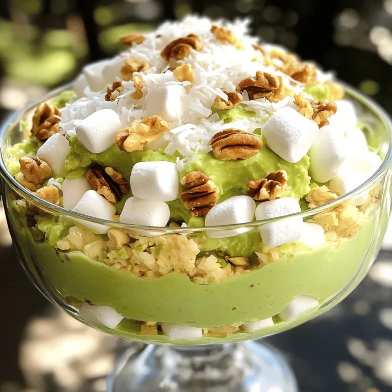 You need a few simple ingredients for Classic Watergate Salad. Here’s what you will need: - 1 (3.4 oz) package instant pistachio pudding mix - 1 cup crushed pineapple, with juice - 1 cup miniature marshmallows - 1 cup sweetened shredded coconut - 1 cup chopped walnuts (or pecans) - 1 cup heavy whipping cream - 2 tablespoons powdered sugar - 1 teaspoon vanilla extract These ingredients come together to create a creamy, sweet, and nutty salad. The pistachio pudding gives it a lovely green hue, while the pineapple adds a burst of flavor. You can customize your Watergate Salad with some fun add-ins. Here are a few ideas: - Fresh fruit, like sliced bananas or strawberries - A splash of almond extract for extra flavor - Chopped cherries for a pop of color These add-ins can change the taste and look of your salad. They let you make the recipe your own and add layers of flavor. If you have dietary needs, you can still enjoy this salad. Here are some easy swaps: - Use a dairy-free whipped cream if you need it to be vegan. - Choose sugar-free pudding mix for a lighter option. - Substitute nuts with seeds for a nut-free version. These substitutions keep the spirit of the dish while meeting your needs. You can still enjoy this delightful salad no matter your diet. For the full recipe, check out the complete list above. Making Classic Watergate Salad is simple and fun. You will mix, fold, and chill. The steps are quick, and each one builds flavor and texture. 1. In a large bowl, add the instant pistachio pudding mix and crushed pineapple. Mix them well. The mixture should thicken quickly. 2. Next, gently fold in the miniature marshmallows, shredded coconut, and chopped walnuts. Make sure they are evenly spread in the mix. 3. In another bowl, whip the heavy cream with powdered sugar and vanilla extract. Beat until soft peaks form. 4. Carefully fold the whipped cream into the pudding mixture. Be gentle, so it stays light and fluffy. 5. Cover the bowl and chill it in the fridge for at least one hour. This helps the flavors blend. 6. Right before serving, stir it gently to fluff it up again. To get the best texture, use fresh ingredients. Make sure the heavy cream is cold when you whip it. Fold gently to keep the air in the cream. This gives your salad a nice light feel. Serve it in a clear bowl to show off its lovely layers. You can add more walnuts or coconut on top for extra appeal. For the full recipe, check the section above. When making Watergate salad, there are a few key things to watch out for. First, avoid overmixing the pudding and pineapple. This can make the salad too dense. Next, don’t skip the chilling step. Chilling helps the flavors blend nicely. Lastly, be careful not to add too many nuts. Too many can overpower the salad's sweet taste. To elevate the taste of your Watergate salad, try a few simple tricks. You can add a splash of almond extract for a lovely twist. If you want a touch of tartness, consider mixing in a bit of lemon juice. This can brighten up the flavors. You might even want to experiment with fresh fruits like strawberries or blueberries for extra color and taste. Presentation matters, especially with Watergate salad. Serve it in a clear glass bowl. This allows everyone to see the beautiful green and white layers. Just before serving, give it a gentle stir. This will fluff up the salad and make it look fresh. You can also sprinkle some extra coconut or walnuts on top as a garnish. It adds a nice touch and makes it more inviting. For more details, check the Full Recipe. {{image_2}} You can give your Watergate salad a fun twist by adding more fruits. Try diced mango, sliced bananas, or even strawberries. These fruits bring a fresh taste and bright color. The sweetness of the pineapple pairs well with these fruits. Just be sure to keep the total fruit amount similar to the original recipe. If you want a nut-free version, simply leave out the walnuts. This keeps the salad safe for those with nut allergies. You can add extra marshmallows or coconut for texture. It still tastes great without the nuts. You can switch up the pudding flavor for a new taste. Try using vanilla or chocolate pudding. Each flavor gives the salad a unique twist. You can even use banana pudding for a fruity kick. Just make sure to follow the same steps as in the Full Recipe. To keep your Watergate salad fresh, store it in an airtight container. This will help keep moisture in and prevent it from drying out. If you have leftovers, make sure to cover them well. Place the container in the fridge for best results. Refrigeration is the best choice for Watergate salad. It stays fresh and tasty when kept cold. Freezing is not recommended, as it can change the texture. When you freeze, the whipped cream can become watery. So, stick to the fridge for this salad. In the fridge, Watergate salad lasts about 3 to 5 days. After that, the texture may change. If you notice any off smells or changes in color, it’s best to toss it. Always check your leftovers to ensure they are safe to eat. Watergate Salad has a fun history. It first appeared in the 1970s. It got its name from the Watergate Hotel in Washington, D.C. Some say it was made for a cooking contest. Others think it was created for a magazine. The bright green color and sweet flavor made it popular. Today, it is a favorite at potlucks and family gatherings. Yes, you can make Watergate Salad a day ahead. This dish tastes even better after sitting for a while. The flavors blend nicely when it sits in the fridge. Just cover it well to keep it fresh. When you are ready to serve, stir it gently to fluff it up again. If you need a substitute for whipped cream, try using cool whip. You can also use coconut cream for a dairy-free option. Just chill the coconut cream first for the best results. Another good choice is Greek yogurt. It adds protein and a touch of tartness. Each option will still keep your salad creamy and delicious. Check the [Full Recipe] for tips on using these substitutes. Watergate Salad is easy and fun to make. It uses simple ingredients and offers many options for twists. You learned about common mistakes to avoid and how to store it. Remember to play with flavors for more taste. Enjoy sharing this classic treat at your next gathering! It’s a crowd-pleaser and a great way to add variety. Make it your own, and have fun with each bite!
