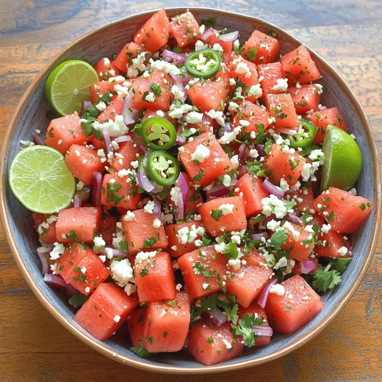 - Watermelon - Red onion - Jalapeño - Fresh cilantro Watermelon is juicy and sweet. It brings a refreshing taste. Red onion adds a crisp, sharp flavor. Use thin slices for the best bite. Jalapeño gives a gentle heat. Remove the seeds if you want less spice. Fresh cilantro offers a bright, herbal note. It ties all the flavors together. - Lime juice - Olive oil - Chili powder - Salt and pepper Lime juice brightens the salad. It balances the sweetness of the watermelon. Olive oil adds richness and helps the ingredients blend. Chili powder gives a warm, spicy kick. Salt and pepper enhance all the flavors and make them pop. - Feta cheese - Lime wedges Feta cheese adds a creamy, salty touch. It pairs well with the sweet watermelon. Lime wedges give an extra burst of flavor. They are great for those who love a zesty kick. For the full recipe, check out the details on how to create this vibrant dish. Start by mixing the main ingredients in a large bowl. You need: - 4 cups watermelon, cubed - 1/2 red onion, thinly sliced - 1 jalapeño, finely diced (remove seeds for less heat) - 1/4 cup fresh cilantro, chopped Combine these ingredients gently. You want to keep the watermelon cubes intact. The colors will look bright and fresh. Next, prepare the dressing. In a small bowl, whisk together: - 1 lime, juiced (about 2 tablespoons) - 2 tablespoons olive oil - 1 teaspoon chili powder - Salt and pepper to taste This dressing adds a zesty kick to the salad. Adjust the seasoning based on your taste. Now, drizzle the dressing over the watermelon mixture. Use just enough to coat the ingredients well. Then, toss the salad gently. Be careful not to break the watermelon cubes. Let the salad sit for about 10 minutes. This waiting time helps the flavors blend. For presentation, serve the salad in a large bowl or on individual plates. It looks stunning when plated nicely. Garnish with crumbled feta cheese for a creamy touch. Lime wedges on the side add a bright pop of color. You can find the full recipe for this refreshing dish in the earlier section. Enjoy making this flavorful salad! To find a ripe watermelon, look for a few key signs. First, check the color. A deep green skin means it’s ready. Then, look for a creamy spot on one side. This spot shows where it sat on the ground. Next, tap it gently. A hollow sound means it’s ripe. The best time to buy watermelon is during summer. They usually peak from June to August. If you want less heat, use less jalapeño. You can also remove the seeds. This way, you control the spice better. If you want different flavors, try using smoked paprika instead of chili powder. You can also use cayenne pepper for a sharper heat. Adding fresh herbs can boost the taste. Try mint or basil for a twist. Chop them finely and mix them in. For more flavor, let the salad marinate for 15 minutes. This time allows the tastes to blend well. The longer it sits, the better it gets! {{image_2}} Chili lime watermelon salad is great for many diets. You can make it vegan by skipping the feta cheese. It tastes just as good without it. This salad is also gluten-free. All the ingredients are naturally free from gluten. So, anyone can enjoy this dish! Want to mix things up? Try adding other fruits like mango or pineapple. These fruits add sweetness and a fun texture. You can also use different herbs. Mint or basil can give a fresh twist. Just chop them finely and mix them in for a new flavor. This salad pairs well with grilled meats. Serve it next to chicken or steak for a tasty meal. You can also use it in wraps. Just add the salad to a tortilla with some protein. Roll it up for a refreshing lunch or snack. For the full recipe, check out the detailed instructions above. To keep your Chili Lime Watermelon Salad fresh, store it in an airtight container. This helps prevent the salad from absorbing smells or flavors from other foods. If you have leftovers, put them in the fridge right away. The salad stays tasty for up to three days. After that, the watermelon can get mushy and lose its crispness. Freezing this salad is not the best choice. Watermelon has high water content. When you freeze it, the texture changes. If you want to freeze it anyway, cut the salad into smaller pieces. Use a freezer bag and remove as much air as possible. It can last for about a month in the freezer. Just remember, the texture will not be the same once it thaws. If you have leftover salad, don’t worry! There are many fun ways to reuse it. You can blend the salad into a refreshing smoothie. Just add yogurt or some ice for a cool drink. You can also mix it into a salsa. Combine with diced tomatoes and corn for a tasty dip. Another idea is to use it in wraps. Just add some grilled chicken or shrimp for extra protein. These options make sure nothing goes to waste! Yes, you can make this salad in advance. I suggest you prepare it no more than 2 hours before serving. This timing keeps the watermelon fresh and juicy. If you make it too early, the watermelon can get mushy. If you want a milder flavor, you can use a bell pepper. A green bell pepper adds crunch without heat. You could also try a poblano pepper for some mild spice. If you like a bit of heat, a serrano pepper is a good choice. To make this salad heartier, add some protein. Grilled chicken or shrimp works great. You can also use black beans for a vegetarian option. Adding some crumbled feta cheese gives a nice flavor boost. This salad goes well with refreshing drinks. Try serving it with sparkling water or lemonade. A crisp white wine is also a great match. For a fun twist, serve it with a light beer or a fruity cocktail. For the full recipe, check out the [Full Recipe]. This chili lime watermelon salad is fresh and easy to make. You mix yummy ingredients like watermelon, red onion, and jalapeño. The dressing of lime juice and olive oil adds zest. Remember to think about how to adjust the heat and make it your own. You can easily change flavors by adding fruits or herbs. With smart storage tips, your leftovers will stay fresh too. Enjoy this salad as a side or a main dish. It's a delight for any meal!