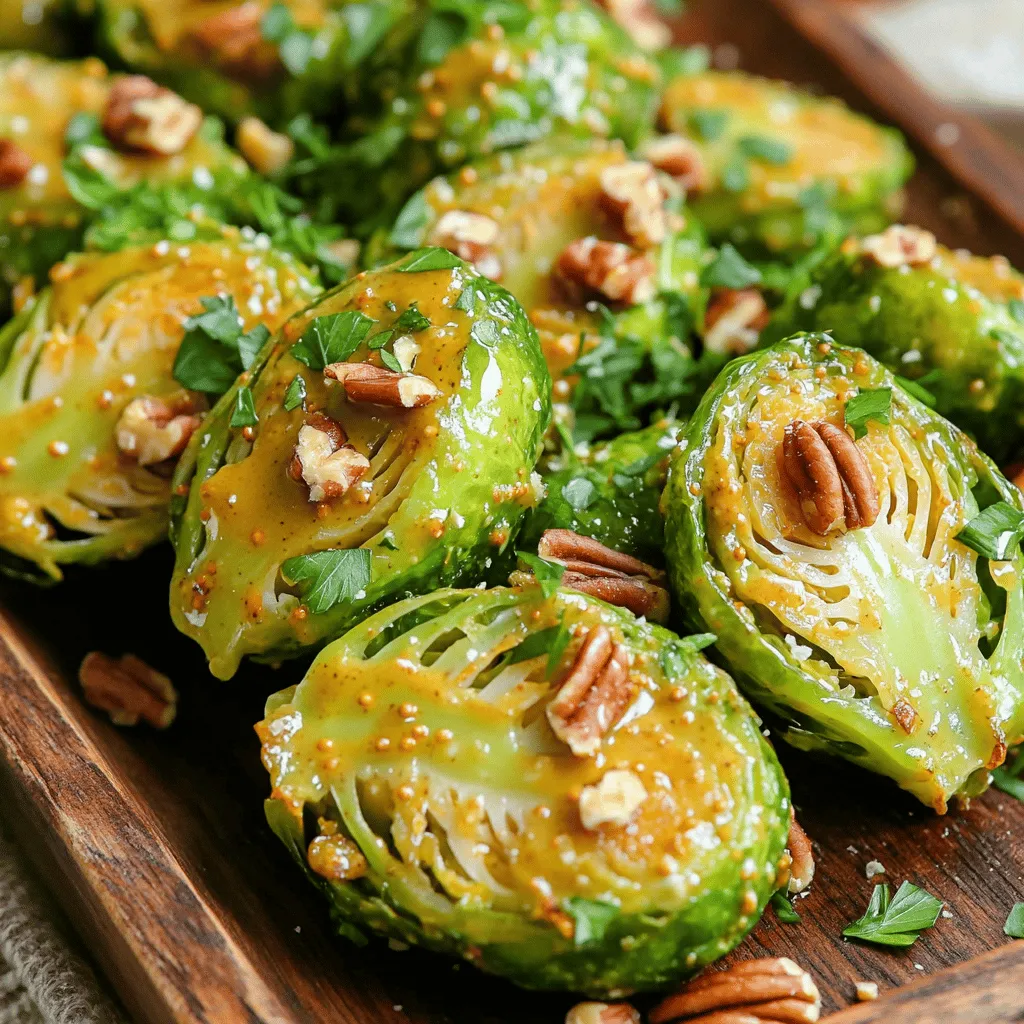 - 1 lb Brussels sprouts, trimmed and halved - 3 tablespoons olive oil - 2 tablespoons maple syrup - 1 tablespoon Dijon mustard - 1 teaspoon garlic powder - Salt and black pepper to taste - ¼ cup pecans, roughly chopped (optional) - 2 tablespoons fresh parsley, chopped (for garnish) The main star of this dish is the Brussels sprouts. Choosing fresh ones makes all the difference. Look for bright green sprouts that feel firm. If they are yellow or soft, skip them. You’ll also need olive oil. It adds richness and helps the sprouts roast well. Maple syrup gives sweetness. It balances the mustard's tanginess. Dijon mustard brings a nice kick. Garlic powder adds depth. Salt and black pepper are key for flavor. Pecans are optional but give a nice crunch. Fresh parsley brightens the dish when you sprinkle it on top. If you want to switch things up, you can use different oils. Avocado oil works well for roasting too. For sweetness, honey or agave nectar are great swaps for maple syrup. If you prefer a different mustard, try whole grain mustard. It has a different texture and flavor. These easy swaps keep the dish delicious and fun! For the full recipe, check out the Maple Dijon Roasted Brussels. - First, preheat your oven to 400°F (200°C). This step is key for a nice roast. - Next, take 1 lb of Brussels sprouts, trim their ends, and cut them in half. This helps them cook evenly. - In a large bowl, combine 3 tablespoons of olive oil, 2 tablespoons of maple syrup, and 1 tablespoon of Dijon mustard. - Add 1 teaspoon of garlic powder, and sprinkle in salt and black pepper to taste. - Whisk the mixture well until it forms a smooth dressing. This adds a delightful flavor to your sprouts. - Now, take your halved Brussels sprouts and toss them in the bowl with the dressing. Make sure they are evenly coated. - Spread the Brussels sprouts in a single layer on a large baking sheet. If you like, sprinkle ¼ cup of roughly chopped pecans over the top for added crunch. - Roast them in the preheated oven for 20-25 minutes. Stir them halfway through to ensure even cooking. Look for a golden brown color and crispy edges to know they are ready. These steps will guide you to create a flavorful side dish that everyone will love. For the full recipe, be sure to check the instructions above! To make your Maple Dijon Roasted Brussels even better, try adding spices. A pinch of cayenne gives heat. Paprika adds a nice smokiness. Cheese can also boost flavor. Grated Parmesan works well, melting slightly as the sprouts roast. Cut your Brussels sprouts evenly. This ensures they cook at the same rate. If one piece is too big, it may be soft while others are crispy. Watch the roasting time. You want them golden brown and crispy, so check them after 20 minutes. Pair these Brussels with protein for a full meal. Chicken or fish is a great match. For sides, consider mashed potatoes or a fresh salad. They balance the rich flavors of the Brussels. For the complete recipe, check out the Full Recipe section. {{image_2}} You can add seasonal vegetables for a fresh twist. Carrots and squash work well. They add color and nutrition. You can roast them with the Brussels sprouts. Adding fruits like cranberries or apples makes the dish sweeter. Their tartness balances the rich maple flavor. Try tossing in some chopped apples for a crunchy surprise! For a vegan option, skip the honey and use maple syrup. All the other ingredients are vegan-friendly. If you're gluten-free, check your mustard. Most Dijon mustards are gluten-free, but it's good to read the label. This way, everyone can enjoy the dish without worries. Want a new flavor? Try an Asian twist! Add soy sauce and sesame oil. This gives a savory taste that pairs nicely with the sweetness. For a Mediterranean flair, toss in olives and feta cheese. This will make the Brussels sprouts taste bright and tangy. These variations keep your meals exciting and fun! You can find the Full Recipe for Maple Dijon Roasted Brussels above. To enjoy your Maple Dijon Roasted Brussels again, you can reheat them easily. The oven gives the best results. Preheat your oven to 350°F (175°C). Spread the Brussels sprouts on a baking sheet. Heat for about 10-15 minutes. This keeps them crispy. If you are short on time, you can use the microwave. Place the sprouts in a microwave-safe bowl. Cover it loosely with a lid or a damp paper towel. Heat for about 1-2 minutes. Stir and check if they are warm enough. After enjoying your meal, store leftovers in the fridge. Place them in an airtight container. They will stay fresh in the fridge for up to three days. If you want to keep them longer, freezing is a good option. Use a freezer-safe bag or container. They can last up to three months in the freezer. In the fridge, your Maple Dijon Roasted Brussels will last about three days. Check for signs of spoilage before eating. Look for a sour smell, slimy texture, or discoloration. If you notice any of these, it’s best to throw them away. Always trust your senses when it comes to food safety. To prepare Brussels sprouts, start by trimming the ends. Cut off any brown parts. Then, slice the sprouts in half from top to bottom. Rinse them under cold water to remove dirt. Pat them dry with a towel. This step helps the sprouts roast evenly and get crispy. Yes, you can make Maple Dijon Roasted Brussels ahead of time. Roast the sprouts and let them cool. Store them in an airtight container in the fridge for up to three days. When ready to serve, simply reheat them in the oven. This keeps them crispy and tasty. Maple Dijon Roasted Brussels pair well with many dishes. Serve them with grilled chicken, pork, or fish for a balanced meal. You can also enjoy them alongside quinoa or rice for a vegetarian option. They make a great side for holiday meals too. To reduce bitterness, try these tips. First, trim the sprouts properly. Halving them helps with cooking. Add a touch of sweetener, like maple syrup, which balances the flavor. Roasting at high heat also brings out natural sweetness, making them taste better. Yes, Maple Dijon Roasted Brussels are a healthy choice. Brussels sprouts are low in calories and high in fiber. They also contain vitamins C and K, which are good for your health. The olive oil and maple syrup add healthy fats and sweetness, making this dish nutritious and delicious. For the full recipe, check out the Maple Dijon Roasted Brussels instructions above! We explored how to make Maple Dijon Roasted Brussels sprouts from start to finish. You learned about key ingredients and substitutions. I shared tips for perfect texture and flavor. We looked at variations and storage methods. Cooking this dish is simple and rewarding. Enjoy experimenting with flavors and serving ideas to impress. Now, you can make delicious Brussels sprouts that everyone will love.