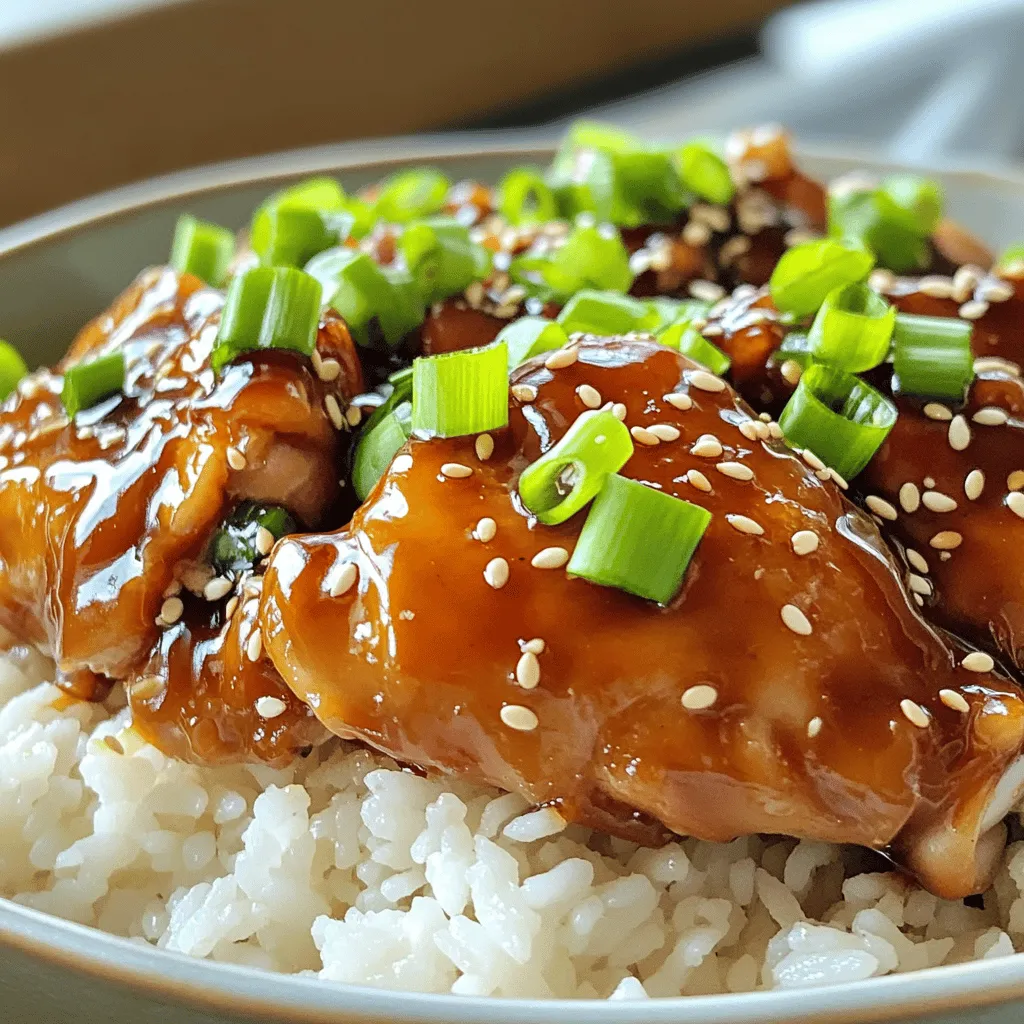 For this dish, you will need a few key items. Here’s what to gather: - 1.5 pounds boneless, skinless chicken thighs - 1/2 cup soy sauce (low sodium for health) - 1/4 cup honey - 1/4 cup brown sugar - 3 cloves garlic, minced - 1 tablespoon ginger, grated - 1 tablespoon sesame oil - 1 tablespoon cornstarch - 2 tablespoons water - 1 tablespoon rice vinegar These ingredients come together to create a savory and sweet sauce that makes the chicken shine. Once your chicken is ready, garnish it for a pop of color and flavor. Use: - 2 green onions, sliced - Sesame seeds These simple garnishes add a fresh touch and a bit of crunch. Feel free to mix things up! You can try: - Chicken breasts instead of thighs - Maple syrup instead of honey for a different sweetness - Add crushed red pepper for heat - Use a splash of orange juice for a fruity twist These alternatives let you tailor the dish to your taste. For the full recipe, check out the detailed instructions. To start, gather your ingredients. In a mixing bowl, add the soy sauce, honey, brown sugar, minced garlic, grated ginger, sesame oil, and rice vinegar. Mix well until the sugar dissolves. This marinade gives the chicken a sweet and salty flavor that makes it special. Next, place the chicken thighs in the Instant Pot. Pour the teriyaki marinade over the chicken, making sure each piece is coated. Secure the lid tightly. Set the Instant Pot to the Poultry setting or manual high pressure for 10 minutes. When the timer goes off, let it sit for 5 minutes to release pressure naturally, then do a quick release for any remaining pressure. Carefully remove the chicken and set it on a plate. Now, turn the Instant Pot to Sauté mode. In a small bowl, mix the cornstarch and water to make a slurry. Pour this mixture into the pot and stir to thicken the sauce. Cook for 2-3 minutes until it bubbles. Return the chicken to the pot and toss it in the thickened sauce. Serve the teriyaki chicken over steamed rice. Garnish with sliced green onions and sesame seeds for a nice touch. For the full recipe, check out the details! To make your teriyaki chicken taste great, start with good ingredients. Use fresh garlic and ginger for the best flavor. Low-sodium soy sauce helps control saltiness. Combine the marinade well, so the flavors mix. Let the chicken soak in the marinade for at least 30 minutes before cooking. This step helps the chicken absorb the yummy flavors. One mistake is not sealing the Instant Pot correctly. Always ensure the lid is locked. If you forget to do this, the chicken won't cook properly. Another common error is overcooking the chicken. Cook for exactly 10 minutes. If you cook it too long, the chicken may turn dry. Lastly, don't skip the natural release of pressure. This step keeps the chicken juicy. To keep your chicken tender, choose thighs over breasts. Thighs have more fat, which adds flavor and moisture. Also, avoid cooking from frozen. Always thaw your chicken first. If you want even more tenderness, you can pound the chicken lightly before marinating. This breaks down some fibers, making it softer. Follow these tips for the best teriyaki chicken experience. For the complete process, check the Full Recipe. {{image_2}} You can swap chicken with other proteins. Try using pork, beef, or shrimp. Each option changes the dish but keeps the great teriyaki taste. Pork works well with the sweet sauce. Beef gives a hearty flavor. Shrimp cooks fast and adds a nice touch. Just adjust cooking times based on what you choose. For a vegetarian or vegan version, use tofu or tempeh. Both soak up flavors well. Press the tofu before cooking to remove extra water. This helps it absorb the teriyaki sauce better. You can also use seitan for a meat-like texture. This way, you keep the dish tasty and plant-based. You can boost the flavor in fun ways. Add red pepper flakes for heat. This gives a spicy kick that balances the sweetness. For a fruity twist, mix in pineapple chunks or orange zest. These add freshness and brightness. Experiment with flavors that excite you and fit your taste buds. You can find more ideas in the Full Recipe. After you enjoy your teriyaki chicken, you might have some left. To store it, place the chicken in an airtight container. Make sure to include the sauce to keep it moist. Store it in the fridge for up to three days. If you want to keep it longer, consider freezing it. When you’re ready to eat the leftover teriyaki chicken, I suggest reheating it gently. You can use the microwave or stovetop. If using a microwave, cover the dish to keep moisture in. Heat in short bursts, stirring often. On the stovetop, warm it in a pan over low heat. Add a splash of water if the sauce is too thick. Freezing is a great option if you want to save your teriyaki chicken for later. Place the chicken and sauce in a freezer-safe bag. Make sure to remove as much air as possible. It can stay frozen for up to three months. When you’re ready to eat it, thaw it in the fridge overnight. After thawing, reheat it well before serving. For more details on making this dish, check the Full Recipe. It takes about 30 minutes to cook Instant Pot Teriyaki Chicken. This includes prep time and cooking. You will need 10 minutes on high pressure. After that, let the pressure release naturally for 5 minutes. This method helps keep the chicken tender and juicy. Yes, you can use frozen chicken thighs. Just add a few extra minutes to the cook time. If you set the Instant Pot for 12 minutes instead of 10, the chicken will cook well. Make sure to check that the internal temperature reaches 165°F for safety. Teriyaki Chicken pairs well with many sides. Here are some tasty options: - Steamed rice - Stir-fried vegetables - Fried rice - Noodles - Salad These sides balance the flavors and make a complete meal. Yes, you can make Teriyaki Chicken on the stovetop. Use a large skillet or pot. Cook the chicken over medium heat, turning it often. It will take about 20-25 minutes. You can follow the same marinade steps in a mixing bowl. For the sauce, simmer until it thickens. This version is just as tasty! This blog covered everything you need for Instant Pot Teriyaki Chicken. We looked at main and garnish ingredients, plus options to customize your dish. I provided clear steps for making the marinade, cooking the chicken, and thickening the sauce. Tips helped enhance flavor and avoid mistakes. Variations showed protein swaps and tasty flavor boosts. Lastly, I shared ways to store and reheat your chicken. With this knowledge, you can make a great meal that suits your taste. Enjoy your time in the kitchen!