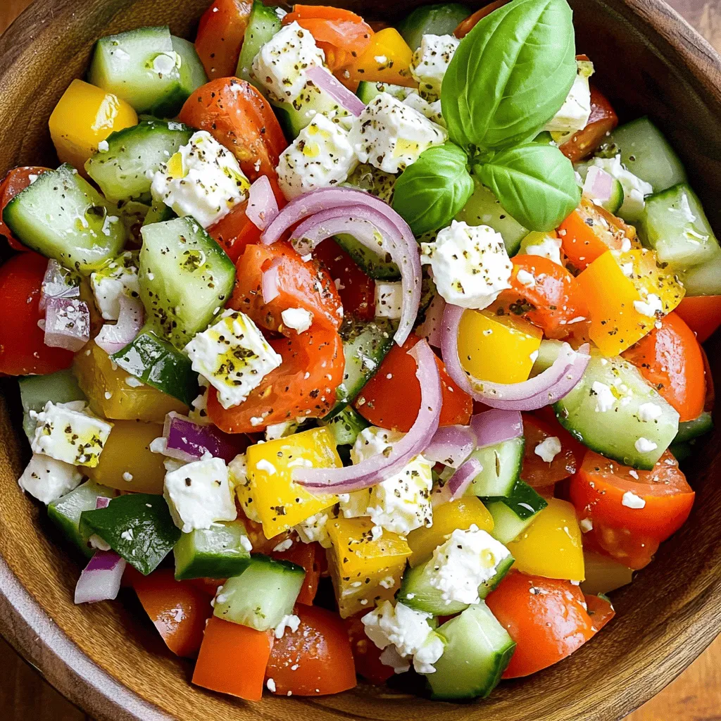To make the easy tomato feta salad, gather these simple ingredients: - 4 ripe tomatoes, diced - 200g feta cheese, crumbled - 1 small red onion, thinly sliced - 1 cucumber, diced - 1 bell pepper (red or yellow), chopped - 3 tablespoons extra virgin olive oil - 2 tablespoons red wine vinegar - 1 teaspoon dried oregano - Salt and black pepper to taste - Fresh basil leaves for garnish To ensure your salad is fresh and tasty, follow these tips: - Choose ripe tomatoes. Look for bright color and a slight give when pressed. - Use high-quality feta. Crumbled feta adds a rich flavor. - Pick a crisp cucumber. A firm cucumber will add crunch. - Select vibrant bell peppers. They should feel heavy for their size. - Fresh herbs like basil should be bright green and fragrant. This salad is not only delicious but also healthy. Here’s what you get per serving: - Calories: About 200 - Protein: 6g - Carbohydrates: 10g - Fat: 16g - Fiber: 2g - Vitamin C: High, thanks to the veggies. This easy tomato feta salad is a great choice for a light meal. For the full recipe, check the details above. This salad is quick and easy to make. It takes just 10 minutes to prep and 20 minutes total. You will have a fresh and tasty dish in no time. Gather all your ingredients first to make things smooth. 1. Start by washing your tomatoes, cucumber, bell pepper, and red onion. 2. Dice the tomatoes and cucumber into small pieces. Chop the bell pepper and slice the onion thinly. 3. In a large mixing bowl, add the diced tomatoes, cucumber, bell pepper, and onion. 4. Next, crumble the feta cheese over the veggies. Be gentle, so it stays in chunks. 5. In a small bowl, mix the olive oil, red wine vinegar, oregano, salt, and black pepper. Whisk it until it blends well. 6. Pour this dressing over the salad mixture. Toss everything gently to coat all the veggies and feta. 7. Let the salad sit for about 10 minutes. This helps the flavors mix. 8. Before serving, add fresh basil leaves on top for extra flavor. - Use a big bowl for mixing. It makes it easier to toss all the ingredients. - Serve the salad at room temperature for the best taste. - You can add more basil or a squeeze of lemon for a zesty kick. - This salad pairs well with grilled meats or bread. Check out the Full Recipe for more details! To make your Easy Tomato Feta Salad pop, focus on the balance of flavors. The sweet tomatoes pair well with the salty feta. Adding fresh herbs, like basil, brightens the dish. A touch of red wine vinegar gives it a nice tang. Try adding a pinch of red pepper flakes for some heat. Use ripe and fresh ingredients for the best taste. Look for tomatoes that feel firm but slightly soft. Store feta in its brine for freshness. When cutting, use a sharp knife to keep the veggies intact. This helps maintain their shape and texture in the salad. You can prepare this salad ahead of time. Make it up to a day in advance. Just keep the dressing separate until you're ready to serve. This way, your salad stays crisp and fresh. Letting it sit for at least 10 minutes before serving allows the flavors to meld beautifully. For the full recipe, check out the detailed instructions provided. {{image_2}} You can easily add proteins to make the salad heartier. Grilled chicken or shrimp works well. You can also use chickpeas for a vegetarian option. Just toss them in with the other ingredients. This way, you get more flavor and nutrition in each bite. If you have dietary needs, you can swap ingredients. Use vegan feta cheese if you're dairy-free. For low-sodium diets, choose low-salt feta or skip it altogether. You can also replace red onion with green onion for a milder taste. These changes keep the salad fresh and enjoyable for everyone. Seasonal veggies can brighten up your salad. In summer, add fresh corn or zucchini. In fall, consider roasted butternut squash. Each season offers unique flavors to explore. Change the herbs too! Use cilantro in summer or thyme in winter for a twist. The Full Recipe allows for endless creativity. Store any leftover salad in an airtight container. Place it in the fridge. This way, the salad stays fresh for later. The salad tastes best within 2 days. After that, the veggies lose crunch. The feta may become soggy. If you want it to last longer, store the dressing separately. Add it right before serving. You don’t need to heat this salad. Serve it cold for the best taste. If you want to add warmth, serve it with grilled chicken or fish. This salad pairs well with many dishes. For a twist, try it with crusty bread. You can find the full recipe above. Yes, you can make this salad ahead of time. I recommend making it a few hours before serving. This gives the flavors time to blend. Just keep it in the fridge. The salad tastes even better after chilling. To keep feta from crumbling, handle it gently. Use your hands instead of a fork. You can also cut it into larger chunks. This way, it stays intact in your salad. Adding the feta last helps keep it whole as you mix. The best tomatoes for this salad are ripe and juicy. I like using vine-ripened tomatoes or heirloom varieties. They taste sweet and fresh. Avoid watery tomatoes, as they can dilute the flavors. Always look for tomatoes with bright color and firmness. Yes, this salad is great for meal prep. You can make it and store it in the fridge. Just keep the dressing separate until you eat. This keeps the salad crisp and fresh. You can enjoy it for lunch or dinner all week long. This article covered tasty salad ingredients, step-by-step instructions, and handy tips for success. You learned how to enhance flavors and make the dish fit your needs. We also discussed storage and meal prep for easy leftovers. Remember, fresh ingredients make a big difference. Don't hesitate to try variations for new flavors. Now you’re ready to create a delicious salad. Enjoy the process and share your tasty results!