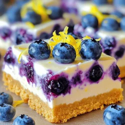 To make Blueberry Lemon Cheesecake Bars, gather these items: - 1 cup graham cracker crumbs - 1/4 cup unsalted butter, melted - 2 tablespoons sugar - 16 oz cream cheese, softened - 1/2 cup sugar - 1 teaspoon vanilla extract - 2 large eggs - Zest of 1 lemon - 1/4 cup fresh lemon juice - 1 cup fresh blueberries (plus extra for garnish) - 1 tablespoon cornstarch (optional, for thickening) Measuring accurately is key for great results. Use a dry measuring cup for crumbs and sugar. For liquids, a liquid measuring cup works best. If you don’t have graham cracker crumbs, use crushed cookies or nuts. You can swap the butter for coconut oil if needed. For a lighter option, consider low-fat cream cheese. If you don’t have fresh blueberries, frozen ones can work, but they may make the batter a bit watery. Fresh ingredients make a big difference in taste. Fresh lemons give a bright flavor that dried zest can’t match. Using fresh blueberries adds sweetness and texture. They burst in your mouth, giving each bite a juicy surprise. Always aim for ripe, plump blueberries. They not only look great, but they also boost the flavor of your bars. Choosing high-quality products will lead to better results and a more enjoyable treat. Start by preheating your oven to 350°F (175°C). Grab an 8x8-inch baking dish. Line it with parchment paper, leaving extra paper hanging over the sides. This helps you lift the bars out later. In a mixing bowl, combine 1 cup of graham cracker crumbs, 1/4 cup of melted unsalted butter, and 2 tablespoons of sugar. Stir until the crumbs are coated well. Press this mixture firmly into the bottom of your baking dish. Make sure it is even. Bake it for 8-10 minutes until it turns lightly golden. Once done, take it out and let it cool. In a large bowl, place 16 ounces of softened cream cheese. Beat it until smooth. Gradually add 1/2 cup of sugar and mix until creamy. Then, add 1 teaspoon of vanilla extract, 2 large eggs, the zest of 1 lemon, and 1/4 cup of fresh lemon juice. Blend it all together until it is well mixed and smooth. Next, gently fold in 1 cup of fresh blueberries. If you want a thicker filling, you can add 1 tablespoon of cornstarch. Be careful not to break the blueberries too much. Pour the cheesecake mixture over your cooled graham cracker crust. Spread it evenly across the top. Bake this in the oven for 30-35 minutes. The center should be set but still jiggle a bit. After baking, take it out and let it cool at room temperature for about 1 hour. Then, refrigerate for at least 3 hours, or overnight if you can wait. When ready, garnish with more fresh blueberries and cut into squares. For the full recipe, check the earlier section. To get a creamy texture in your cheesecake bars, start with softened cream cheese. Cold cream cheese can cause lumps. I recommend leaving it out for about an hour before mixing. Mix the cream cheese alone first until it's smooth. Then, slowly add sugar and other ingredients. This will keep the mixture fluffy and light. Cracks can ruin the look of your cheesecake bars. To prevent this, avoid overbaking them. They should be set but still jiggle in the center. Another tip is to bake them in a water bath. This keeps the temperature steady and moist. Lastly, let the bars cool slowly. Rapid changes in temperature can cause cracks. Serving your cheesecake bars can be fun! After slicing, place them on a nice platter. Add fresh blueberries on top for color. You can also drizzle lemon sauce for a pop of flavor. For a fancy touch, use a sprig of mint. These small details will impress your guests and make your dessert shine. Check out the Full Recipe for more tips! {{image_2}} You can mix up your Blueberry Lemon Cheesecake Bars easily. Try adding raspberries, strawberries, or blackberries. These fruits add a splash of color and flavor. You can use one fruit or a mix. Just remember to adjust the sugar. Some fruits are sweeter than blueberries. Keep the lemon zest and juice for that tangy taste. If you want to change the crust, there are many choices. You could use crushed Oreos for a chocolate twist. Almond flour mixed with coconut oil makes a gluten-free crust. For a nut-free option, use crushed rice cereal. Each crust brings a new flavor to the bars. Experiment to find your favorite! Making vegan Blueberry Lemon Cheesecake Bars is simple. Use vegan cream cheese and a flax egg instead of regular eggs. For a gluten-free version, swap the graham cracker crumbs for gluten-free cookies or nuts. Both options still taste great and keep the spirit of the dessert. You can enjoy these bars with different diets in mind. For the full recipe, check out the detailed instructions above. To keep your blueberry lemon cheesecake bars fresh, store them in the fridge. Use an airtight container to block moisture and odors. You can also cover the bars with plastic wrap. This way, they stay safe and tasty for longer. If you want to keep them for days, try using parchment paper between layers. This helps avoid sticking. If you want to save some bars for later, freezing is a great option. First, let the bars cool completely. Then, cut them into squares. Wrap each piece in plastic wrap. Place the wrapped bars in a freezer-safe bag or container. You can freeze them for up to three months. When you want to enjoy them, thaw in the fridge overnight. These bars can last in the fridge for about five days. They taste best when chilled. If you prefer them warm, you can reheat them. Just place a square on a microwave-safe plate. Heat for about 10-15 seconds. Be careful not to overheat. You want them warm but not hot. Enjoy your delicious treat! For the full recipe, check the section above. You can tell when the cheesecake bars are done by checking the center. It should be set but still jiggle slightly. A good test is to insert a toothpick into the center. If it comes out mostly clean, the bars are ready. Remember, they will firm up as they cool. Yes, you can use frozen blueberries in this recipe. They work well and save time. Just remember, the berries may release more juice. This can make the filling a bit softer, so reduce the amount of lemon juice slightly. If you want, you can also thaw and drain them first. These cheesecake bars pair well with many things. You can serve them with a dollop of whipped cream. Fresh mint leaves add a nice touch too. For drinks, a cup of tea or lemonade brings out the flavors. Feel free to get creative with sides! For the full recipe, check the detailed steps to make these delicious bars. In this article, we explored how to make Blueberry Lemon Cheesecake Bars. We covered the key ingredients, offered step-by-step instructions, and shared tips for the perfect texture. You learned about fun variations, best storage practices, and common questions to help your baking. Making these bars is easy and fun. Use fresh ingredients for the best taste. Enjoy experimenting with flavors and serving ideas. With practice, your cheesecake bars will impress everyone. Get baking and share your delicious results!