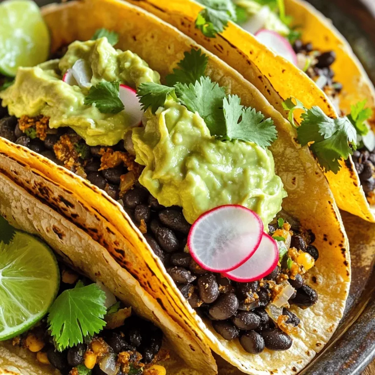 - 1 can (15 oz) black beans, rinsed and drained - 1 tablespoon olive oil - 1 small onion, finely chopped - 2 garlic cloves, minced For these tacos, black beans are the star. They bring a hearty base. Olive oil adds richness and helps sauté the onion and garlic. Onion gives a sweet flavor, while garlic adds depth. - 1 ripe avocado - 1/4 cup Greek yogurt (or sour cream) - Fresh cilantro, for garnish - Sliced radishes, for garnish I love using avocado and Greek yogurt for a creamy topping. They balance the spice perfectly. Fresh cilantro adds a burst of color and flavor. Sliced radishes bring a nice crunch. - 1 teaspoon ground cumin - 1 teaspoon smoked paprika - 1/2 teaspoon cayenne pepper (adjust for heat preference) - Salt and pepper to taste Ground cumin and smoked paprika add warmth and earthiness. Cayenne pepper brings the heat, which you can adjust. Salt enhances all the flavors, making each bite pop. For the full recipe, check out the recipe section. First, I heat olive oil in a skillet. I set the heat to medium. Next, I add the chopped onion. I sauté the onion until it turns soft and clear, about five minutes. Then, I add the minced garlic. I cook this for another one to two minutes. The smell is so good! Afterward, I stir in the black beans. I also add ground cumin, smoked paprika, cayenne pepper, salt, and pepper. I let this cook for five to seven minutes. The beans heat up and get a little mushy. I mash half the beans with a fork. This makes a nice, thick mixture. While the beans cook, I make the avocado lime cream. I take a ripe avocado and mash it in a small bowl. It should be smooth and creamy. Then, I mix in Greek yogurt and lime juice. I stir well until everything blends together. I add a pinch of salt to taste. This cream adds a fresh and zesty flavor! Now, I heat the corn tortillas. I place them in a dry skillet over medium heat. I warm each side for about thirty seconds. They should be soft and easy to fold. Once the tortillas are ready, I scoop a generous amount of the black bean mixture onto each one. Next, I drizzle the avocado lime cream over the beans. I top each taco with fresh cilantro and sliced radishes. The colors look beautiful together. These tacos are now ready to serve. You can find the Full Recipe for more details! To make your black bean tacos shine, focus on the basics. First, properly sauté the onions. Heat your olive oil in a skillet. Add finely chopped onions and cook until they turn soft and clear. This step adds depth to your dish. Next, mash the beans. After cooking the black beans with spices, use a fork to mash half of them. This creates a thick and creamy texture, perfect for tacos. Presentation matters! Serve your tacos on a large plate. Add lime wedges on the side for a burst of flavor. Fresh cilantro adds a lovely green pop. You can even sprinkle sliced radishes for crunch and color. Pair your tacos with sides like rice or corn salad. A nice drink, like iced tea or a light beer, works well too. Want to make your tacos spicier? Start by adjusting the cayenne pepper. Add less if you prefer mild flavors. If you like heat, feel free to increase the amount. You can also add extra spices. Consider using chili powder or jalapeños for an extra kick. Experiment to find what you love best! {{image_2}} You can make spicy black bean tacos even better by adding veggies. Bell peppers work great. They add crunch and sweetness. You can also use mushrooms or zucchini. These veggies give a nice texture. If you want protein without beans, try quinoa or lentils. They blend well and keep the dish filling. Both choices are tasty and boost the nutrition of your tacos. Tortillas come in many types. You can choose flour or corn tortillas. Corn tortillas are more traditional. They have a nice flavor that pairs well with black beans. If you need a gluten-free option, look for corn tortillas. They are easy to find in stores. You can also try rice tortillas. These work well and are gluten-free too. Avocado cream is a star on these tacos. You can swap Greek yogurt for sour cream. This change gives a different taste. You can also add flavors to the cream. Try mixing in garlic or fresh herbs like cilantro. These additions make the cream more exciting. You can even add a hint of lime zest for extra zing. For the full recipe, check out the instructions above. You can store leftover spicy black bean tacos easily. First, let the tacos cool down to room temperature. Use airtight containers for storage. This helps keep the flavors fresh. Store the bean mixture and tortillas separately. The black bean mixture lasts 3 to 4 days in the fridge. The tortillas stay good for about 3 days. To reheat, you can use a microwave or a skillet. For the microwave, place the mixture in a bowl. Cover it with a damp paper towel. Heat for about 1 to 2 minutes. Stir halfway through to help it warm evenly. For the skillet, heat it on medium heat. Add a splash of water to keep it moist. Stir for about 3 to 5 minutes. This method keeps the texture nice. You can freeze the black bean mixture for later use. To freeze, let it cool completely. Then, place it in freezer-safe bags. Remove as much air as you can. This helps prevent freezer burn. The mixture stays good for up to 3 months. When you're ready to eat, thaw it in the fridge overnight. Reheat it using the stovetop or microwave as described above. Enjoy your spicy black bean tacos anytime! For the full recipe, check out the earlier section. To make spicy black bean tacos, start by cooking onion and garlic in olive oil. Add rinsed black beans and spices. Cook until the beans are warm and mash half for a thick mix. Then, make the avocado lime cream by mashing an avocado with Greek yogurt and lime juice. Heat corn tortillas on a skillet. Fill each tortilla with the black bean mix, add the cream, and top with cilantro and radishes. This simple method gives you delicious tacos fast. You can serve many tasty sides with spicy black bean tacos. Some great options include: - Mexican rice - Refried beans - Grilled corn on the cob - Fresh salsa or pico de gallo - A crisp green salad For drinks, consider pairing with: - A chilled margarita - Sparkling water with lime - A light Mexican beer These sides and drinks enhance the meal and make it more enjoyable. Yes, you can easily make these tacos vegan! For the avocado lime cream, simply swap Greek yogurt for a plant-based yogurt. You can also use corn tortillas, which are naturally vegan. This way, you keep the flavors and textures without any animal products. Spicy black bean tacos are a healthy option. They provide good protein and fiber from black beans. These ingredients can help you feel full and satisfied. The avocado adds healthy fats, while the spices offer antioxidants. Each taco is low in calories but high in flavor. You can enjoy these tacos as part of a balanced diet. For the full recipe, check out the details above! Spicy black bean tacos are simple to make and full of flavor. We covered the main ingredients, steps for cooking, and tips for enhancing taste. Adding optional toppings and garnishes can elevate your meal. Feel free to customize the recipe with different tortillas or protein sources. Remember to store leftovers safely for future meals. Enjoy creating these tasty tacos, and don't hesitate to experiment with flavors. Your kitchen can be a fun place to explore food!