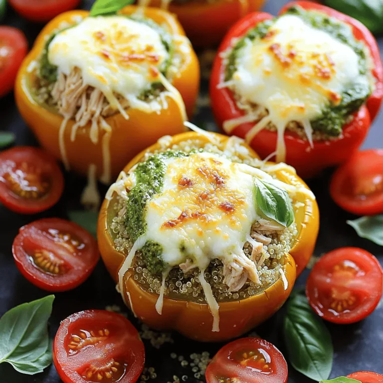 To create these tasty pesto chicken stuffed peppers, you need the following main ingredients: - 4 large bell peppers (any color) - 2 cups cooked chicken, shredded - 1 cup fresh basil pesto - 1 cup cooked quinoa (or rice) - 1 cup cherry tomatoes, halved - 1 cup mozzarella cheese, shredded - 1/4 cup grated Parmesan cheese - 2 tablespoons olive oil - Salt and pepper to taste - Fresh basil leaves for garnish These ingredients bring together rich flavors and textures. The bell peppers provide a sweet crunch. The chicken adds protein, while the pesto gives a bold taste. You can add some optional ingredients to make your dish more exciting. Here are a few ideas: - Sliced black olives - Diced bell peppers (from the tops you cut off) - Spinach or kale for extra greens - Different cheeses like feta or cheddar Feel free to mix and match based on what you like or have at home. These additions can change the flavor profile and make the dish your own. This meal is not just tasty; it's also packed with nutrients. Here’s a quick overview of the key nutritional benefits: - Protein: Chicken and cheese provide a good amount of protein. - Vitamins: Bell peppers are high in vitamins A and C. - Fiber: Quinoa adds fiber to help digestion. - Healthy Fats: Olive oil offers healthy fats, which are good for your heart. Pesto chicken stuffed peppers make for a balanced meal. They are colorful, nutritious, and fun to eat. For the full recipe, check the section above. Start by preheating your oven to 375°F (190°C). While the oven heats, take your bell peppers and cut off the tops. Remove the seeds and membranes inside. This makes room for the tasty filling. Drizzle the outside of each pepper with olive oil. Then, sprinkle with salt and pepper for flavor. Place the peppers in a baking dish, cut side up, and they are ready for stuffing. In a large bowl, combine the shredded chicken with fresh basil pesto. Add the cooked quinoa or rice to the bowl. Next, toss in the halved cherry tomatoes. Mix in half of the mozzarella cheese and half of the Parmesan cheese. Stir everything until it blends well. This mix is where the magic happens. It gives the peppers a burst of flavor. Now it’s time to stuff the peppers. Spoon the chicken and pesto mixture into each pepper. Press down gently to pack it in. This helps ensure every bite is full of flavor. After stuffing, sprinkle the remaining mozzarella and Parmesan cheese on top of each pepper. Cover the baking dish with foil. Bake in the preheated oven for 25 minutes. After 25 minutes, remove the foil. Bake for another 10 to 15 minutes. You want the cheese to be bubbly and golden. When they are done, take the stuffed peppers out of the oven. Allow them to cool for a few minutes. Finally, garnish with fresh basil leaves before serving. For the complete recipe, check the [Full Recipe]. To make stuffed peppers that shine, start with fresh, firm peppers. Choose large ones for easy stuffing. Cut the tops off and remove the seeds gently. This helps keep the peppers intact. Drizzle the outside with olive oil for a nice finish. Season with salt and pepper to enhance their flavor. You can boost the taste by adding extra herbs. Try mixing in some garlic powder or onion powder. A splash of lemon juice can brighten the dish. If you like heat, add red pepper flakes to the filling. Mixing in some olives or artichokes can add a fun twist. Don't forget to taste your filling before stuffing! One common mistake is overcooking the peppers. Bake them just until tender. Also, don’t overstuff the peppers. Press the filling down gently to fit it well. If you skip the cheese topping, the peppers may taste bland. Lastly, remember to cover the dish with foil first. This helps them cook evenly and stay moist. Check out the Full Recipe for more details on making these tasty pesto chicken stuffed peppers! {{image_2}} If you want a meat-free meal, you can make these stuffed peppers vegetarian. Swap the chicken for black beans or chickpeas. They add protein and taste great with pesto. You can also add more veggies like zucchini or spinach for extra flavor. Try using a mix of quinoa and beans for a hearty filling. This option is colorful and really healthy. You can get creative with proteins in these stuffed peppers. If you prefer turkey, it works well too. Shredded rotisserie chicken is another great choice. For a lighter option, use shredded tofu or tempeh. Mix it with pesto for a tasty twist. You can even try seafood like shrimp or crab for a unique flavor. Each protein will change the taste but keep the dish yummy. Think outside the box with your fillings! You can add grains like farro, bulgur, or rice for more texture. Try different cheeses like feta or goat cheese for a tangy kick. Adding nuts like pine nuts or walnuts will give a nice crunch. Want a spicy touch? Mix in some diced jalapeños or hot sauce. The options are endless! For more ideas, check out the Full Recipe. After enjoying your pesto chicken stuffed peppers, store any leftovers in an airtight container. This keeps them fresh and tasty. Place the stuffed peppers in the fridge if you plan to eat them within three days. Make sure they cool down before sealing them up. When it’s time to eat those leftovers, reheating is simple. Preheat your oven to 350°F (175°C). Place the stuffed peppers in a baking dish, cover them with foil, and heat for about 15 to 20 minutes. You want them warm all the way through. If you like your cheese bubbly, uncover them for the last few minutes. If you want to save some for later, freezing is a great option. Wrap each stuffed pepper tightly in plastic wrap, then place them in a freezer bag. They can last up to three months in the freezer. When you’re ready to eat, move them to the fridge to thaw overnight. After thawing, reheat them using the tips above. This way, you enjoy a delicious meal anytime. For the full recipe, check the details above. You can swap quinoa for rice. Brown rice or white rice works well. You can also use couscous or farro. Each option offers a different taste and texture. If you want a lower-carb choice, try using cauliflower rice. Just cook it briefly before mixing it into your filling. Yes, you can prepare these stuffed peppers in advance. Stuff the peppers and cover them tightly. Place them in the fridge for up to a day. When ready to bake, just add a few extra minutes to the cooking time. This makes dinner easy and quick after a busy day. Check for doneness by looking for tender peppers. The cheese should be bubbly and golden brown. A fork should easily pierce the peppers. If you want a softer texture, bake them a bit longer. Follow the recipe for best results. For a full recipe, click [Full Recipe]. Stuffed peppers are a tasty dish that anyone can make. We covered key ingredients, simple steps, and useful tips. You learned about variations for a vegetarian meal and how to store leftovers. Pesto chicken stuffed peppers suit all tastes and are fun to customize. Enjoy making them your way! Cooking should bring joy, and these peppers are a great way to explore flavors. Get cooking!