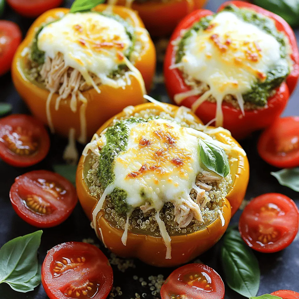 To create these tasty pesto chicken stuffed peppers, you need the following main ingredients: - 4 large bell peppers (any color) - 2 cups cooked chicken, shredded - 1 cup fresh basil pesto - 1 cup cooked quinoa (or rice) - 1 cup cherry tomatoes, halved - 1 cup mozzarella cheese, shredded - 1/4 cup grated Parmesan cheese - 2 tablespoons olive oil - Salt and pepper to taste - Fresh basil leaves for garnish These ingredients bring together rich flavors and textures. The bell peppers provide a sweet crunch. The chicken adds protein, while the pesto gives a bold taste. You can add some optional ingredients to make your dish more exciting. Here are a few ideas: - Sliced black olives - Diced bell peppers (from the tops you cut off) - Spinach or kale for extra greens - Different cheeses like feta or cheddar Feel free to mix and match based on what you like or have at home. These additions can change the flavor profile and make the dish your own. This meal is not just tasty; it's also packed with nutrients. Here’s a quick overview of the key nutritional benefits: - Protein: Chicken and cheese provide a good amount of protein. - Vitamins: Bell peppers are high in vitamins A and C. - Fiber: Quinoa adds fiber to help digestion. - Healthy Fats: Olive oil offers healthy fats, which are good for your heart. Pesto chicken stuffed peppers make for a balanced meal. They are colorful, nutritious, and fun to eat. For the full recipe, check the section above. Start by preheating your oven to 375°F (190°C). While the oven heats, take your bell peppers and cut off the tops. Remove the seeds and membranes inside. This makes room for the tasty filling. Drizzle the outside of each pepper with olive oil. Then, sprinkle with salt and pepper for flavor. Place the peppers in a baking dish, cut side up, and they are ready for stuffing. In a large bowl, combine the shredded chicken with fresh basil pesto. Add the cooked quinoa or rice to the bowl. Next, toss in the halved cherry tomatoes. Mix in half of the mozzarella cheese and half of the Parmesan cheese. Stir everything until it blends well. This mix is where the magic happens. It gives the peppers a burst of flavor. Now it’s time to stuff the peppers. Spoon the chicken and pesto mixture into each pepper. Press down gently to pack it in. This helps ensure every bite is full of flavor. After stuffing, sprinkle the remaining mozzarella and Parmesan cheese on top of each pepper. Cover the baking dish with foil. Bake in the preheated oven for 25 minutes. After 25 minutes, remove the foil. Bake for another 10 to 15 minutes. You want the cheese to be bubbly and golden. When they are done, take the stuffed peppers out of the oven. Allow them to cool for a few minutes. Finally, garnish with fresh basil leaves before serving. For the complete recipe, check the [Full Recipe]. To make stuffed peppers that shine, start with fresh, firm peppers. Choose large ones for easy stuffing. Cut the tops off and remove the seeds gently. This helps keep the peppers intact. Drizzle the outside with olive oil for a nice finish. Season with salt and pepper to enhance their flavor. You can boost the taste by adding extra herbs. Try mixing in some garlic powder or onion powder. A splash of lemon juice can brighten the dish. If you like heat, add red pepper flakes to the filling. Mixing in some olives or artichokes can add a fun twist. Don't forget to taste your filling before stuffing! One common mistake is overcooking the peppers. Bake them just until tender. Also, don’t overstuff the peppers. Press the filling down gently to fit it well. If you skip the cheese topping, the peppers may taste bland. Lastly, remember to cover the dish with foil first. This helps them cook evenly and stay moist. Check out the Full Recipe for more details on making these tasty pesto chicken stuffed peppers! {{image_2}} If you want a meat-free meal, you can make these stuffed peppers vegetarian. Swap the chicken for black beans or chickpeas. They add protein and taste great with pesto. You can also add more veggies like zucchini or spinach for extra flavor. Try using a mix of quinoa and beans for a hearty filling. This option is colorful and really healthy. You can get creative with proteins in these stuffed peppers. If you prefer turkey, it works well too. Shredded rotisserie chicken is another great choice. For a lighter option, use shredded tofu or tempeh. Mix it with pesto for a tasty twist. You can even try seafood like shrimp or crab for a unique flavor. Each protein will change the taste but keep the dish yummy. Think outside the box with your fillings! You can add grains like farro, bulgur, or rice for more texture. Try different cheeses like feta or goat cheese for a tangy kick. Adding nuts like pine nuts or walnuts will give a nice crunch. Want a spicy touch? Mix in some diced jalapeños or hot sauce. The options are endless! For more ideas, check out the Full Recipe. After enjoying your pesto chicken stuffed peppers, store any leftovers in an airtight container. This keeps them fresh and tasty. Place the stuffed peppers in the fridge if you plan to eat them within three days. Make sure they cool down before sealing them up. When it’s time to eat those leftovers, reheating is simple. Preheat your oven to 350°F (175°C). Place the stuffed peppers in a baking dish, cover them with foil, and heat for about 15 to 20 minutes. You want them warm all the way through. If you like your cheese bubbly, uncover them for the last few minutes. If you want to save some for later, freezing is a great option. Wrap each stuffed pepper tightly in plastic wrap, then place them in a freezer bag. They can last up to three months in the freezer. When you’re ready to eat, move them to the fridge to thaw overnight. After thawing, reheat them using the tips above. This way, you enjoy a delicious meal anytime. For the full recipe, check the details above. You can swap quinoa for rice. Brown rice or white rice works well. You can also use couscous or farro. Each option offers a different taste and texture. If you want a lower-carb choice, try using cauliflower rice. Just cook it briefly before mixing it into your filling. Yes, you can prepare these stuffed peppers in advance. Stuff the peppers and cover them tightly. Place them in the fridge for up to a day. When ready to bake, just add a few extra minutes to the cooking time. This makes dinner easy and quick after a busy day. Check for doneness by looking for tender peppers. The cheese should be bubbly and golden brown. A fork should easily pierce the peppers. If you want a softer texture, bake them a bit longer. Follow the recipe for best results. For a full recipe, click [Full Recipe]. Stuffed peppers are a tasty dish that anyone can make. We covered key ingredients, simple steps, and useful tips. You learned about variations for a vegetarian meal and how to store leftovers. Pesto chicken stuffed peppers suit all tastes and are fun to customize. Enjoy making them your way! Cooking should bring joy, and these peppers are a great way to explore flavors. Get cooking!