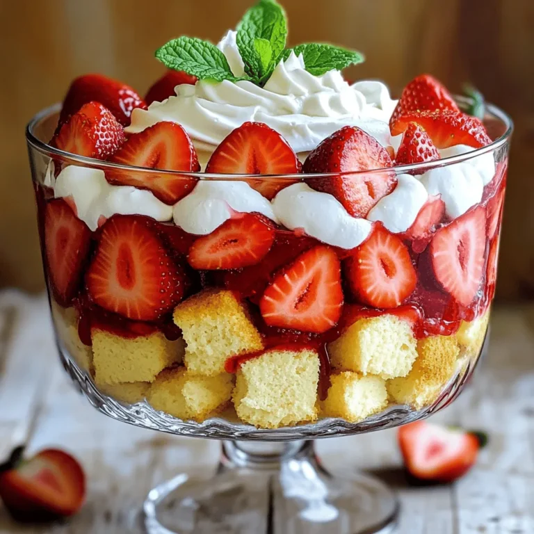 - 2 cups fresh strawberries, hulled and sliced - 1/4 cup granulated sugar - 1 teaspoon vanilla extract - 1 pound of pound cake, cut into cubes - 2 cups heavy whipping cream - 1/2 cup powdered sugar - 1 teaspoon almond extract - Fresh mint leaves for garnish Gathering the right ingredients is key. The fresh strawberries give a sweet and tart flavor. The sugar helps to enhance their natural sweetness. Vanilla extract adds warmth and depth. Using pound cake gives a rich, soft base. Heavy whipping cream is essential for that light, fluffy texture. Powdered sugar sweetens the cream and helps it hold its shape. Almond extract adds a lovely, nutty note. Finally, mint leaves make a pretty garnish that adds a touch of freshness. - Alternate fruits (such as blueberries or raspberries) - Chocolate shavings for garnish - Additional flavored extracts (like coconut or vanilla) Feel free to mix it up! You can add other fruits like blueberries or raspberries for a twist. Chocolate shavings can make it even more special. You might also try different extracts to change the flavor profile. First, take 2 cups of fresh strawberries. Hull and slice them into thin pieces. In a medium bowl, combine the sliced strawberries with 1/4 cup of granulated sugar and 1 teaspoon of vanilla extract. Gently toss the strawberries to coat them well. Let this mixture sit for about 20 minutes. This resting time allows the strawberries to release their sweet juices. Next, grab a large bowl and pour in 2 cups of heavy whipping cream. Use an electric mixer to whip the cream. Start on low speed and then increase to high speed. As the cream thickens, gradually add 1/2 cup of powdered sugar and 1 teaspoon of almond extract. Continue whipping until you see stiff peaks form. This fluffy whipped cream will add a rich texture to your trifle. Now, it’s time to layer your trifle. You can use a large trifle dish or individual glass cups. Start with a layer of pound cake cubes at the bottom. Add a layer of the prepared strawberries, making sure to include some of the juice. Then, spread a layer of the whipped cream over the strawberries. Repeat these layers until you reach the top of your dish. Aim for about 3-4 layers, finishing with a generous layer of whipped cream on top. For a touch of elegance, you can sprinkle extra sliced strawberries on the whipped cream before garnishing with fresh mint leaves. For the full recipe and more details, check the [Full Recipe]. To make your trifle shine, serve it in clear glass dishes. This lets the layers show off their colors and textures. A large trifle bowl is great for parties, but single-serving cups work well too. You can add a few extra strawberries on top of the whipped cream. This adds a nice touch and makes it look more inviting. You can prepare many parts of the trifle ahead of time. Slice the strawberries and mix them with sugar and vanilla the day before. Store them in the fridge to keep them fresh. You can also whip the cream ahead of time. Just keep it in a sealed bowl in the fridge. Assemble your trifle only a few hours before serving for the best taste. One big mistake is over-whipping the cream. It can turn grainy and lose its light texture. Stop mixing as soon as stiff peaks form. Another mistake is using unripe strawberries. They can taste sour and not sweet enough. Always choose ripe, juicy berries for the best flavor. Following these tips will help you make a perfect Strawberry Shortcake Trifle. For more detailed steps, check the Full Recipe. {{image_2}} You can swap out strawberries for other fruits. For a blueberry shortcake trifle, just use fresh blueberries instead of strawberries. The sweet and tart taste blends well with the cream. For a peach trifle, slice fresh peaches and layer them with cake and cream. You can also use raspberries for a bright pop of color. Each fruit brings its own flavor, making your trifle unique and fun. If you need gluten-free options, try a gluten-free cake mix for the layers. Many stores sell these mixes, making it easy to enjoy a tasty treat. For vegan variations, use coconut cream instead of heavy cream. Coconut cream whips up nicely too. It gives a rich flavor that pairs well with fresh fruit. These options let everyone enjoy this delightful dessert. To add more flavor, you can include liqueurs or flavored syrups between layers. A splash of orange liqueur adds a nice touch. You can also drizzle some raspberry syrup for extra sweetness. If you want to be bold, try adding fresh herbs. Basil or mint can give your trifle a fresh twist. Just chop them finely and mix them into the layers. These small changes make a big difference in taste and presentation. For more details on making this treat, check the Full Recipe. To keep your trifle fresh, cover it tightly with plastic wrap. This prevents air from drying it out. Store it in the fridge. It will stay good for about 2-3 days. Can you freeze trifle? Yes, but it’s not ideal. Freezing can change the texture of the whipped cream and strawberries. If you must freeze it, do so without the whipped cream. To thaw, move it to the fridge overnight before serving. To keep layers fresh longer, use dry cake. This helps prevent the cake from absorbing too much moisture. You can also layer the cake with cream or fruit sauce last. This keeps the bottom layers from getting too soggy. Strawberry Shortcake Trifle lasts about 2-3 days in the fridge. It stays fresh if you cover it well. Freezing is not ideal since it can change the texture. The whipped cream may separate when thawed, making it less appealing. Yes, you can make it the night before. This allows the flavors to blend well. Just assemble it in a trifle dish and cover it. For the best taste, try to serve it within 24 hours. This keeps the cake and cream from getting too soggy. You have many tasty options if you need a substitute. Try sponge cake for a lighter texture. Angel food cake works well too. For gluten-free needs, use a gluten-free cake mix. This way, everyone can enjoy the trifle! Absolutely! This trifle can serve 6-8 people easily. If you have more guests, just double the recipe. You can layer it in a big bowl or individual cups. This makes serving easy and fun for everyone. Enjoy your Strawberry Shortcake Trifle Delightful and Simple Treat! For the full recipe, check out the earlier section. This blog post explored the delightful Strawberry Shortcake Trifle. You learned about its simple ingredients, like strawberries, pound cake, and whipped cream. I also shared tips for making it ahead and ways to customize your trifle with different fruits. Remember to avoid common mistakes, like over-whipping cream. Enjoying this treat is easy, whether you're serving a crowd or just treating yourself. Trust me, the layering makes it a feast for your eyes and taste buds. Now, go create your own delicious masterpiece!
