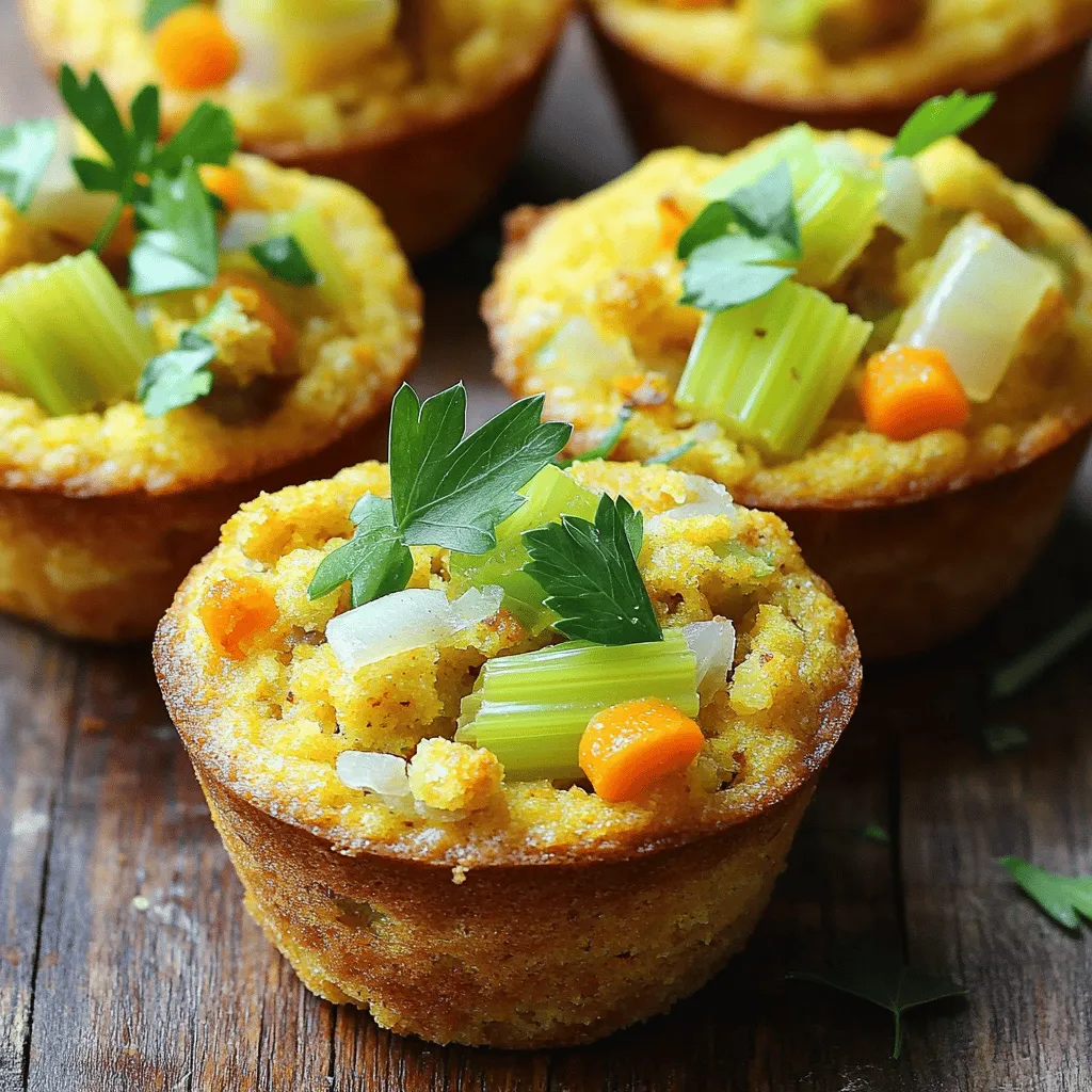 - 2 cups cornbread, crumbled - 1 cup crusty bread, cubed - 1 cup vegetable broth - 1/2 cup celery, finely chopped - 1/2 cup onion, finely chopped - 1/2 cup carrots, finely chopped - 2 cloves garlic, minced - 1 teaspoon dried sage - 1 teaspoon dried thyme - 1 teaspoon dried rosemary - 1/2 teaspoon salt - 1/4 teaspoon black pepper - 2 large eggs - 1/4 cup fresh parsley, chopped (for garnish) - Additional spices or herbs - Nuts or dried fruits - Alternative broth options When I make cornbread stuffing muffins, I often check my pantry for these key ingredients. The cornbread is the star, providing a sweet base. I like to use a mix of cornbread and crusty bread to add texture. Fresh vegetables, like celery, onions, and carrots, give a nice crunch and flavor. Garlic adds depth, while the herbs bring out the best in the dish. You can tailor this recipe to your taste. Want a little heat? Add some red pepper flakes or jalapeños. If you love nuts, toss in some chopped pecans or walnuts. Dried fruits, like cranberries, can add a sweet touch. For broth, vegetable works great, but chicken broth can boost flavor too. Using these ingredients, I create a muffin that is both tasty and simple. These muffins not only look great, but they also pair well with many meals. For the complete recipe, check the Full Recipe section. 1. Preheat your oven to 375°F (190°C). This step is key for even cooking. 2. Grease a muffin tin with non-stick spray. This keeps the muffins from sticking. 3. In a large bowl, combine 2 cups of crumbled cornbread and 1 cup of cubed crusty bread. This forms the base of your muffins. 1. In a skillet over medium heat, add a little olive oil. 2. Sauté 1/2 cup of finely chopped celery, 1/2 cup of finely chopped onion, 1/2 cup of finely chopped carrots, and 2 cloves of minced garlic until softened, about 5-7 minutes. This step builds flavor. 3. Add the sautéed vegetables to the bowl with the bread. Mix well to combine all ingredients. 1. Pour in 1 cup of vegetable broth, and add 1 teaspoon each of dried sage, thyme, and rosemary. Also, add 1/2 teaspoon of salt and 1/4 teaspoon of black pepper. Stir until everything is mixed. 2. In a separate small bowl, beat 2 large eggs. Fold them into the bread mixture until fully incorporated. 3. Spoon the mixture into the greased muffin tin, filling each cup about three-quarters full. 4. Bake in the preheated oven for 20-25 minutes. They should be golden brown, and a toothpick should come out clean. 5. Once baked, cool for a few minutes in the pan. Then transfer the muffins to a cooling rack. Enjoy these cornbread stuffing muffins warm or at room temperature! For detailed steps, check the Full Recipe. To make your cornbread stuffing muffins perfect, follow these tips: - Even Baking and Browning: Place your muffin tin in the center of the oven. This helps heat circulate evenly. Rotate the pan halfway through baking to promote even browning. - Adjusting Moisture: If the mixture seems too dry, add more vegetable broth, one tablespoon at a time. If it's too wet, add more crumbled bread. You want a moist, but not soggy, texture. These muffins shine best when served warm or at room temperature. Their flavors develop as they cool. Pair them with gravy, cranberry sauce, or a fresh salad for a delightful meal. To store leftovers, let the muffins cool completely. Place them in an airtight container in the fridge. They will last for up to three days. For reheating, pop them in the oven at 350°F (175°C) for about 10 minutes. This will help restore their crispiness. You can also microwave them for about 20-30 seconds if you need a quick heat-up. {{image_2}} You can change the flavor of your cornbread stuffing muffins easily. Try using different herbs. For instance, swap out sage for oregano or add a pinch of cayenne for heat. This will give your muffins a unique twist. Adding proteins like sausage or bacon can also elevate the dish. Cook your protein first, then mix it into the bread mixture. The savory notes of sausage or bacon will complement the sweet cornbread perfectly. If you need gluten-free options, use gluten-free cornbread and bread. There are many mixes available that work well. Just make sure to check the labels for hidden gluten. For vegan alternatives, replace the eggs with flaxseed or chia seed. To do this, mix one tablespoon of ground flaxseed or chia seeds with three tablespoons of water. Let it sit for a few minutes until it thickens. This will help bind your muffins without the eggs. You can customize your muffins based on seasonal vegetables. In the fall, add roasted butternut squash or sweet potatoes. In the spring, try adding fresh peas or asparagus. The seasonal veggies will add color and flavor, making your muffins even more delightful. For the Full Recipe, be sure to check the complete instructions and variations to suit your taste! How do I ensure my muffins are not dry? To keep your muffins moist, use enough broth. The mixture should feel wet but not soupy. Bake them just until golden brown. This helps lock in moisture and flavor. You can also add extra veggies like mushrooms or zucchini for added moisture. Can I make these muffins ahead of time? Yes, you can make these muffins ahead of time. Bake them and let them cool. Store them in an airtight container in the fridge for up to 3 days. Reheat them in the oven for a few minutes before serving. Can I freeze cornbread stuffing muffins? Absolutely! Allow the muffins to cool completely. Then, wrap them tightly in plastic wrap and place them in a freezer bag. They can last up to 2 months in the freezer. Just thaw them overnight in the fridge when you're ready to eat. How long do leftovers last in the fridge? Leftovers will stay fresh for about 3 days in the fridge. Keep them in an airtight container to maintain their texture and taste. You can reheat them in the oven or microwave for a quick snack. What can I use instead of vegetable broth? If you don't have vegetable broth, chicken broth works great too. You can also use water, but the flavor may be milder. Adding a pinch of salt or herbs can enhance the taste. Are there alternatives to eggs in this recipe? Yes, you can substitute eggs with flaxseed meal or applesauce. For each egg, mix 1 tablespoon of flaxseed meal with 2.5 tablespoons of water. Let it sit until it thickens. For applesauce, use 1/4 cup per egg. This cornbread stuffing muffins recipe is quick and easy. You will need about 20 minutes to prep and 25 minutes to cook. This recipe makes 12 muffins, perfect for sharing. You can access the complete recipe for Cornbread Stuffing Muffins [here](#). You learned how to make delicious cornbread stuffing muffins. We discussed the ingredients, preparation steps, and baking tips. You can customize these muffins with your favorite herbs and proteins. Remember to store leftovers correctly for the best taste. These muffins are easy to make and perfect for any meal. Enjoy your cooking!