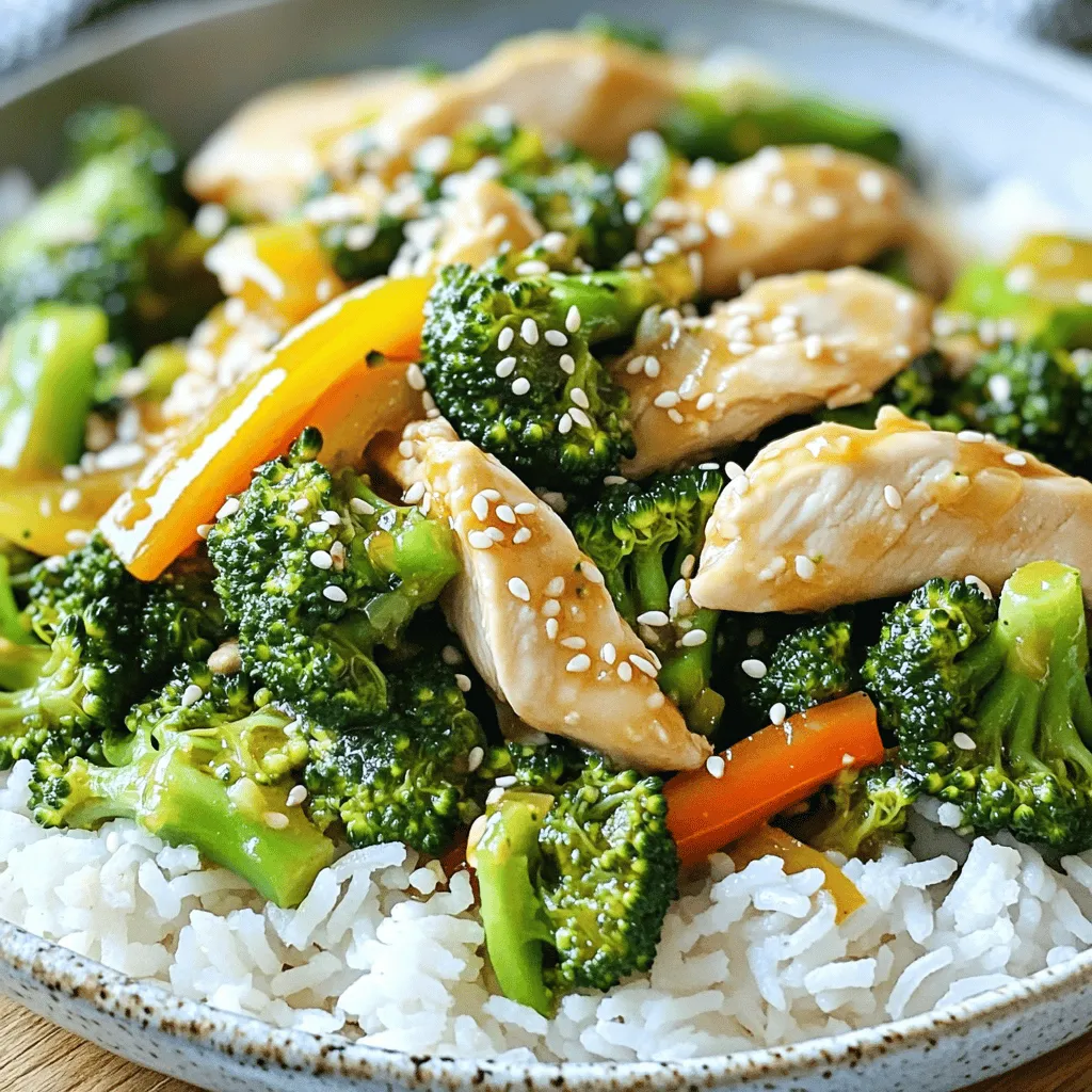 To make this dish, gather these simple ingredients: - 2 boneless, skinless chicken breasts, sliced thinly - 2 cups broccoli florets - 1 bell pepper (any color), julienned - 3 cloves garlic, minced - 1 tablespoon ginger, minced - 3 tablespoons soy sauce (low sodium) - 1 tablespoon sesame oil - 1 tablespoon cornstarch - 1/2 cup chicken broth - 2 tablespoons vegetable oil - Sesame seeds for garnish - Salt and pepper to taste - Cooked rice or noodles for serving For best results, use standard measuring spoons and cups. - Use a tablespoon for liquids and dry ingredients. - Measure out cups for larger amounts, like chicken and broccoli. Want to level up your stir fry? Consider these tasty add-ins: - Add sliced carrots for color and crunch. - Toss in snap peas for a sweet bite. - Use a splash of rice vinegar for tang. - Sprinkle crushed red pepper for heat. - Try sliced green onions on top for freshness. These options can change the taste and make your stir fry unique! For more details, check out the Full Recipe. 1. Gather all the ingredients for your stir fry. You need: - 2 boneless, skinless chicken breasts, sliced thinly - 2 cups broccoli florets - 1 bell pepper, julienned - 3 cloves garlic, minced - 1 tablespoon ginger, minced - 3 tablespoons soy sauce (low sodium) - 1 tablespoon sesame oil - 1 tablespoon cornstarch - 1/2 cup chicken broth - 2 tablespoons vegetable oil - Sesame seeds for garnish - Salt and pepper to taste - Cooked rice or noodles for serving 2. In a small bowl, mix the soy sauce, sesame oil, cornstarch, and chicken broth. Stir until it’s smooth. Set this sauce aside for later. 1. Heat 1 tablespoon of vegetable oil in a large skillet or wok. Use medium-high heat for best results. 2. Add the sliced chicken to the pan. Season it with salt and pepper. Cook for about 4-5 minutes. The chicken should turn golden and be cooked through. Remove the chicken and place it on a plate. 3. In the same pan, add another tablespoon of vegetable oil. Toss in the minced garlic and ginger. Sauté for about 30 seconds. This will make your kitchen smell great! 4. Now, add the broccoli florets and julienned bell pepper. Stir-fry these for 3-4 minutes. You want them tender but still crisp. 5. Put the cooked chicken back into the pan. Pour the sauce over everything. Stir well to coat all the ingredients. Let it cook for an additional 2-3 minutes. The sauce should thicken slightly. 6. Finally, remove the pan from the heat. Sprinkle sesame seeds on top before serving. - Make sure to slice the chicken thinly. This helps it cook faster and evenly. - Do not overcrowd the pan. Cook in batches if needed. This keeps the chicken juicy. - Always check the chicken’s color. It should be white and opaque when done. - Use a meat thermometer if you have one. Aim for 165°F (75°C) for safe eating. Now you're ready to enjoy your Easy Chicken and Broccoli Stir Fry! For the full recipe, refer back to the ingredients section. Stir-frying is quick and fun. Here’s how to do it right: - Prep all your ingredients first. This makes cooking smooth. - Use high heat. This keeps the veggies crunchy. - Cut food into small pieces. This helps everything cook evenly. - Keep stirring. This prevents burning and helps food cook fast. Avoid these errors for the best stir-fry: - Overcrowding the pan. This causes steaming instead of frying. - Not using enough oil. Oil helps everything move and cook well. - Cooking too slowly. Stir-frying needs quick cooking to keep flavors fresh. Having the right tools makes cooking easy: - Wok or large skillet. A wide surface lets food cook evenly. - Wooden spatula or tongs. These help you stir without scratching your pan. - Measuring spoons and cups. These ensure your sauce is balanced. By following these tips and tricks, your Easy Chicken and Broccoli Stir Fry will shine. For the complete recipe, check out the Full Recipe section. {{image_2}} You can switch up the protein in this dish. Try shrimp, beef, or tofu for a twist. Shrimp cooks fast and adds a nice flavor. Beef gives a hearty touch. Tofu is great for a plant-based choice. Just cut it into cubes and sauté until golden. If you want a vegetarian version, skip the chicken. Use tofu or tempeh instead. Both options soak up flavors well. You can also add more veggies, like carrots or snap peas. For a vegan dish, use vegetable broth in the sauce mix. The sauce is key to this stir fry. You can change it easily. Add chili paste for heat or honey for sweetness. Try adding peanut butter for a creamy texture. For a fresh twist, mix in lime juice or rice vinegar. These small changes make big flavors! For the full recipe, check out the [Full Recipe]. To keep your Easy Chicken and Broccoli Stir Fry fresh, cool it first. Place it in an airtight container. This helps prevent moisture loss and keeps flavors strong. Store in the fridge for up to three days. If you plan to eat it later, consider freezing. When you're ready to eat, reheat your stir fry on the stove for best taste. Use medium heat and add a splash of water or broth. This keeps the dish moist and flavorful. Stir often until hot, about 5-7 minutes. You can also use the microwave. Heat in short bursts, stirring in between. This helps heat evenly. If you want to prep meals, freezing is a great option. Cool the stir fry completely before freezing. Portion it into freezer-safe bags or containers. Squeeze out extra air to prevent freezer burn. It can last up to three months in the freezer. When you're ready to eat, thaw it overnight in the fridge and reheat as above. This keeps the flavors vibrant and fresh. For the full recipe, check out the details above! You can store Easy Chicken and Broccoli Stir Fry in the fridge for up to three days. Just place it in an airtight container. It stays fresh and tasty this way. When you're ready to eat, just reheat it in a pan or microwave. Yes, you can use frozen broccoli. It saves time and still tastes great. Just make sure to thaw it and drain excess water before cooking. This helps keep your stir fry from getting soggy. You can serve this dish with steamed rice or noodles. Both options soak up the sauce well. You might also add a side salad for extra crunch. If you want something light, try a cucumber salad. You now have a complete guide to making Easy Chicken and Broccoli Stir Fry. We covered ingredients, step-by-step cooking methods, helpful tips, and variations for extra flavor. Storing your leftovers properly ensures they stay fresh. Don't shy away from experimenting with proteins and sauces to make this dish your own. Using the right tools and avoiding common mistakes will help you create a perfect stir fry every time. Enjoy cooking and have fun with this quick and easy meal!