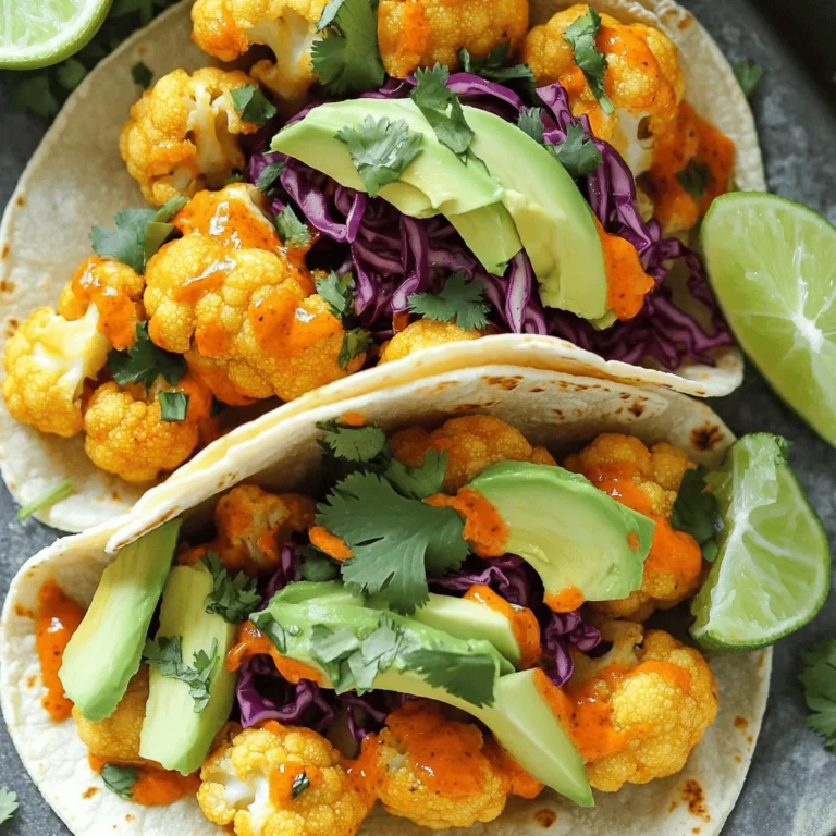 To make your Buffalo Cauliflower Tacos, you need a few simple items. Here’s what you will need: - 1 medium head of cauliflower, cut into florets - 1 cup all-purpose flour - 1 cup water - 1 teaspoon garlic powder - 1 teaspoon onion powder - 1 teaspoon smoked paprika - 1 teaspoon salt - 1 cup buffalo sauce - 8 small corn tortillas - 1 avocado, sliced - 1 cup red cabbage, thinly sliced - Fresh cilantro, for garnish - Lime wedges, for serving These ingredients come together for a tasty and satisfying dish. The cauliflower gives a nice crunch, while the buffalo sauce adds a spicy kick. The creamy avocado and crunchy cabbage balance the heat perfectly. You can find the full recipe above to guide you through each step in detail. Enjoy making this delightful meal! 1. Preheat the oven and prepare baking sheet First, heat your oven to 450°F (230°C). This high heat helps the cauliflower get crispy. Next, line a baking sheet with parchment paper. This will keep the cauliflower from sticking. 2. Create the batter for cauliflower In a bowl, mix together 1 cup of all-purpose flour, 1 cup of water, 1 teaspoon of garlic powder, 1 teaspoon of onion powder, 1 teaspoon of smoked paprika, and 1 teaspoon of salt. Whisk until smooth. This batter should be thick enough to coat the florets well. 1. Properly coat the cauliflower florets Take each cauliflower floret and dip it into the batter. Make sure it is fully covered. Let any extra batter drip off before placing them on the baking sheet in a single layer. 2. Baking time and flipping instructions Bake the cauliflower for 20-25 minutes. Halfway through, flip the florets to ensure even cooking. They should look golden and crispy when done. 1. Warming the tortillas In a separate pan, warm the corn tortillas over medium heat. Heat each side for about 30 seconds. This makes them soft and easy to fold. 2. Layering ingredients for the perfect taco On each tortilla, place a few buffalo cauliflower florets. Add slices of avocado and a handful of red cabbage on top. Finish with fresh cilantro and serve with lime wedges on the side. For the full recipe, check out the complete steps. Enjoy this tasty dish! To make your cauliflower crispy, follow these baking tips: - High Heat: Always bake at 450°F (230°C). This creates a nice crunch. - Single Layer: Spread florets out on the baking sheet. Crowding them can make them soggy. - Flip Halfway: Turn the florets halfway through baking. This helps them brown evenly. For extra crispiness, try these methods: - Cornstarch: Mix cornstarch with the flour for a crispier batter. - Air Frying: Use an air fryer instead of baking. This method cooks faster and adds crunch. For a flavor boost, consider these seasonings and toppings: - Spices: Add cayenne or chili powder for more heat. - Toppings: Try pickled jalapeños or diced tomatoes for freshness. - Creamy Sauce: A drizzle of ranch or vegan mayo adds creaminess. To customize the heat level, adjust the buffalo sauce. Use mild sauce for a gentle kick or extra hot for a fiery bite. You can also mix in some honey for sweetness, balancing the heat. For the complete experience, check out the Full Recipe. Enjoy creating delicious buffalo cauliflower tacos! {{image_2}} You can easily modify this recipe to fit your needs. If you need gluten-free options, swap the all-purpose flour with gluten-free flour. Many brands work well, so choose one you like. For dairy alternatives, use cashew cream or coconut yogurt instead of sour cream. These options add a rich flavor without dairy. They also keep the dish light and fresh. If you want a lighter meal, try a salad version. Just toss crispy buffalo cauliflower with mixed greens. Top it with avocado, red cabbage, and your choice of dressing. You can also serve the tacos with dips or sauces. Try ranch or blue cheese dressing on the side. These sauces balance the spice of the buffalo sauce. They add creaminess and extra flavor to each bite. To keep your buffalo cauliflower tacos fresh, wrap them in foil or store them in an airtight container. Place them in the fridge within two hours of cooking. This helps keep the flavors and textures intact. When stored properly, they last for up to three days. For reheating, use an oven or an air fryer for best results. Preheat the oven to 350°F (175°C). Place the tacos on a baking sheet for about 10-15 minutes. This way, the tortillas stay crispy, and the cauliflower warms up nicely. An air fryer also works well; just heat them for five to seven minutes at 350°F (175°C). You can freeze the cauliflower florets before they are cooked. After you cut the cauliflower into florets, blanch them in boiling water for about two minutes. Then, cool them in ice water. Drain and dry the florets, then place them in a freezer bag. They can stay frozen for up to three months. If you want to reheat frozen cauliflower, first thaw them in the fridge overnight. Then, bake or air fry them as you would fresh florets. Cook them at 450°F (230°C) for about 20-25 minutes. This keeps the taste and crunch. You can add these to your tacos later! Try this method to enjoy your buffalo cauliflower tacos anytime. For the full recipe, check the detailed cooking instructions. Can I use frozen cauliflower? Yes, you can use frozen cauliflower. Just thaw it first. Pat it dry to remove excess moisture. This helps the batter stick better. Frozen cauliflower may not get as crispy, but it still tastes great. Is this recipe vegan-friendly? Yes, this recipe is vegan. It contains no meat or dairy. The batter and sauce are plant-based. You can enjoy these tacos without any animal products. How many calories per serving? These tacos have about 300 calories per serving. This number may vary based on toppings. Avocado and sauces can add extra calories. What can I serve with these tacos? You can serve these tacos with a side salad or chips. Black beans or rice also pair well. For a refreshing touch, add a fruit salsa. Enjoy them with your favorite drinks too! You’ve learned how to make tasty buffalo cauliflower tacos from scratch. We covered the ingredients, preparation steps, and helpful tips. You can customize the flavors and even store leftovers for later. Remember, making these tacos can be fun and simple. Try new variations and enjoy every bite. You’ll impress your friends and family with this dish. Now, gather your ingredients and get cooking!