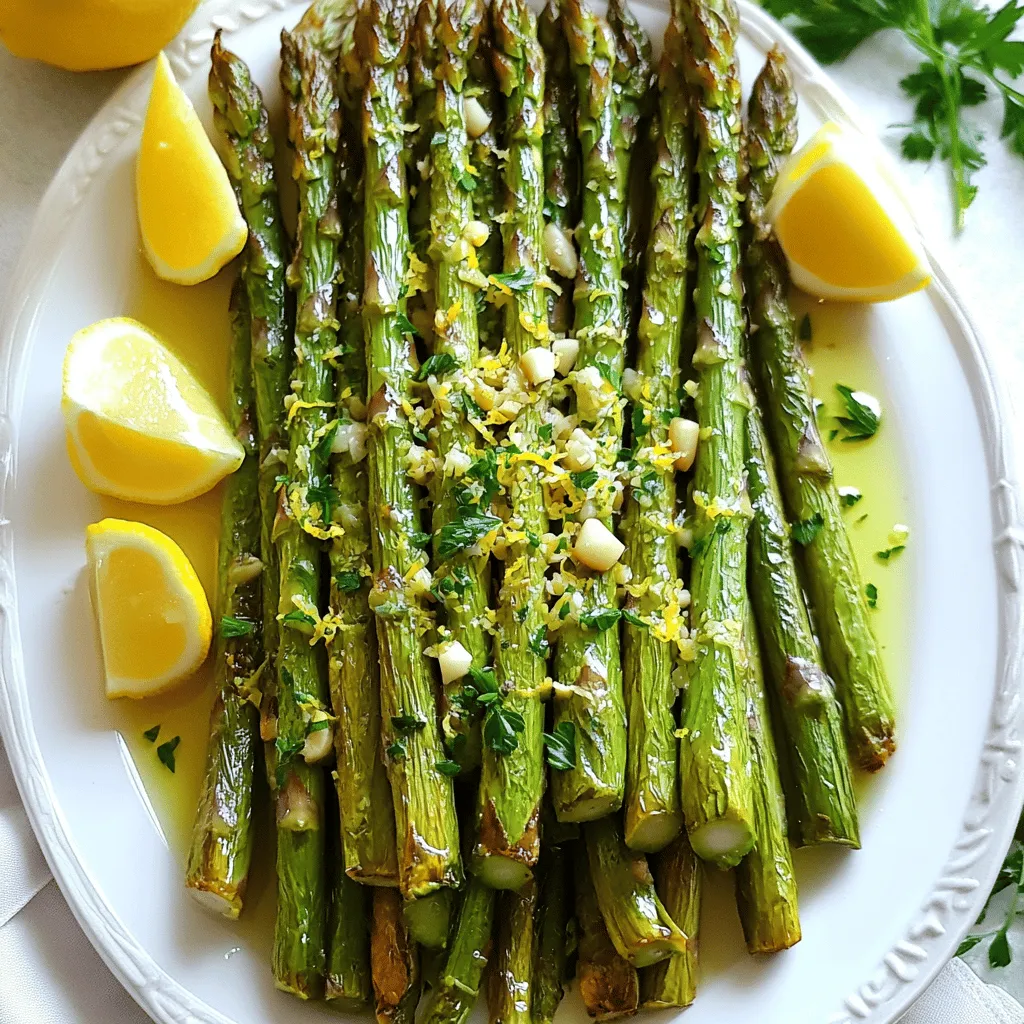 For this simple dish, you need a few key items. Here is what you will use: - 1 pound fresh asparagus, trimmed - 3 tablespoons olive oil - 4 cloves garlic, minced - Zest of 1 lemon - 2 tablespoons fresh lemon juice - 1 teaspoon sea salt - 1/2 teaspoon black pepper These ingredients form the base of your flavor. The asparagus shines with the bright taste of lemon and garlic. If you want to take this dish to the next level, consider adding these: - 1/4 teaspoon red pepper flakes (optional) - Grated Parmesan cheese (optional for serving) The red pepper flakes add a nice kick. The cheese brings a creamy texture that pairs well with the asparagus. You might not have all the items on hand. Here are some easy swaps: - Use lemon juice if you lack fresh lemons. - Any mild oil can replace olive oil. - Garlic powder can stand in for fresh garlic, but use less. These swaps keep the dish tasty while making it easier to prepare. For the full recipe, check the main article. First, gather all your ingredients. You need fresh asparagus, olive oil, garlic, lemon zest, lemon juice, sea salt, black pepper, and red pepper flakes if you like some heat. Start by preheating your oven to 425°F (220°C). This high heat helps the asparagus roast quickly, giving it a nice crispy edge. Next, trim the tough ends of the asparagus. You can do this by bending the stalks gently until they snap. This point is where the asparagus is tender. Place the trimmed asparagus in a large mixing bowl. Now, let's make the lemon-garlic mix. In a separate bowl, whisk together the olive oil, minced garlic, lemon zest, lemon juice, sea salt, black pepper, and the red pepper flakes if you choose to use them. This mix will add a bright flavor to the asparagus. Once combined, pour this mixture over the asparagus. Toss it gently until every stalk is coated. This step ensures that each bite bursts with flavor from the lemon and garlic. Now, it’s time to roast! Lay the coated asparagus in a single layer on a baking sheet. Avoid overcrowding; this helps them roast evenly. If you put too many on one tray, they will steam instead of roast. Roast the asparagus in the oven for 12-15 minutes. The exact time will depend on how thick your asparagus is. Check them halfway through to make sure they are not burning. The goal is tender yet slightly crispy asparagus. Once they are done, take them out of the oven. Let them cool for a minute; they will be very hot. To achieve the best texture, keep an eye on your roasting time. Thin stalks need less time than thicker ones. You want the asparagus to be bright green and tender to the bite. If you prefer a bit of crunch, roast them closer to 12 minutes. If you like them softer, go up to 15 minutes. For a gourmet touch, sprinkle grated Parmesan cheese on top after roasting. It adds a nice salty flavor that pairs well with the lemon and garlic. Enjoy your Lemon Garlic Roasted Asparagus as a side dish or toss it into salads for a fresh twist! For the full recipe, check the details above. For the best results, I recommend roasting asparagus at 425°F (220°C). This high heat makes the asparagus tender and crispy. Roast for about 12 to 15 minutes. Thicker asparagus may need a little more time. Keep an eye on them to avoid burning. The goal is a bright green color with a slight crisp. Look for bright green stalks with firm tips. Avoid asparagus with wilted or slimy ends. The stalks should snap easily when bent. If they feel soft, they aren't fresh. Fresh asparagus is best for this dish. You want the flavors to shine through. To enhance the taste, coat the asparagus well with the lemon-garlic mixture. Let it sit for a few minutes before roasting. This allows the flavors to soak in. You can also add grated Parmesan cheese after roasting for extra richness. For a kick, sprinkle red pepper flakes before serving. For the full recipe, check the section above. {{image_2}} You can easily make this dish vegan and gluten-free. The main ingredients, asparagus, olive oil, garlic, and lemon, are already vegan and gluten-free. Skip the Parmesan cheese or replace it with a vegan alternative. This keeps the dish flavorful while meeting dietary needs. Roasting other veggies with asparagus can add color and taste. Consider adding bell peppers, cherry tomatoes, or carrots. Chop them into similar sizes as the asparagus. Toss them in the same lemon-garlic mixture for a cohesive flavor. This creates a vibrant and tasty side dish that everyone will enjoy. Experiment with different herbs and spices to change the flavor profile. Fresh thyme or rosemary adds a lovely aroma. You could also try dill for a unique twist. For heat, add a touch of cayenne pepper instead of red pepper flakes. These simple changes can make your dish stand out. For the complete flavor journey, check out the Full Recipe. To keep your lemon garlic roasted asparagus fresh, place it in an airtight container. Store it in the fridge for up to 3 days. Make sure the asparagus is cool before sealing the container. This helps prevent sogginess. Avoid stacking to keep the spears intact and crisp. When you're ready to enjoy leftovers, I suggest reheating them in the oven. Preheat to 350°F (175°C). Spread the asparagus on a baking sheet. Heat for about 10 minutes or until warmed through. This method keeps the asparagus crispy. You can also use a microwave, but be careful. Microwaving may make the spears soft. Freezing is an option, but it's not ideal for this dish. If you choose to freeze, blanch the asparagus first. Boil for 2 minutes, then plunge into ice water. Drain and dry before placing in a freezer-safe bag. Squeeze out as much air as possible. Use within 2 months for the best flavor. When ready to use, thaw in the fridge overnight and roast again for a fresh taste. For the full recipe, check the recipe section above. You can tell asparagus is done when it turns bright green and is tender. It should be slightly crispy. To test, poke a spear with a fork. If it goes in easily, it's ready. The roasting time is usually between 12 to 15 minutes. Keep an eye on it, as thin spears cook faster than thick ones. Yes, you can use frozen asparagus, but fresh is better. Frozen asparagus may lose some crispness. If you use frozen, thaw and drain it first. Pat it dry with a paper towel. This helps get rid of extra water. This way, your dish won't be soggy. Lemon garlic roasted asparagus pairs well with many dishes. Try it with grilled chicken or fish for a nice balance. It also complements pasta dishes nicely. For a vegetarian option, serve it with quinoa or brown rice. You can find the full recipe linked above for more ideas! Lemon garlic roasted asparagus is a simple and tasty dish. We covered the right ingredients and steps to make it well. You learned how to choose fresh asparagus and perfect the texture. I shared tips for cooking time and added flavor variations to try. Lastly, you can store leftovers or freeze them for later. Enjoy making this dish with your own twist. It’s easy, fun, and always a hit. Happy cooking!