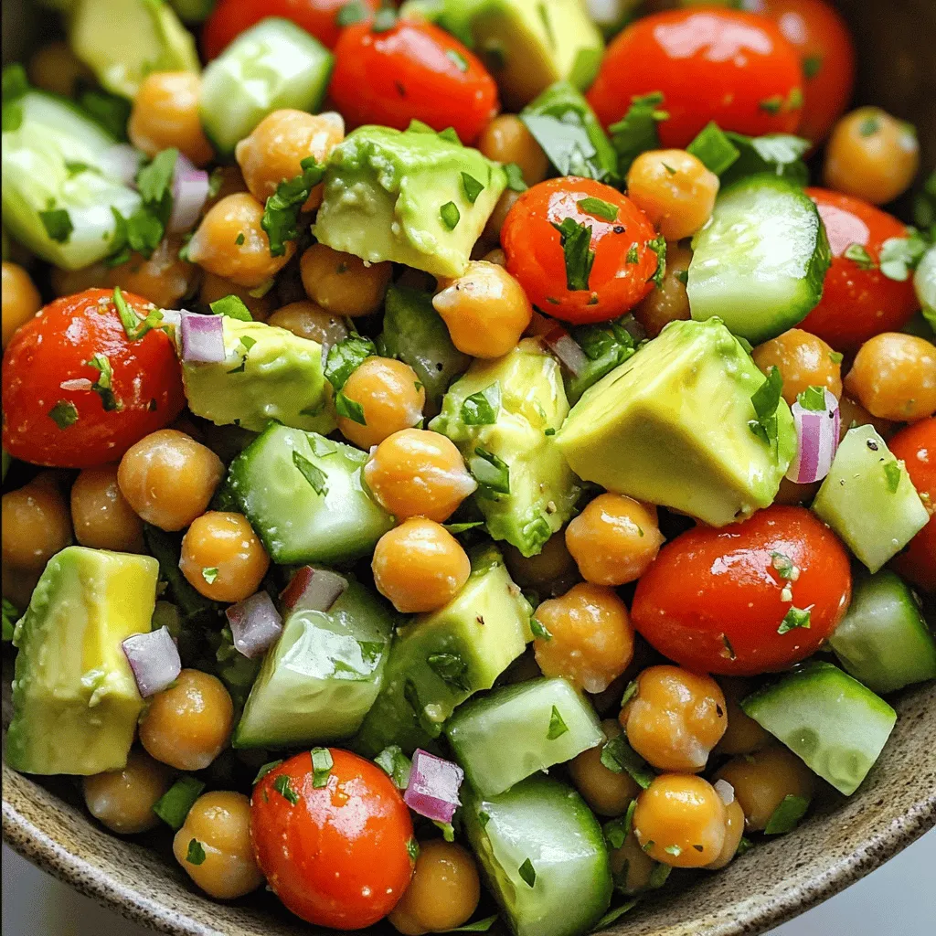 - 1 can (15 oz) chickpeas, drained and rinsed - 1 large ripe avocado, diced - 1 cup cherry tomatoes, halved - 1 cucumber, diced - 1/4 red onion, finely chopped - 2 tablespoons fresh cilantro, chopped (or parsley) - 1 tablespoon olive oil - 1 teaspoon paprika - 1 teaspoon garlic powder - Juice of 1 lime - Salt and pepper to taste - Cheese (e.g., feta or goat cheese) - Nuts or seeds (e.g., pumpkin seeds) - Extra veggies (e.g., bell peppers) Gathering these ingredients makes it easy to create a refreshing dish that pops with flavor. The chickpeas give a nice crunch. The avocado adds creaminess. The fresh veggies bring bright color and taste. You can mix in cheese or nuts for extra flair. Lime juice ties it all together with a zesty kick. For the full recipe, check out the detailed instructions above. - Preheat your oven to 400°F (200°C). - Pat the chickpeas dry with paper towels. Place them in a mixing bowl. - Drizzle the chickpeas with olive oil, paprika, garlic powder, salt, and pepper. Toss to coat each chickpea well. - Spread the seasoned chickpeas in a single layer on a baking sheet. Bake for 25-30 minutes. Stir halfway through to ensure even crispiness. - While the chickpeas bake, combine diced avocado, halved cherry tomatoes, diced cucumber, finely chopped red onion, and chopped cilantro in a large bowl. - Once the chickpeas are crispy, remove them from the oven and let them cool slightly. Add the warm chickpeas to the salad bowl. - Drizzle lime juice over the salad. Gently toss all the ingredients to combine. Taste and adjust seasoning as needed. This simple, vibrant salad bursts with flavor. For the full recipe, check the earlier sections. To make your chickpeas crispier, dry them well. After rinsing, use paper towels to pat them dry. You want to remove extra moisture. For oven temperature, preheat to 400°F (200°C). This high heat helps the chickpeas get crunchy and golden. Bake them for 25 to 30 minutes. Stir halfway through for even cooking. Choosing ripe avocados is key. Look for avocados that yield slightly when you press them. If they feel hard, they are not ready. Once you have ripe avocados, slice them carefully. Cut them in half, remove the pit, and scoop the flesh out. Dice the avocado into small pieces. This adds a nice texture to the salad. Presentation makes a dish special. Serve the salad in a large bowl or on individual plates. For a pop of color, garnish with extra cilantro and lime wedges. Pair this salad with a light drink, like iced tea or sparkling water. For sides, consider grilled chicken or a crusty bread to complete your meal. {{image_2}} You can add grilled chicken or shrimp for extra protein. These meats bring a nice flavor and make the salad more filling. Simply grill the meat, slice it, and toss it in with the other ingredients. If you prefer vegan options, try adding tofu or tempeh. These plant-based proteins soak up flavors well. Tofu is smooth and light, while tempeh has a nutty taste. Both options will keep your salad hearty and satisfying. Experimenting with dressings can elevate the salad. A creamy tahini dressing adds richness. You can also try a zesty vinaigrette with mustard and honey for a sweet kick. Just mix your chosen dressing in a bowl and pour it over the salad. Spicing it up with different herbs can add depth. Basil or mint can give a fresh twist. You might also try dill for a unique taste. Fresh herbs brighten the dish and make every bite exciting. Utilizing seasonal vegetables makes the salad even better. In summer, add bell peppers or zucchini. In fall, roasted sweet potatoes can add warmth and sweetness. Seasonal veggies not only taste great but also support local farmers. Adjusting for festive occasions is easy. For holiday meals, add pomegranate seeds for color and sweetness. You can also sprinkle nuts or seeds for crunch and added nutrition. Each season brings new flavors to explore in your crispy chickpea avocado salad. To keep your Crispy Chickpea Avocado Salad fresh, store it in the fridge. Place the salad in an airtight container. This helps keep the flavors and textures intact. You can store it for up to three days. Avoid mixing dressing into the salad until you are ready to eat. This keeps the salad from getting soggy. For long-term storage, you can freeze chickpeas. First, spread them out on a baking sheet. Freeze them for a few hours until solid. Then, transfer them to a freezer bag. This way, they stay fresh for up to three months. Keep avocados fresh by storing them whole. If cut, sprinkle lime juice on the flesh. Wrap it tightly in plastic wrap and refrigerate. This helps prevent browning. To reheat crispy chickpeas, use the oven. Preheat it to 375°F (190°C). Spread the chickpeas on a baking sheet. Bake for about 5-10 minutes until warm and crispy again. You can serve the salad with fresh greens or tortilla chips. This adds a nice crunch and flavor. For a twist, drizzle extra lime juice before serving. Enjoy your salad's fresh taste! To make your chickpeas crispy, start by drying them well. Pat them with paper towels after rinsing. This removes excess moisture. Next, spread them in a single layer on a baking sheet. Avoid overcrowding. This allows hot air to circulate around them. Common mistakes include not drying the chickpeas or using too much oil. Too much oil can make them soggy. Also, check your oven temperature. If it’s too low, they may not crisp up. Yes, you can prepare parts of this salad ahead of time. Chop the veggies and store them in the fridge. This keeps them fresh and crunchy. You can also cook the chickpeas and let them cool. Store them in an airtight container. To keep the salad fresh, add the avocado just before serving. This prevents browning. You can dress the salad right before eating for the best taste. If you need a substitute for avocado, consider using hummus. It adds creaminess and flavor. Alternatively, you could use cubed tofu for a protein boost. Adjust the flavor by adding a splash of lemon juice or a dash of salt. This helps mimic the rich taste of avocado. This blog post covered all you need for a delicious chickpea salad. We discussed main ingredients like chickpeas, avocado, and fresh herbs. You learned how to bake crispy chickpeas and mix them in with fresh veggies. I shared tips for perfecting your salad, various protein options, and easy storage methods. Remember, you can adjust and play with flavors to make this salad your own. Enjoy creating this tasty dish that’s great for any meal!